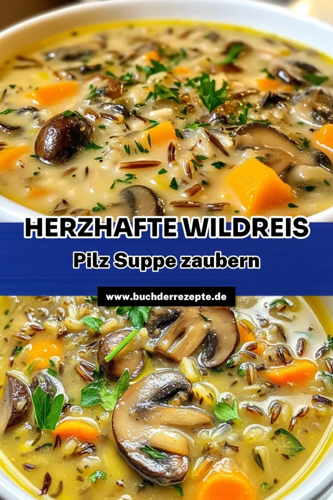 Entdecke dieses köstliche Wildreis Suppe Rezept mit Waldpilzen! Diese gesunde Pilzsuppe vereint die Aromen von Wildreis und Pilzen und ist perfekt für gemütliche Abende. Unsere vegetarische Suppenrezepte sind einfach zuzubereiten und bieten eine nahrhafte Mahlzeit für die ganze Familie. Probiere es aus und genieße jeden Löffel! Speichere das Rezept für später und teile deine Kreation! #WildreisSuppe #WaldpilzSuppeRezept #GesundePilzsuppe #VegetarischeSuppenrezepte