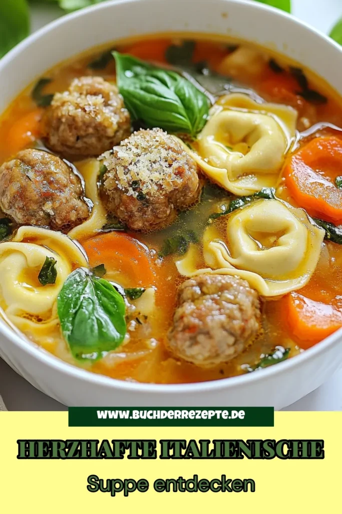Entdecke unser köstliches Rezept für italienische Fleischbällchen Suppe! Diese herzhafte Tortellini Suppe ist perfekt für schnelle Mahlzeiten und verbindet zartes Rinderhackfleisch mit frischen Aromen der italienischen Küche. Ideal für eine wohltuende, schnelle Suppe vegetarisch oder mit Fleisch. Probiere dieses Rinderhackfleisch Rezept jetzt aus und wärme dein Herz! Speichere das Rezept für später! #italienischeKüche #FleischbällchenSuppe #TortelliniSuppeRezept #SchnelleSuppe