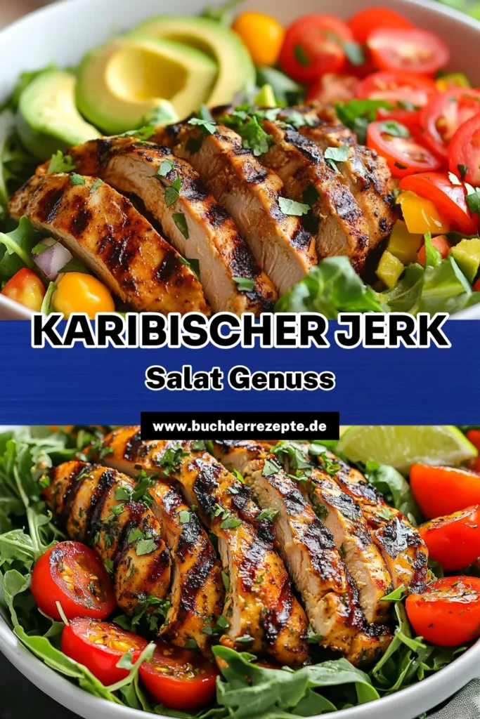 Entdecke das Rezept für einen köstlichen karibischen Jerk-Hühnchen-Salat, der gesund und voller Geschmack ist! Dieses Jerk-Hühnchen-Rezept kombiniert saftiges, gegrilltes Hähnchen mit frischen Zutaten aus der Küche der Karibik. Perfekt für Grillabende oder als leichter Sommer-Salat. Probiere es aus und bring einen Hauch der Karibik auf deinen Tisch! Lass dir dieses Grillrezept mit Hähnchen nicht entgehen! #KaribischerJerkHühnchenSalat #JerkHühnchenRezept #GesunderSalatMitHähnchen #KücheDerKaribik