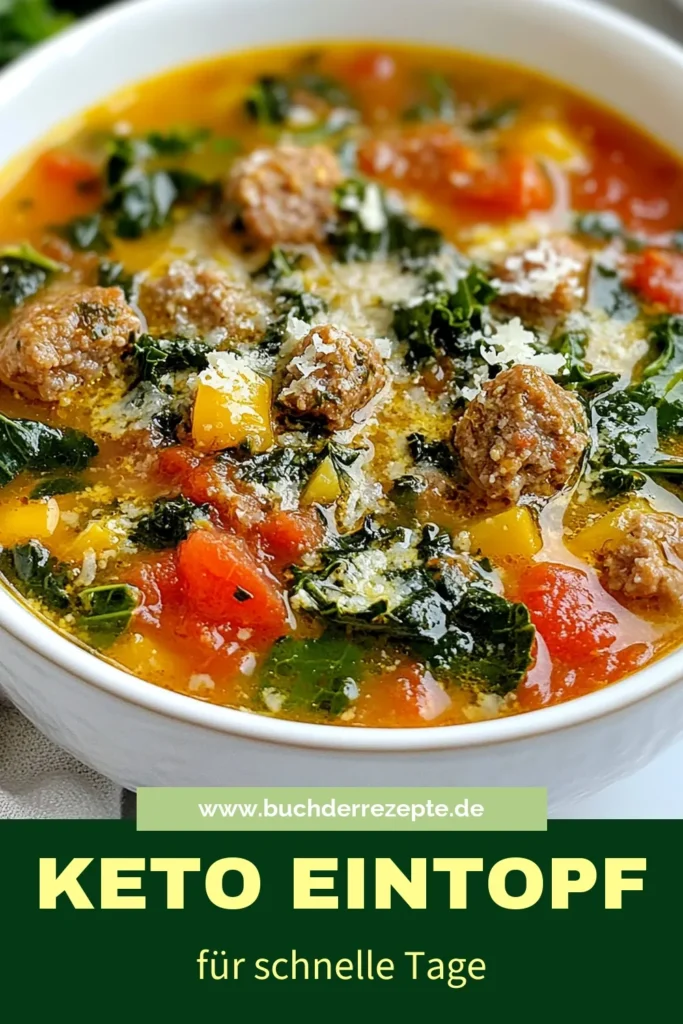 Entdecken Sie diesen köstlichen Keto Toskanischen Eintopf, der einfach und schnell zubereitet ist! Dieses italienische Wurst Rezept kombiniert gesunde Rezepte mit Spinat und ist perfekt für jede kohlenhydratarme Ernährung. Genießen Sie diese nussfreien Keto Rezepte, die Ihre Geschmacksknospen verwöhnen werden. Ideal für ein herzhaftes Abendessen! Probieren Sie das Rezept aus und speichern Sie es für später! #KetoToskanischerEintopf #gesundeRezepte #kohlenhydratarmeEintopfgerichte #nussfreieKetoRezepte