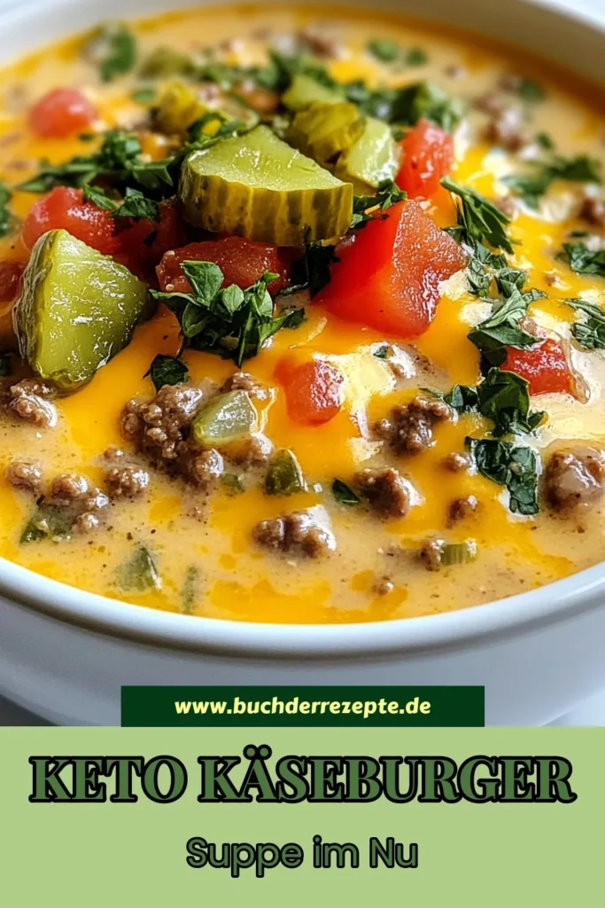 Entdecke die leckere Keto Cheeseburger Suppe! Dieses einfache Keto Rezept vereint die Aromen eines klassischen Cheeseburgers in einer cremigen Käse Suppe, die perfekt für low-carb Ernährungsweisen ist. Mit Rinderhackfleisch, Cheddar-Käse und frischen Tomaten ist diese Keto Suppe nicht nur köstlich, sondern auch sättigend. Probiere es aus und teile dein Ergebnis! #KetoCheeseburgerSuppe #einfacheKetoRezepte #lowcarbSuppen #KetoRezepteMitHackfleisch