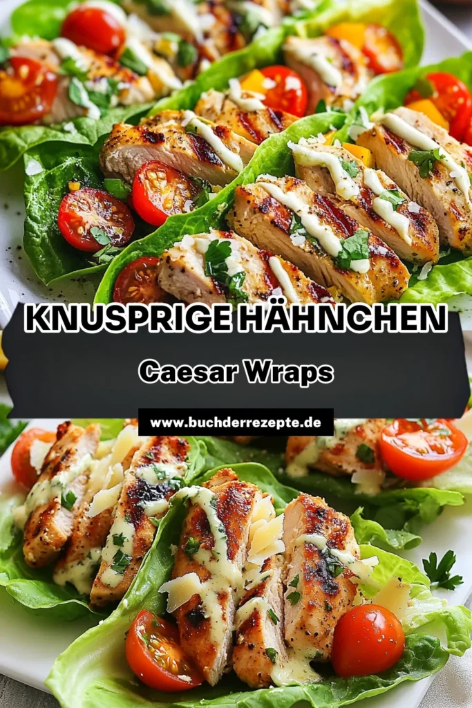 Entdecke das köstliche Rezept für Crispy Chicken Caesar Wraps! Diese gesunden Hähnchen Wraps sind perfekt für eine leichte Mahlzeit und einfach zuzubereiten. Fülle knackigen Römersalat mit gegrilltem Hähnchen, frischen Kirschtomaten und leckerem Caesar-Dressing für ein Low Carb Salat Wrap Erlebnis. Probiere jetzt dieses einfaches Hähnchen Rezept und genieße eine gesunde, schmackhafte Option! Teile es und merke dir das Rezept! #HealthyEating #LowCarbRecipes #WrapItUp #CaesarSaladWraps