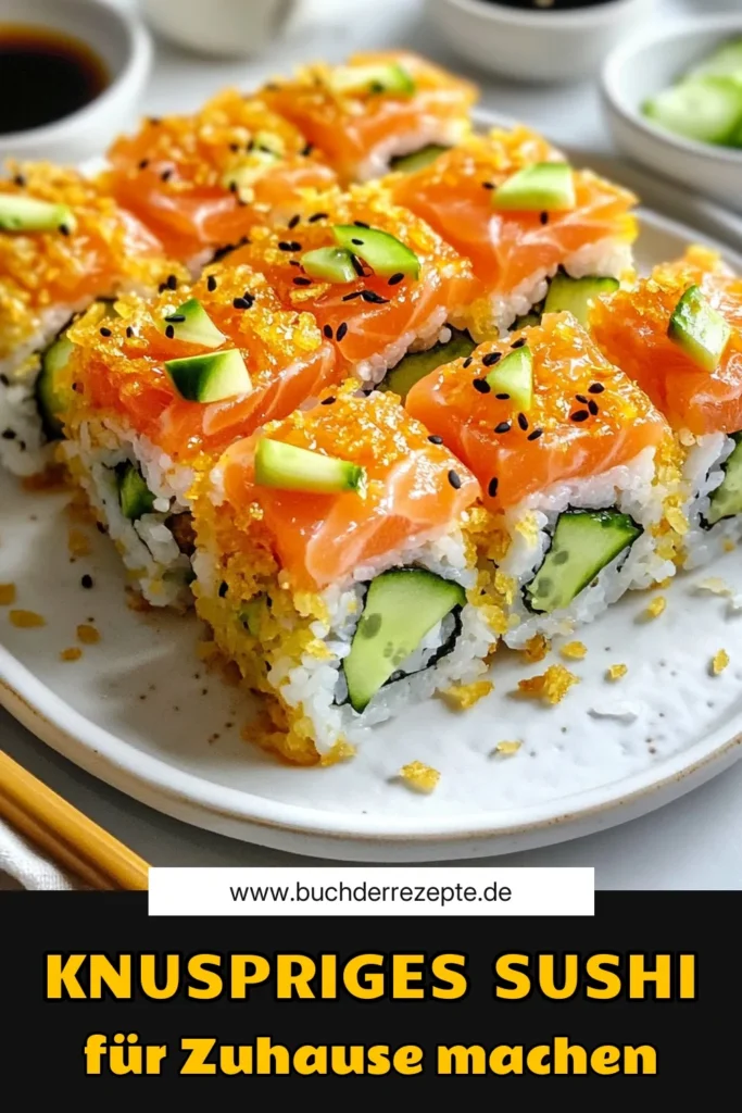 Entdecke unser köstliches Crispy Rice Sushi Rezept! Dieser knusprige Sushi Reis wird perfekt kombiniert mit Lachs und Avocado für ein außergewöhnliches Geschmackserlebnis. Ideal für Anfänger, ist dieses Panko Sushi Rezept einfach nachzukochen. Perfekt als Snack oder leichte Mahlzeit. Lass dich von der Crunchiness überzeugen und teile deine Kreationen! Probiere es aus und speichere es für später! #CrispyRiceSushi #SushiFürAnfänger #KnusprigerSushiReis #PankoSushiRezept