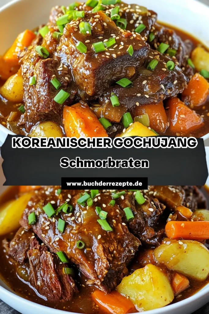 Entdecke das perfekte Rezept für Koreanischer Schmorbraten, zubereitet mit Gochujang Rezept, das deinem Gericht eine köstliche Schärfe gibt! Dieses Rindfleisch mit koreanischer Chilipaste wird durch langsames Garen zart und saftig. Überrasche deine Familie mit diesem asiatischen Rindfleischgericht und genieße die Aromen Koreas. Probiere es aus und lasse dir diesen Gaumenschmaus nicht entgehen! #KoreanischerSchmorbraten #Gochujang #Rindfleisch #LangsamesGaren