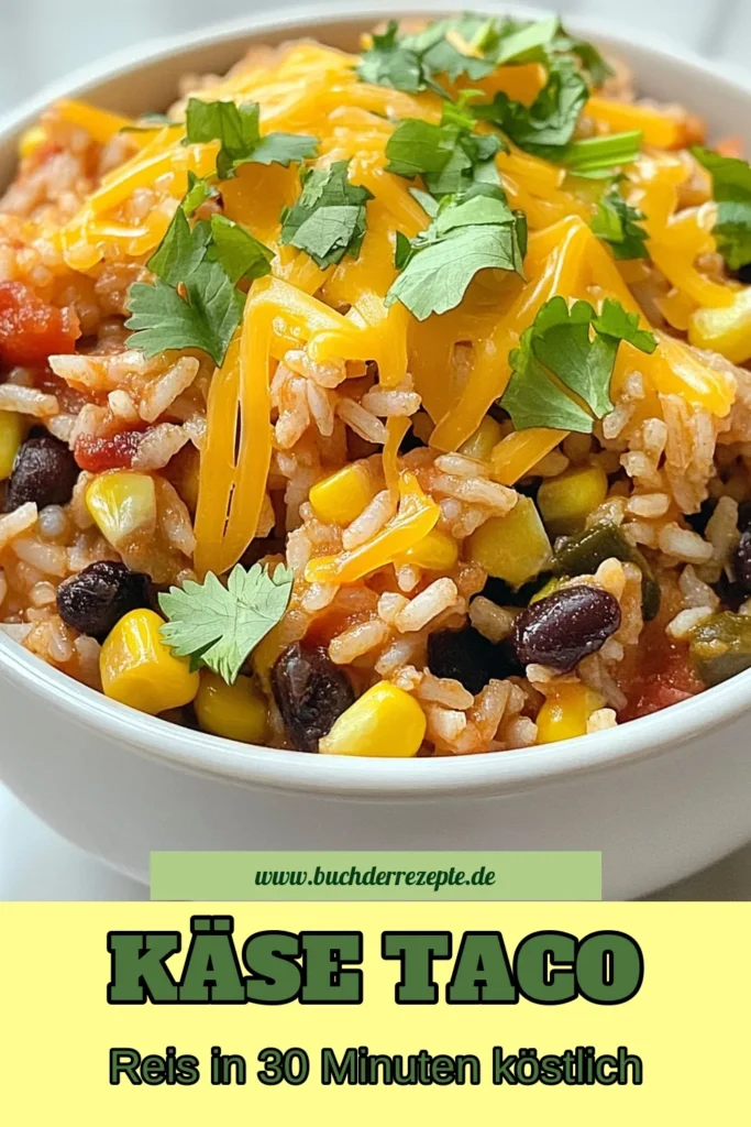 Entdecken Sie unser leckeres Käse-Taco-Reis Rezept, das Ihr Abendessen aufpeppen wird! Das einfache Taco Reis Rezept kombiniert nahrhaften Käse Reis mit Gemüse, perfekt für ein schnelles vegetarisches Taco Gericht. Mit schwarzen Bohnen, Paprika und frischer Salsa ist dieses mexikanische Reisrezept vollmundig und sättigend. Perfekt für die ganze Familie! Probieren Sie es aus und speichern Sie es für später! #KäseTacoReis #TacoRezept #VeggieTaco #MexikansicheKüche