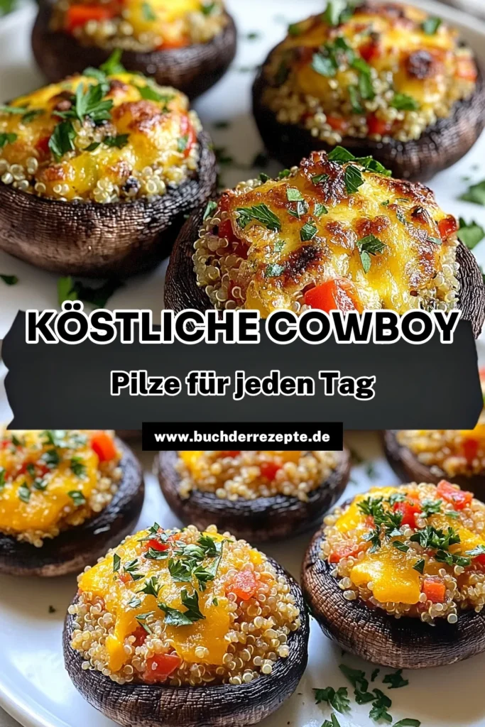 Entdecke unser köstliches Cowboy Pilze Rezept! Diese gefüllten Portobello Pilze sind ein perfektes Quinoa Pilzgericht für alle, die ein gesundes vegetarisches Pilz Rezept suchen. Vollgepackt mit einer leckeren, gesunden Pilzfüllung aus Quinoa, Paprika und Käse sind sie ideal für ein schnelles Abendessen. Probiere es aus und lass dich von diesem einfachen Rezept begeistern! Teile und speichere es! #CowboyPilzeRezept #GefülltePortobelloPilze #QuinoaPilzgericht #VegetarischesPilzRezept