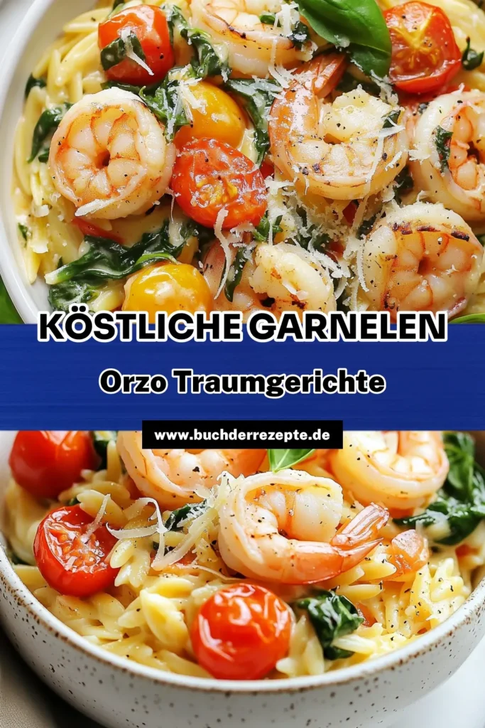 Entdecke dieses köstliche Garnelen Orzo Rezept, das in nur 30 Minuten zubereitet ist! Dieses einfache Gericht mit Garnelen kombiniert cremiges Orzo Rezept mit frischem Spinat und saftigen Kirschtomaten. Ideal für schnelle Mahlzeiten, perfekt als italienische Garnelen Pasta. Hol dir das Rezept jetzt und verwöhne deine Familie! Speichere es für später! #GarnelenOrzo #einfacheGerichte #cremigesOrzo #schnelleMahlzeiten