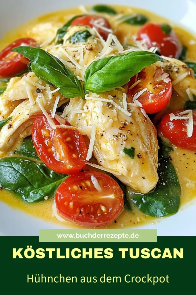 Entdecke unser köstliches Crockpot Hühnchen Rezept für Tuscan Hühnchen mit Knoblauch! Dieses einfache Crockpot Rezept vereint zarte Hähnchenbrust mit würzigen Kirschtomaten und cremiger Sauce. Perfekt für ein italienisches Hühnchengericht, das in wenigen Stunden zubereitet ist. Lass dir dieses cremige Hühnchen Rezept nicht entgehen – du wirst es lieben! Speichere das Rezept und probiere es jetzt aus! #CrockpotHühnchenRezept #TuscanHühnchenmitKnoblauch #einfacheCrockpotRezepte #cremigesHühnchenRezept