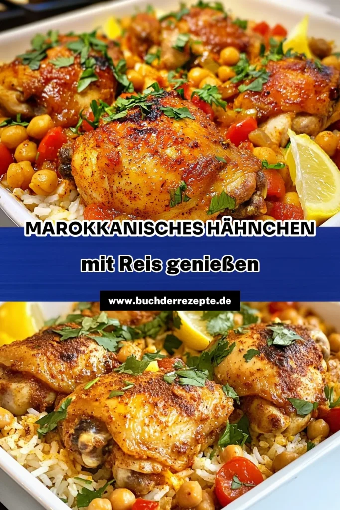 Entdecke dieses köstliche Marokkanisches Hähnchen Rezept! Würziges Hähnchen mit Reis kombiniert zarten Hähnchenschenkeln und würzigem Basmati-Reis, perfekt für ein festliches Abendessen. Lerne, wie man Hähnchenschenkel würzen und Kichererbsengericht Rezept umsetzen kann, um Aromen in dein Zuhause zu bringen. Probiere dieses Rezept noch heute aus und lasse es dir schmecken! #MarokkanischesHähnchen #WürzigesHähnchenMitReis #BasmatiReis #Kichererbsengericht.