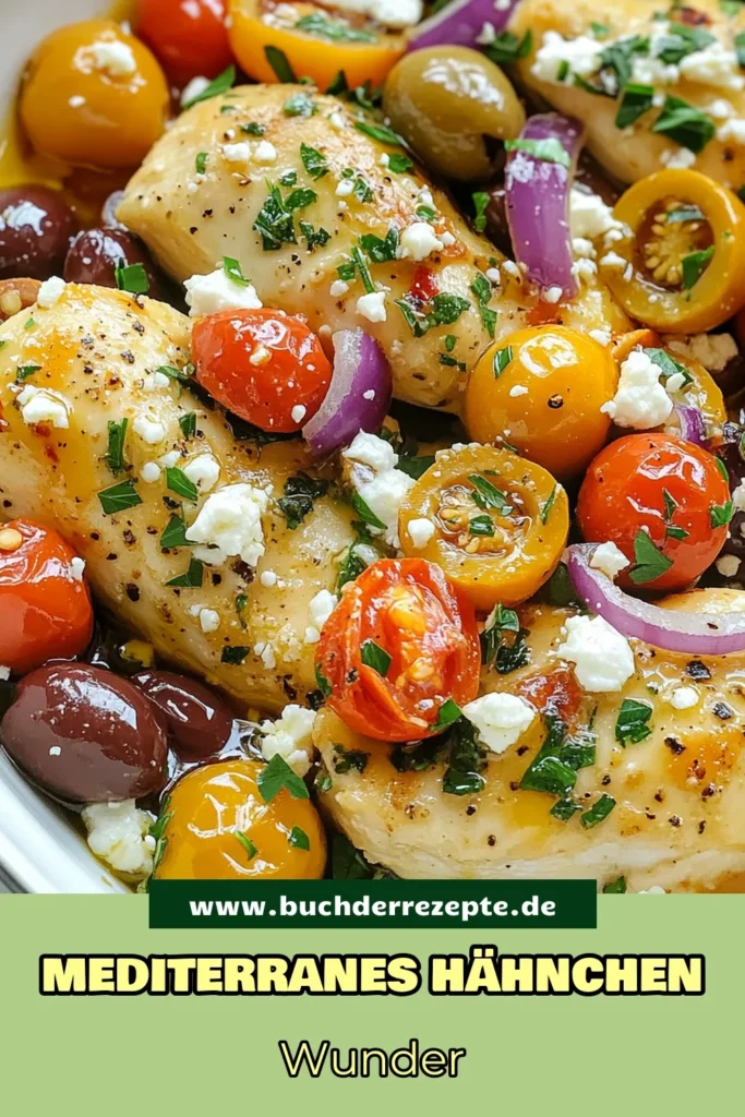 Entdecken Sie unser köstliches mediterranes Hähnchenpfannenrezept mit Feta und Oliven! Dieses einfache Kirschtomaten-Hähnchengericht ist perfekt für schnelle mediterrane Rezepte. Saftiges Hähnchen mit würzigen Kalamata-Oliven und cremigem Feta macht jede Mahlzeit zum Genuss. Ideal für ein gesundes Abendessen in nur 30 Minuten! Speichern Sie das Rezept und probieren Sie es aus! #HähnchenmitFeta #MediterraneRezepte #GesundeHähnchenpfanne #SchnelleRezepte