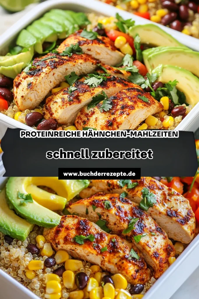 Entdecke dieses proteinreiche Hähnchenrezept für gesunde Meal Prep Ideen! Diese Quinoa Hähnchen Mahlzeiten sind nicht nur einfach zuzubereiten, sondern enthalten auch gesunde Zutaten wie Avocado und schwarze Bohnen. Perfekt für schnelle, sättigende und nahrhafte Abendessen! Folge diesem Rezept für einfache Hähnchengerichte, die dir helfen, deine Fitnessziele zu erreichen. Speicher dir das Rezept für deine nächste Mahlzeitenvorbereitung mit Hähnchen! #ProteinreicheHähnchenrezepte #MealPrep #GesundeRezepte #QuinoaGerichte