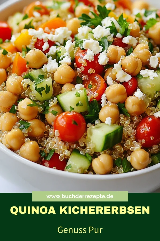 Entdecken Sie unser köstliches Quinoa Salat Rezept, das mit proteinreichen Kichererbsensalat und frischen Zutaten punkten kann! Dieser gesunde Salat mit Feta ist die perfekte vegetarische Mahlzeit für jeden Tag. Genießen Sie den mediterranen Quinoa Salat als leichtes Mittagessen oder schmackhafte Beilage. Lassen Sie sich inspirieren und speichern Sie dieses Rezept für gesunde Essgewohnheiten! #QuinoaSalatRezept #Kichererbsensalat #gesunderSalatmitFeta #vegetarischeMahlzeit