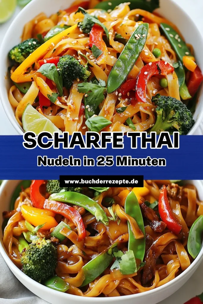 Entdecken Sie dieses leckere Thai Drunken Noodles Rezept mit flachen Reisnudeln, frischem Thai-Basilikum und einer Vielzahl von buntem asiatischen Gemüse. Diese scharfen Nudeln sind einfach zuzubereiten und perfekt für ein schnelles Abendessen. Genießen Sie die Aromen Thailands direkt in Ihrer Küche! Jetzt ausprobieren und Ihre Liebsten begeistern! #ThaiDrunkenNoodles #Reisnudeln #AsiatischeKüche #VegetarischeRezepte