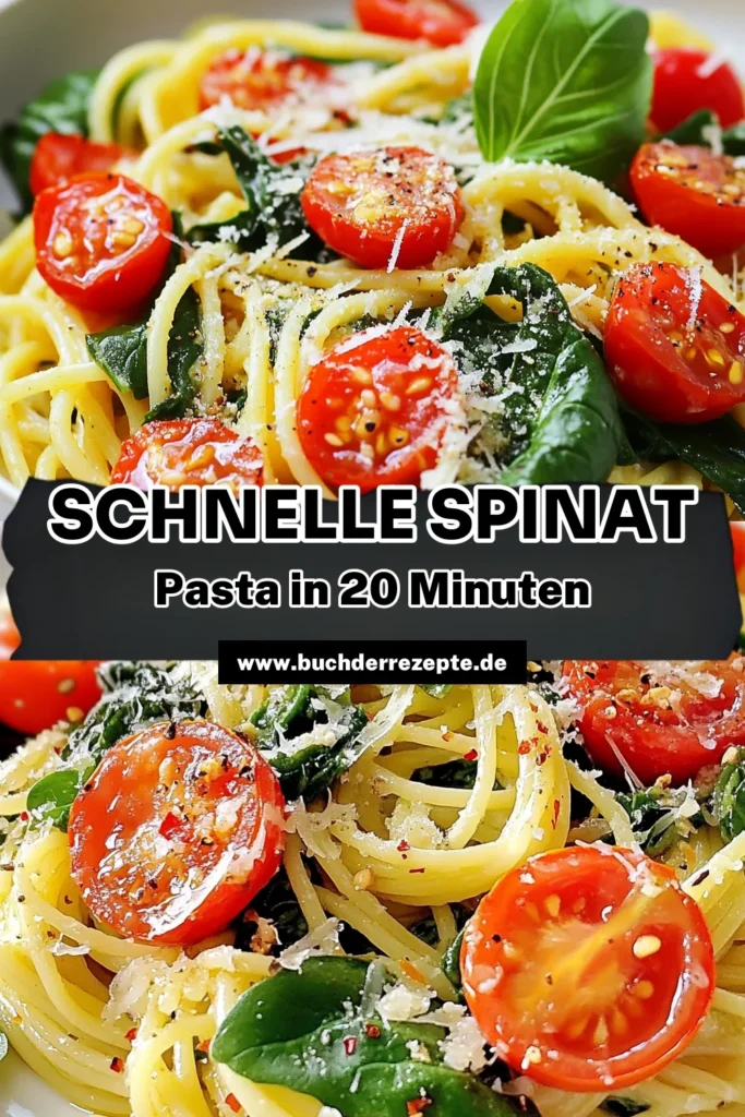 Entdecke die perfekte schnelle Spinat-Pasta für deinen Feierabend! Diese einfache Pasta Rezept kombiniert lecker Spaghetti mit frischem Spinat, aromatischem Knoblauch und Kirschtomaten in nur 20 Minuten. Ideal für alle Liebhaber vegetarischer Nudelgerichte. Lass dir dieses unkomplizierte Gericht nicht entgehen und serviere es mit geriebenem Parmesan! Probiere es jetzt aus und genieße gesunde, schnell zubereitete Pasta! #SchnelleSpinatPasta #EinfachePastaRezepte #VegetarischeNudelgerichte #SpaghettiMitSpinat