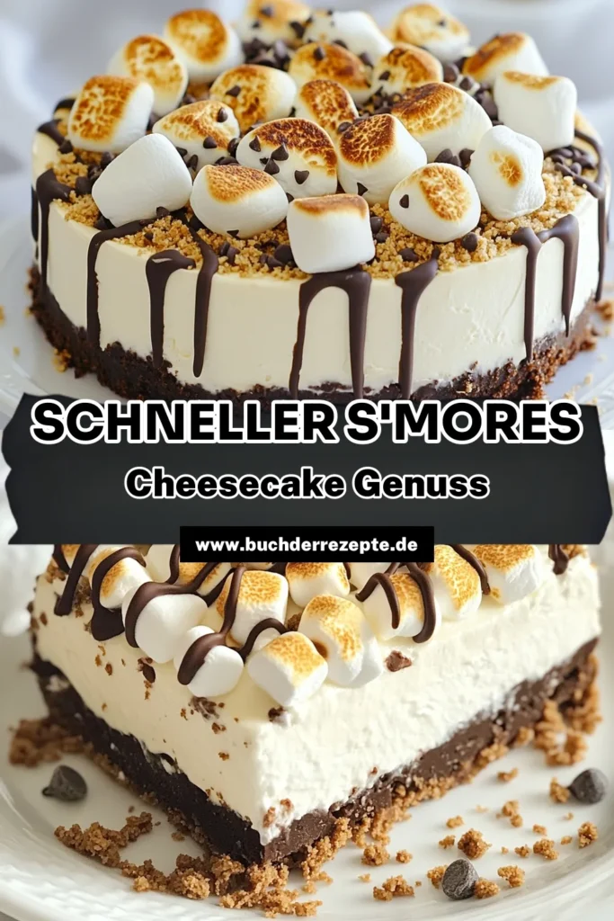 Entdecke das ultimative S’mores No Bake Cheesecake Rezept! Dieser Käsekuchen ohne Backen kombiniert die köstlichen Geschmäcker von Schokolade und Marshmallow in einem einfachen Dessertrezept. Perfekt für jede Gelegenheit, lässt sich dieser Schokoladen Cheesecake leicht zubereiten und begeistert jeden Gaumen. Probiere es aus und genieße den cremigen Genuss! Teile und speichere dieses Rezept für deinen nächsten Genuss-Moment! #Smoreshot #KäsekuchenohneBacken #SchokoladenCheesecakeRezept #einfacheDessertrezepte
