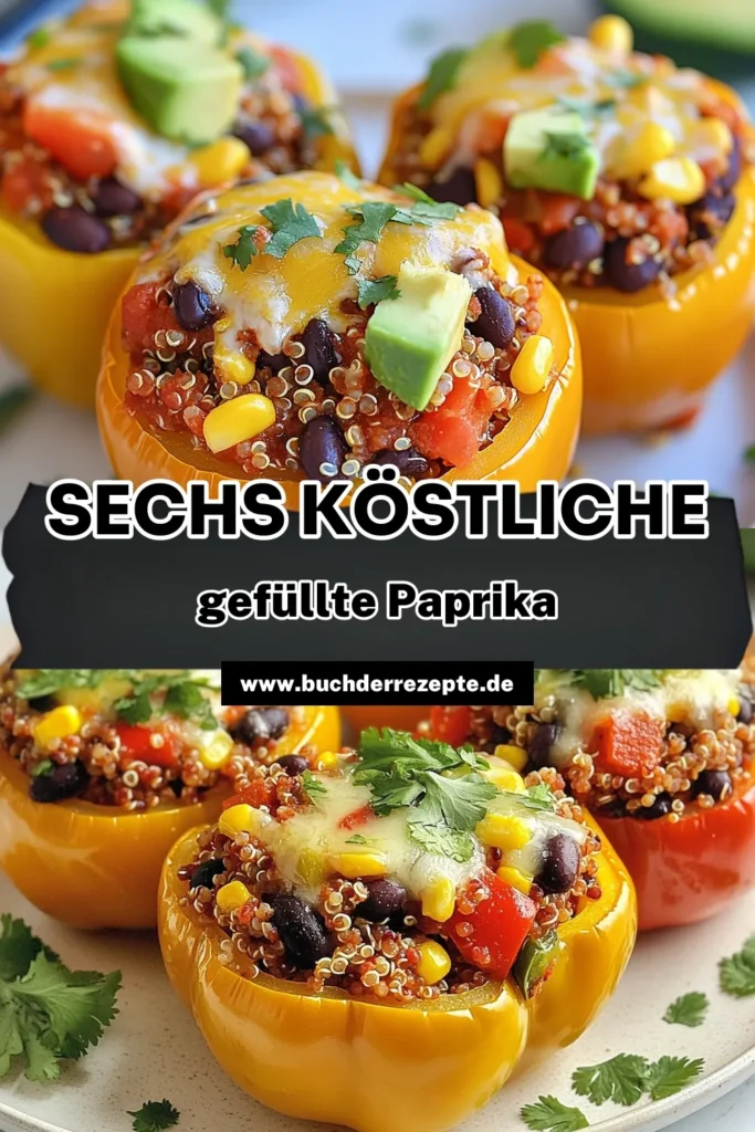 Entdecke das köstliche gefüllte Paprika Rezept – Paprika auf sechs Arten! Diese gesunde Paprika Füllung mit Quinoa, schwarzen Bohnen und Käse ist perfekt für eine vegetarische Mahlzeit. Lerne, wie du Paprika mit Quinoa kreativ füllen kannst, um tolle Geschmackskombinationen zu erzielen. Lass dich inspirieren und probiere diese abwechslungsreichen Rezepte aus! Speichere es für später! #gefülltePaprika #vegetarischeRezepte #GesundeErnährung #KochenMitLiebe