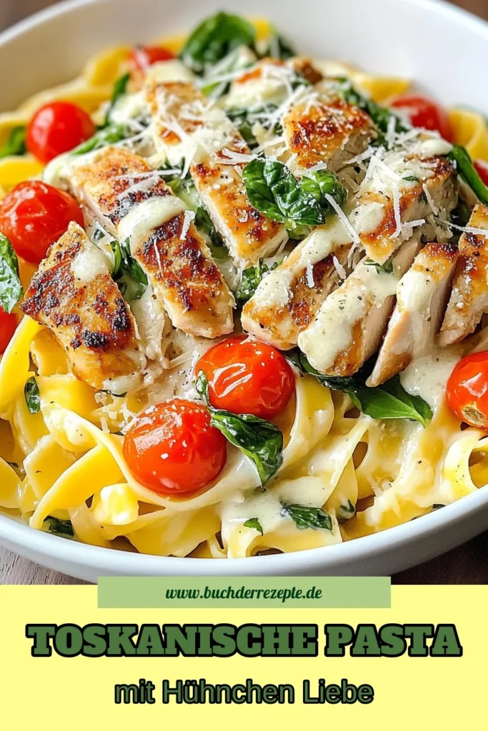 Entdecken Sie dieses köstliche Rezept für toskanische Hühnchen-Pasta, die cremige Hühnchen-Pasta, die in nur 30 Minuten zubereitet ist! Dieses Hühnchen-Fettuccine-Rezept kombiniert saftige Hähnchenbrust, frischen Spinat und zarte Kirschtomaten für eine einfache italienische Pasta, die Ihre Familie lieben wird. Perfekt für eine schnelle Pasta mit Spinat! Jetzt ausprobieren und sofort genießen! #ToskanischeKüche #PastaLover #EinfacheRezepte #SchnelleGerichte