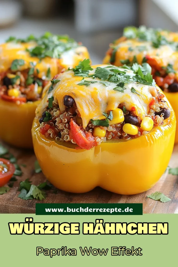 Entdecke unser einfaches und gesundes gefüllte Paprika Rezept mit Hähnchen und Quinoa! Diese mexikanischen gefüllten Paprika sind eine großartige Idee für ein schnelles Abendessen und vollgepackt mit Geschmack. Mit einer Mischung aus schmackhaftem gemahlenem Hähnchen, Quinoa und frischem Gemüse sind diese gefüllten Paprika nicht nur köstlich, sondern auch nährstoffreich. Probiere es aus und lass dich inspirieren! #gefülltePaprikaRezept #HähnchenQuinoaGericht #gesundegefülltePaprika #einfacheAbendessenIdeen