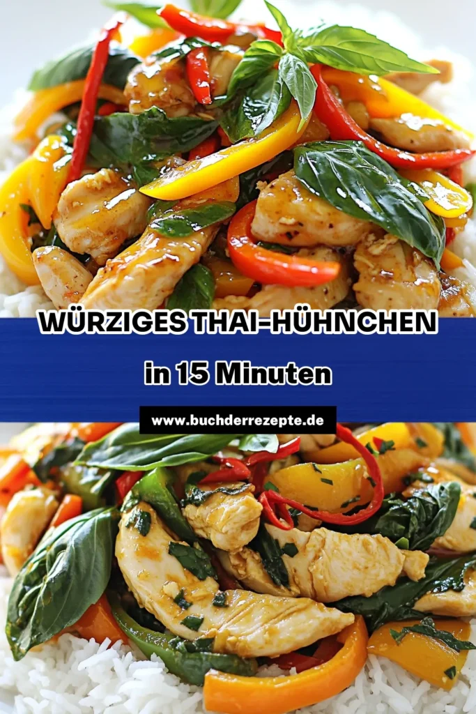 Entdecken Sie das köstliche Rezept für würziges Thai-Basilikum-Hühnchen, das in nur 15 Minuten zubereitet werden kann! Dieses Gericht vereint zarte Hähnchenbrust, frisches Thai-Basilikum und aromatische Gewürze, perfekt für ein schnelles Abendessen. Genießen Sie es auf duftendem Jasminreis und bringen Sie mit Limettenschnitzen und Chilis eine frische Note ein. Klicken Sie für das vollständige Rezept und lassen Sie sich inspirieren! #ThaiBasilikumHühnchen #SchnelleRezepte #AsiatischeKüche #Essenliebe