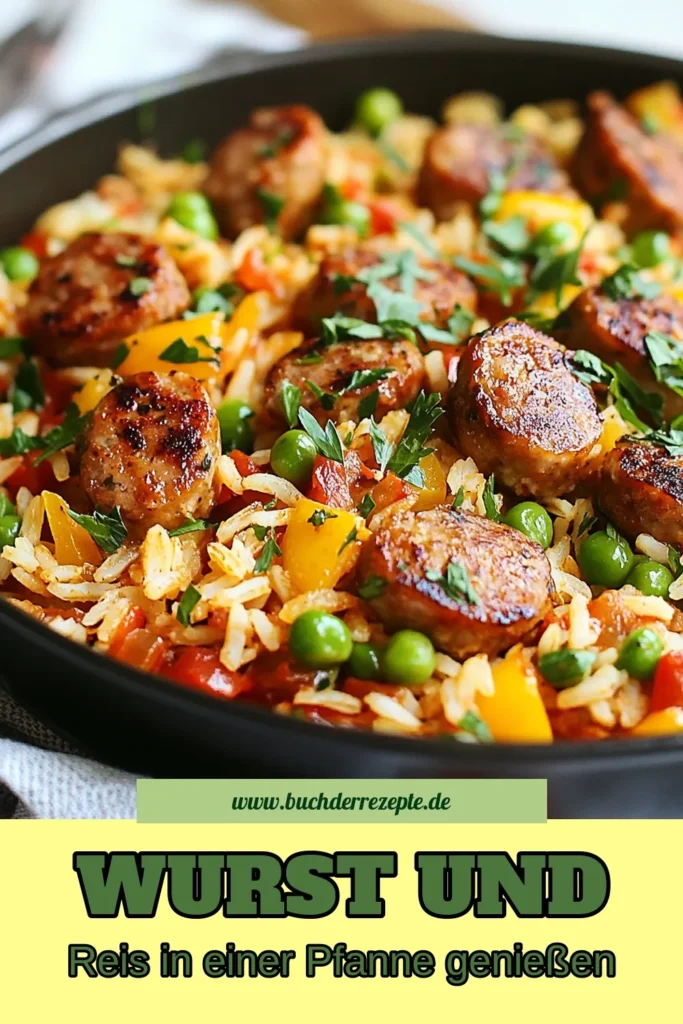 Entdecken Sie dieses köstliche Ein-Pfannen-Rezept für eine Wurst-Reis-Pfanne, perfekt für schnelle und einfache Wurstgerichte! Mit saftiger Hähnchenwurst und frischem Gemüse ist dieses Hähnchenwurst Rezept ideal für eine stressfreie Mahlzeit. Perfekt zum Teilen oder für ein schnelles Abendessen. Probieren Sie es aus und lassen Sie sich inspirieren! #EinPfannenRezept #WurstReisPfanne #einfacheWurstgerichte #schnellePfannengerichte