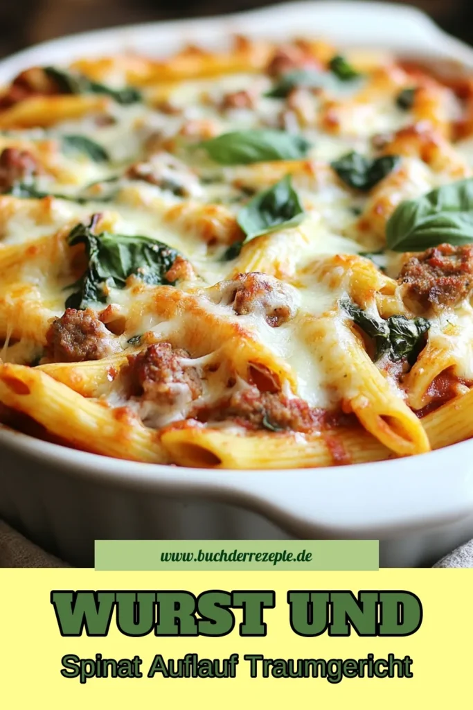 Entdecken Sie unser köstliches Rezept für Wurst Spinat Auflauf! Dieser italienische Wurst Auflauf kombiniert zarte Penne mit würziger Wurst und frisch gehacktem Spinat. Probieren Sie auch unser vegetarisches Auflauf mit Ricotta, das mit Marinara-Soße verfeinert wird. Perfekt für ein schnelles Abendessen! Speichern Sie das Rezept und genießen Sie die Aromen Italiens. #PenneAuflaufRezept #WurstSpinatAuflauf #italienischerWurstAuflauf #AuflaufmitMarinaraSoße