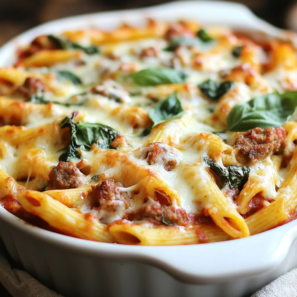 - 340 g Penne-Nudeln - 450 g italienische Wurst (mild oder scharf) - 200 g frischer Spinat, grob gehackt Die Hauptzutaten sind der Schlüssel zu diesem leckeren Gericht. Penne-Nudeln sind perfekt für den Auflauf. Sie halten die Soße gut und sorgen für einen tollen Biss. Die italienische Wurst bringt viel Geschmack. Sie kann mild oder scharf sein, je nach Vorliebe. Der frische Spinat fügt nicht nur Farbe hinzu, sondern auch gesunde Nährstoffe. - 250 g Ricotta-Käse - 480 ml Marinara-Soße - 100 g geriebener Mozzarella-Käse - 50 g geriebener Parmesan-Käse Käse macht alles besser! Ricotta sorgt für eine cremige Textur. Die Marinara-Soße gibt dem Gericht eine fruchtige Note. Mozzarella schmilzt schön und macht den Auflauf sehr lecker. Parmesan gibt einen salzigen, herzhaften Geschmack. Diese Kombination bringt den Auflauf auf ein neues Level. - 1 Teelöffel Knoblauchpulver - 1 Teelöffel Zwiebelpulver - 1/2 Teelöffel rote Pfefferflocken (optional) - Salz und Pfeffer nach Geschmack - Frische Basilikumblätter zum Garnieren Gewürze sind wichtig! Knoblauchpulver und Zwiebelpulver geben einen tollen Geschmack. Rote Pfefferflocken sind optional, aber sie bringen eine schöne Schärfe. Salz und Pfeffer sind die Grundlagen für jedes Gericht. Frische Basilikumblätter sind das perfekte Finish. Sie sorgen für einen aromatischen Duft und einen schönen Farbkontrast. {{ingredient_image_2}} - Heize den Ofen auf 190°C vor. - Koche 340 g Penne-Nudeln in einem großen Topf mit sprudelndem Salzwasser. Halte dich an die Packungsanweisung bis sie al dente sind. Gieße sie ab und stelle sie beiseite. - Entferne die Hülle von 450 g italienischer Wurst. Krümle die Wurst in eine große Pfanne. - Brate die Wurst bei mittlerer Hitze für 6-8 Minuten, bis sie gleichmäßig braun und durchgegart ist. - Füge 200 g grob gehackten Spinat in die Pfanne hinzu. Röste ihn etwa 2 Minuten, bis er zusammengefallen ist. - Vermenge in einer großen Schüssel die gekochten Penne-Nudeln, die angebratene Wurst, den Spinat, 250 g Ricotta-Käse, 480 ml Marinara-Soße, 1 Teelöffel Knoblauchpulver, 1 Teelöffel Zwiebelpulver und 1/2 Teelöffel rote Pfefferflocken (optional). - Mische alles gut durch, bis die Zutaten gleichmäßig verteilt sind. Würze nach Geschmack mit Salz und Pfeffer. - Gib die Mischung in eine gefettete Auflaufform (23x33 cm). Streue 100 g geriebenen Mozzarella und 50 g geriebenen Parmesan gleichmäßig darüber. - Backe den Auflauf im vorgeheizten Ofen 25-30 Minuten, bis der Käse sprudelnd und goldbraun ist. - Nimm den Auflauf aus dem Ofen und lasse ihn 5 Minuten ruhen, bevor du ihn servierst. Garniere mit frischen Basilikumblättern für einen farbenfrohen Akzent. Um die besten Penne zu kochen, beginnen Sie mit reichlich Wasser. Verwenden Sie etwa 4 Liter Wasser für 340 g Penne. Fügen Sie eine gute Menge Salz hinzu, etwa 1 Esslöffel. Kochen Sie die Nudeln laut Packungsanweisung, aber testen Sie sie etwas früher. Die perfekte Al-Dente-Penne sollte weich, aber noch bissfest sein. Dies braucht in der Regel 8 bis 10 Minuten. Ricotta und Mozzarella sind die klassischen Käse für dieses Gericht. Wenn Sie jedoch etwas Abwechslung wünschen, probieren Sie Frischkäse oder Ziegenkäse. Diese Käse bringen neue Aromen. Für eine würzigere Note kann Gouda oder Cheddar verwendet werden. Diese Käsesorten schmelzen gut und verleihen dem Auflauf einen tollen Geschmack. Um den Geschmack zu intensivieren, fügen Sie frische Kräuter hinzu. Basilikum, Oregano oder Thymian passen perfekt. Wenn Sie es schärfer mögen, verwenden Sie mehr rote Pfefferflocken. Knoblauchpulver und Zwiebelpulver sind tolle Ergänzungen. Mischen Sie diese Gewürze gut in die Sauce und die Nudeln. Achten Sie darauf, alles gut zu würzen, damit jede Biss ein Genuss wird. Pro Tipps Wurstwahl: Verwenden Sie eine Mischung aus scharfer und milder italienischer Wurst für mehr Geschmack und Tiefe im Auflauf. Spinatzubereitung: Achten Sie darauf, den Spinat gut abzutropfen, bevor Sie ihn in die Mischung geben, um eine wässrige Konsistenz zu vermeiden. Käsemischung: Fügen Sie zusätzlich zu Mozzarella und Parmesan auch etwas Feta hinzu, um dem Auflauf eine zusätzliche Geschmacksebene zu verleihen. Aufbewahrung: Der Auflauf lässt sich hervorragend einfrieren. Teilen Sie Reste in Portionen auf und frieren Sie sie ein, um sie später zu genießen. {{image_4}} Sie können das Rezept nach Ihrem Geschmack anpassen. Fügen Sie Zucchini, Paprika oder Pilze hinzu. Diese Gemüse bringen Farbe und Geschmack. Schneiden Sie sie klein, bevor Sie sie anbraten. So werden sie weich und nehmen die Aromen auf. Wenn Sie mehr Nährstoffe wollen, sind diese Optionen ideal. Wenn Sie Abwechslung mögen, verwenden Sie Hähnchen oder Rindfleisch. Diese Fleischsorten bieten einen anderen Geschmack. Achten Sie darauf, das Fleisch gut zu braten, bis es durchgegart ist. Das sorgt dafür, dass es zart und saftig bleibt. Mischen Sie das Fleisch dann mit den anderen Zutaten. Für eine vegane Version verzichten Sie auf Fleisch und Milchprodukte. Nutzen Sie vegane Käsealternativen, die gut schmelzen. In den meisten Supermärkten finden Sie solche Optionen. Sie können auch Tofu oder Linsen für mehr Protein hinzufügen. So bleibt das Gericht lecker und nährstoffreich. Um die Reste von Baked Penne mit Wurst gut aufzubewahren, lassen Sie den Auflauf zuerst abkühlen. Legen Sie ihn dann in einen luftdichten Behälter. So bleibt der Auflauf frisch. Sie können die Reste bis zu drei Tage im Kühlschrank lagern. Achten Sie darauf, den Auflauf vor dem Servieren zu kontrollieren, um sicherzustellen, dass er noch gut aussieht und riecht. Wenn Sie den Auflauf länger aufbewahren möchten, können Sie ihn einfrieren. Teilen Sie den Auflauf in Portionen. Wickeln Sie jede Portion in Frischhaltefolie und legen Sie sie in einen Gefrierbeutel. So sparen Sie Platz und behalten die Frische. Um den Auflauf aufzutauen, legen Sie ihn über Nacht in den Kühlschrank. Danach können Sie ihn einfach aufwärmen. Um den Auflauf wieder aufzuwärmen, heizen Sie Ihren Ofen auf 180°C vor. Nehmen Sie den Auflauf aus dem Kühlschrank oder Gefrierfach. Decken Sie ihn mit Alufolie ab, um ein Austrocknen zu verhindern. Backen Sie den Auflauf für etwa 20 Minuten, bis er heiß und sprudelnd ist. Entfernen Sie die Folie in den letzten fünf Minuten, um den Käse schön goldbraun zu machen. Genießen Sie die warmen Aromen! Die Zubereitung des Auflaufs dauert insgesamt etwa 50 Minuten. Die Vorbereitungszeit beträgt nur 15 Minuten. Du kochst die Penne-Nudeln, während die Wurst brät. Das alles geschieht ganz schnell. Für die Backzeit solltest du 25 bis 30 Minuten einplanen, bis der Käse schön goldbraun ist. Ja, du kannst den Auflauf im Voraus zubereiten. Mische alle Zutaten in der Auflaufform. Decke die Form dann ab. Du kannst den unbackenen Auflauf bis zu zwei Tage im Kühlschrank aufbewahren. Vor dem Backen lasse ihn kurz bei Raumtemperatur stehen. So backt er gleichmäßig. Zu diesem Auflauf passen viele Beilagen gut. Hier sind einige Vorschläge: - Ein einfacher grüner Salat mit einem leichten Dressing. - Knoblauchbrot für den extra Geschmack. - Gedünstetes Gemüse, wie Brokkoli oder grüne Bohnen. - Eine frische Tomatensalat mit Basilikum. Diese Beilagen ergänzen den Auflauf perfekt. Sie bringen zusätzliche Frische und Farbe auf den Tisch. Dieser Blogbeitrag zeigt, wie man einen leckeren Penne-Auflauf zubereitet. Wir haben die Hauptzutaten, wie italienische Wurst und frischen Spinat, sowie die Käseauswahl behandelt. Die Schritt-für-Schritt-Anleitung macht das Nachkochen einfach. Ich habe auch Tipps für perfekte Penne, Variationen und Lagerung gegeben. Denke daran: Experimentiere mit Zutaten und finde deinen eigenen Stil beim Kochen. Viel Spaß beim Zubereiten und Genießen!