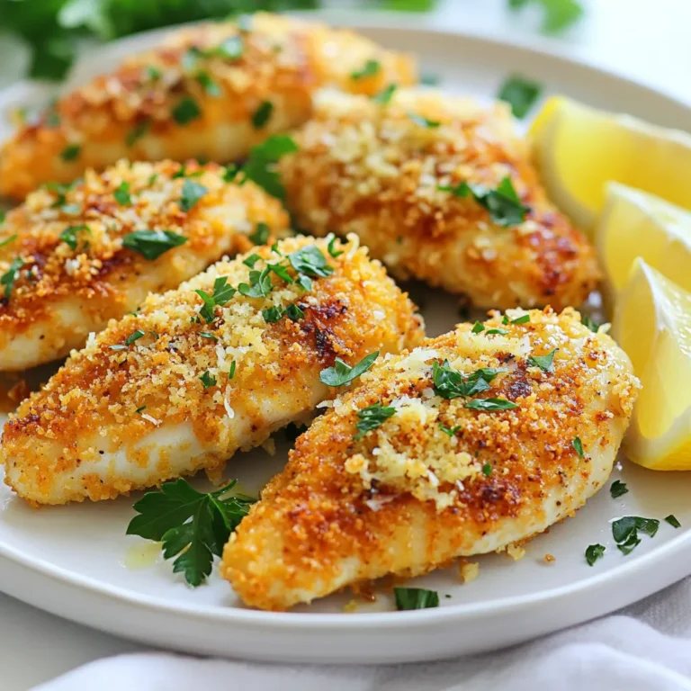 Für das Knusprige Garlic Parmesan Air Fryer Chicken brauchst du: - 4 Hähnchenbrustfilets, ohne Haut und Knochen - 120 g geriebener Parmesan - 60 g Semmelbrösel (vorzugsweise Panko für extra Crunch) - 4 Knoblauchzehen, fein gehackt - 2 Esslöffel frische Petersilie, gehackt - 1 Teelöffel getrockneter Oregano - 1 Teelöffel Zwiebelpulver - 1 Teelöffel Salz - ½ Teelöffel schwarzer Pfeffer - 2 Esslöffel Olivenöl - Kochspray Diese Zutaten sorgen für einen tollen Geschmack. Der Parmesan gibt eine schöne Salzigkeit. Die Semmelbrösel machen das Hähnchen knusprig. Wenn du keinen Parmesan magst, kannst du Folgendes nutzen: - Pecorino als Käsealternative - Nutritional Yeast für einen veganen Geschmack Für die Semmelbrösel sind einige Alternativen: - Maismehl für eine glutenfreie Option - Haferflocken, die du mahlen kannst Diese Alternativen bringen neue Geschmäcker und Texturen in dein Gericht. Um dein Gericht noch besser zu machen, füge folgende Gewürze hinzu: - Paprikapulver für eine süßliche Note - Knoblauchpulver für intensiveren Knoblauchgeschmack - Frische Kräuter wie Thymian oder Rosmarin für mehr Frische Diese Gewürze und Kräuter geben deinem Hähnchen mehr Tiefe. Experimentiere mit dem, was du magst! {{ingredient_image_2}} Zuerst bereiten wir die Zutaten vor. Hier sind die Hauptbestandteile für unser Rezept: - 4 Hähnchenbrustfilets, ohne Haut und Knochen - 120 g geriebener Parmesan - 60 g Semmelbrösel, am besten Panko - 4 Knoblauchzehen, fein gehackt - 2 Esslöffel frische Petersilie, gehackt - 1 Teelöffel getrockneter Oregano - 1 Teelöffel Zwiebelpulver - 1 Teelöffel Salz - ½ Teelöffel schwarzer Pfeffer - 2 Esslöffel Olivenöl - Kochspray Zuerst hacke den Knoblauch und die Petersilie. Mische dann alle trockenen Zutaten in einer Schüssel. Dies sorgt für ein gleichmäßiges Aroma. Jetzt kommt der spaßige Teil: das Panieren! Beträufle die Hähnchenbrustfilets mit Olivenöl. Dies hilft der Panade, besser zu haften. Drücke jedes Filet in die Semmelbrösel-Mischung. Achte darauf, dass beide Seiten gut bedeckt sind. So wird das Hähnchen schön knusprig. Heize den Air Fryer auf 190 °C vor. Das dauert etwa 5 Minuten. Währenddessen sprühe den Korb mit etwas Kochspray ein. Dies verhindert, dass das Hähnchen kleben bleibt. Lege die panierten Hähnchenbrustfilets in den Korb. Achte darauf, dass genug Platz zwischen den Filets ist. So garen sie gleichmäßig. Lasse das Hähnchen 12-15 Minuten garen. Wende die Filets nach der Hälfte der Zeit. Sie sind fertig, wenn sie goldbraun sind und eine Innentemperatur von 74 °C erreichen. Nehme die Filets heraus und lasse sie kurz ruhen. Das hilft, die Säfte gleichmäßig zu verteilen. Um die perfekte Konsistenz für dein Garlic Parmesan Air Fryer Chicken zu erreichen, ist es wichtig, die Hähnchenbrustfilets gut vorzubereiten. Träufle etwas Olivenöl über die Filets. Das hilft, dass die Semmelbrösel besser haften. Drücke die Filets fest in die Mischung aus Parmesan und Semmelbröseln. So wird jede Seite gleichmäßig bedeckt. Achte darauf, dass die Schicht nicht zu dick ist, damit die Hähnchenbrust knusprig wird. Viele machen den Fehler, die Filets zu nah beieinander im Air Fryer zu platzieren. Lass genug Platz zwischen den Filets. So kann die heiße Luft zirkulieren und das Hähnchen gleichmäßig garen. Ein weiterer Fehler ist, das Hähnchen nicht zu wenden. Wende die Filets zur Hälfte der Garzeit. So bekommst du eine gleichmäßige Bräunung und Knusprigkeit. Um die Aromen zu verbessern, kannst du frische Kräuter nutzen. Zum Beispiel, füge mehr Petersilie oder frischen Thymian hinzu. Du kannst auch etwas Zitronenschale in die Mischung geben, um einen frischen Kick zu bekommen. Wenn du es schärfer magst, probiere einen Hauch von Cayennepfeffer oder Paprika. Diese kleinen Anpassungen machen einen großen Unterschied im Geschmack. Pro Tipps Parmesan frisch reiben: Verwenden Sie frisch geriebenen Parmesan anstelle von vorgeriebenem Käse, um einen intensiveren Geschmack und eine bessere Konsistenz zu erzielen. Knoblauch vorbereiten: Lassen Sie den gehackten Knoblauch nicht zu lange stehen, bevor Sie ihn verwenden, da er bitter werden kann, wenn er zu lange oxidiert. Semmelbrösel anpassen: Experimentieren Sie mit verschiedenen Arten von Semmelbröseln, wie z.B. italienischen oder Gewürz-Panko, um zusätzliche Aromen hinzuzufügen. Garzeit überprüfen: Nutzen Sie ein Fleischthermometer, um sicherzustellen, dass die Hähnchenbrust eine Innentemperatur von 74 °C (165 °F) erreicht, um sicherzustellen, dass sie vollständig durchgegart ist. {{image_4}} Du kannst das Rezept leicht anpassen, indem du Gemüse hinzufügst. Zum Beispiel sind Zucchini und Paprika großartige Optionen. Schneide sie in kleine Stücke, damit sie gleichmäßig garen. Mische das Gemüse mit dem Hähnchen, bevor du alles in den Air Fryer gibst. Das Gemüse wird zart und lecker. Es wird auch farbenfroh auf dem Teller aussehen. Parmesan ist klasse, aber du kannst auch andere Käsesorten testen. Mozzarella gibt einen tollen Schmelz. Feta bringt eine salzige Note. Cheddar sorgt für einen kräftigen Geschmack. Mische verschiedene Käsesorten für mehr Tiefe. Experimentiere mit den Mengen, um deinen perfekten Geschmack zu finden. Wenn du es schärfer magst, füge etwas Cayennepfeffer hinzu. Du kannst auch Paprikapulver oder Chili-Flocken verwenden. Diese Gewürze bringen Wärme in das Gericht. Ein Spritzer scharfe Soße kann ebenfalls einen Kick geben. Sei mutig und finde deinen Lieblingsmix! Um Reste von Garlic Parmesan Air Fryer Chicken richtig zu lagern, lassen Sie das Hähnchen zuerst abkühlen. Wickeln Sie die Stücke dann in Frischhaltefolie oder legen Sie sie in einen luftdichten Behälter. So bleibt das Hähnchen frisch und saftig. Lagern Sie es im Kühlschrank, wo es bis zu drei Tage haltbar ist. Möchten Sie das Hähnchen wieder aufwärmen? Nutzen Sie dafür den Air Fryer. Stellen Sie ihn auf 160 °C (320 °F) ein. Legen Sie das Hähnchen in den Korb und erhitzen Sie es für etwa 5 bis 7 Minuten. So bleibt die knusprige Textur erhalten. Alternativ können Sie die Mikrowelle verwenden, aber das Hähnchen wird weniger knusprig. Im Kühlschrank hält sich das Hähnchen drei Tage. Im Gefrierfach kann es bis zu drei Monate bleiben. Achten Sie darauf, das Hähnchen gut zu verpacken, um Frostschäden zu vermeiden. Wenn Sie es später essen möchten, tauen Sie es im Kühlschrank auf, bevor Sie es erhitzen. Das Hähnchen muss 12 bis 15 Minuten im Air Fryer garen. Die genaue Zeit hängt von der Dicke der Filets ab. Du solltest die Filets bei 190 °C (380 °F) garen. Wende die Filets zur Hälfte der Zeit. So werden sie gleichmäßig gar und schön knusprig. Achte darauf, dass die Innentemperatur mindestens 74 °C (165 °F) erreicht. Ja, du kannst das Rezept auch mit anderen Fleischsorten zubereiten. Hähnchenkeulen oder Putenbrust sind gute Alternativen. Du kannst auch Fisch oder Gemüse versuchen. Achte dabei auf die Garzeiten. Dünnere Stücke benötigen weniger Zeit, während dickere länger brauchen. Zu Garlic Parmesan Air Fryer Chicken passen viele Beilagen. Ein einfacher grüner Salat ist frisch und leicht. Auch gedämpftes Gemüse wie Brokkoli oder Karotten passt gut. Kartoffelpüree oder Reis sind ebenfalls tolle Optionen. Du kannst auch knusprige Pommes frites als Treat dazu servieren. Ja, du kannst das Rezept glutenfrei machen. Verwende glutenfreie Semmelbrösel anstelle von normalen. Achte darauf, dass alle anderen Zutaten auch glutenfrei sind. So kannst du das Gericht genießen, ohne auf Geschmack zu verzichten. Zusammenfassend haben wir die wichtigsten Zutaten und Schritte für das Garlic Parmesan Air Fryer Chicken durchgesprochen. Wir haben auch Tipps gegeben, um die Aromen zu verbessern und häufige Fehler zu vermeiden. Variationen und Lagerinformationen bieten dir Flexibilität und helfen, Reste sinnvoll zu nutzen. Denke daran, die Garzeiten im Air Fryer gut zu beachten. So gelingt dir das Gericht immer perfekt. Nutze diese Tipps, um deine Kochkünste zu verbessern und deine Familie zu begeistern.