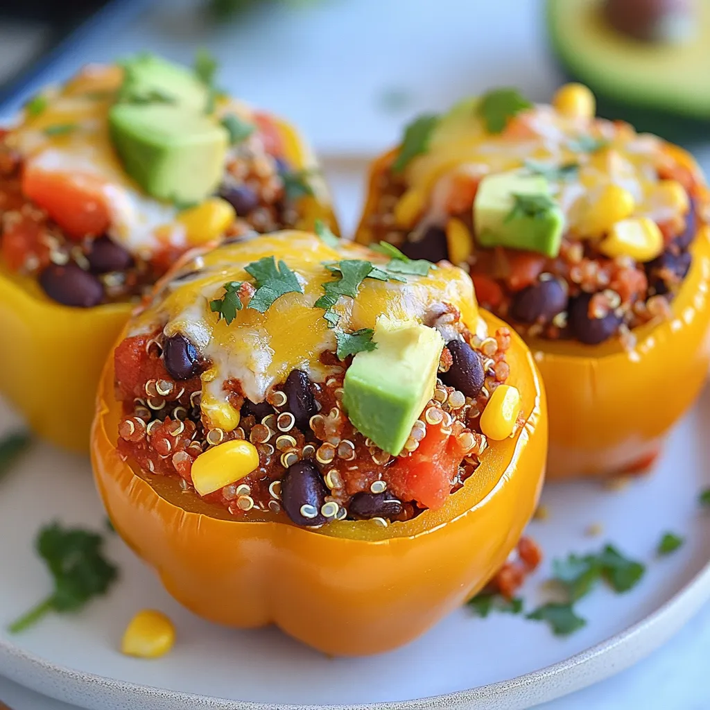 Für gefüllte Paprika verwenden wir frische und nahrhafte Zutaten. Hier ist eine Liste der Hauptzutaten: - 6 große Paprika (jede Farbe) - 1 Tasse Quinoa, gut abgespült - 2 Tassen Gemüsebrühe - 1 Dose (425 g) schwarze Bohnen, abgetropft und abgespült - 1 Tasse Mais, gefroren oder aus der Dose - 1 Teelöffel Kreuzkümmel - 1 Teelöffel Paprika - 1 Tasse gewürfelte Tomaten (frisch oder aus der Dose) - 1 Esslöffel Olivenöl - 1 Knoblauchzehe, fein gehackt - 1 Tasse geriebener Käse (Cheddar, Mozzarella oder eine Mischung) - Salz und Pfeffer nach Geschmack - Optionale Toppings: gehackter Koriander, Avocado, Salsa Diese Zutaten sorgen für Geschmack und Textur. Sie sind gesund und einfach zu finden. Die Füllungen für gefüllte Paprika sind vielfältig. Du kannst die Grundzutaten nach Belieben variieren: - Fleisch: Füge Rinderhack oder Hühnchen hinzu. - Reis: Ersetze Quinoa durch Reis für einen anderen Biss. - Gemüse: Mische Zucchini oder Spinat für mehr Nährstoffe. - Käse: Nutze Feta oder Ricotta für einen anderen Geschmack. Diese Optionen machen dein Gericht spannend und anpassbar. Experimentiere mit deinen Lieblingszutaten. Für die Zubereitung der gefüllten Paprika benötigst du einige wichtige Geräte: - Ofen: Zum Backen der gefüllten Paprika. - Auflaufform: Um die Paprika während des Backens zu halten. - Topf: Zum Kochen der Quinoa. - Schneidebrett und Messer: Für das Schneiden der Zutaten. - Löffel: Zum Mischen und Füllen. Mit diesen Geräten wird das Kochen einfach und macht Spaß. Sie helfen dir, die gefüllten Paprika perfekt zuzubereiten. {{ingredient_image_2}} Beginne damit, die Paprika zu waschen. Schneide die Oberseiten ab und entferne die Kerne. Lege die Paprika in eine Auflaufform, damit sie stabil stehen. Du kannst jede Farbe wählen. So sieht das Gericht bunt und einladend aus. Erhitze Olivenöl in einem Topf. Füge die gehackte Knoblauchzehe hinzu. Dünste den Knoblauch, bis er duftet, etwa eine Minute. Dann gib die Quinoa und die Gemüsebrühe dazu. Bringe alles zum Kochen. Reduziere die Hitze und lasse die Quinoa 15 Minuten köcheln. Sie sollte fluffig sein und die Flüssigkeit aufnehmen. Nehme die Quinoa vom Herd und rühre die schwarzen Bohnen, den Mais und die gewürfelten Tomaten ein. Füge Kreuzkümmel, Paprika und Käse hinzu. Schmecke die Mischung mit Salz und Pfeffer ab. Fülle jede Paprika mit der Quinoa-Mischung. Drücke die Füllung leicht fest. Bestreue die Paprika mit dem restlichen Käse. Decke die Auflaufform mit Aluminiumfolie ab. Backe die gefüllten Paprika 25 Minuten bei 190 °C. Entferne die Folie und backe sie weitere 10-15 Minuten. Die Paprika sollten zart sein und der Käse blubbern. Lass die Paprika vor dem Servieren etwas abkühlen. Du kannst sie mit Koriander, Avocado oder Salsa garnieren. Wählen Sie große, feste Paprika für die beste Füllung. Achten Sie auf glatte Haut ohne Flecken. Jede Farbe bringt einen anderen Geschmack. Grüne Paprika sind bitter, rote sind süßer. Gelbe und orange Paprika sind mild und fruchtig. Achten Sie darauf, dass die Paprika gleichmäßig in der Größe sind. So garen sie gleichmäßig und sehen auf dem Tisch gut aus. Fühlen Sie sich frei, die Füllung zu variieren. Fügen Sie gehacktes Gemüse wie Zucchini oder Pilze hinzu. Für mehr Protein können Sie Hühnchen oder Tofu verwenden. Schmecken Sie die Füllung mit frischen Kräutern ab. Basilikum und Oregano passen gut. Experimentieren Sie mit verschiedenen Käsesorten. Feta oder Gouda können eine tolle Note bringen. Ein häufiger Fehler ist, die Paprika zu überbacken. Achten Sie darauf, dass die Paprika zart, aber nicht matschig sind. Füllen Sie die Paprika nicht zu voll. Lassen Sie etwas Platz für die Füllung, damit sie beim Garen nicht herausquillt. Verwenden Sie frische Zutaten, um den besten Geschmack zu erzielen. Reste aus Dosen können oft weniger Geschmack haben. Pro Tipps Paprika Auswahl: Wählen Sie große, feste Paprika für eine bessere Füllung und ein ansprechendes Aussehen. Verschiedene Farben sorgen für einen hübschen Teller. Quinoa kochen: Achten Sie darauf, die Quinoa gründlich abzuspülen, um den bitteren Geschmack zu entfernen. Dies verbessert den Gesamtgeschmack des Gerichts. Käsevariation: Experimentieren Sie mit verschiedenen Käsesorten für die Füllung und das Topping. Feta oder Gouda können eine interessante Note hinzufügen. Vorkochen: Bereiten Sie die Füllung im Voraus vor und füllen Sie die Paprika erst kurz vor dem Backen. So sparen Sie Zeit, wenn Gäste kommen. {{image_4}} Ich liebe es, gefüllte Paprika vegetarisch zuzubereiten. Die Füllung besteht aus Quinoa, schwarzen Bohnen und Mais. Diese Zutaten sind nahrhaft und lecker. Quinoa ist eine tolle Proteinquelle. Die Bohnen geben der Mischung eine cremige Textur. Ich verwende frische oder aus der Dose gewürfelte Tomaten. Sie fügen Geschmack und Farbe hinzu. Zum Würzen nehme ich Kreuzkümmel und Paprika. Diese Gewürze bringen die Aromen zum Leben. Den Käse füge ich am Ende hinzu. So wird die Füllung schön cremig. Für eine scharfe Note kann man Jalapeños oder Chili hinzufügen. Ich schneide sie klein und mische sie in die Füllung. Diese Schärfe passt perfekt zu den süßen Paprika. Man kann auch scharfen Käse verwenden, um einen zusätzlichen Kick zu geben. Wenn ich es schärfer mag, gebe ich etwas scharfe Sauce hinzu. So wird jede Biss ein wahres Geschmackserlebnis. Diese Variante ist ideal für alle, die es gerne pikant mögen. Ich experimentiere gerne mit Geschmäckern aus aller Welt. Eine italienische Variante könnte Kräuter wie Basilikum und Oregano enthalten. Diese Kräuter machen die Füllung frisch und aromatisch. Für eine mexikanische Note füge ich schwarze Bohnen, Mais und Taco-Gewürze hinzu. Diese Mischung ist würzig und herzhaft. Eine asiatische Version kann Reis, Sojasauce und Ingwer enthalten. So wird die gefüllte Paprika zu einem spannenden Gericht. Egal, für welche Variante du dich entscheidest, gefüllte Paprika sind immer ein Hit. Sie sind bunt, gesund und einfach zuzubereiten. Wenn Sie gefüllte Paprika übrig haben, lagern Sie sie richtig. Lassen Sie die Paprika zuerst abkühlen. Dann legen Sie sie in einen luftdichten Behälter. Achten Sie darauf, dass die Paprika gut geschützt sind. Auf diese Weise bleiben sie frisch. Im Kühlschrank halten sie sich bis zu vier Tage. Sie können gefüllte Paprika auch einfrieren. Wickeln Sie jede Paprika in Frischhaltefolie. Legen Sie sie dann in einen gefrierfesten Behälter oder Beutel. So bleiben sie bis zu drei Monate haltbar. Um sie aufzutauen, lassen Sie sie einfach über Nacht im Kühlschrank. Um die Paprika wieder aufzuwärmen, nutzen Sie den Ofen. Heizen Sie ihn auf 180 °C vor. Legen Sie die gefüllten Paprika in eine Auflaufform. Decken Sie sie mit Folie ab, um sie nicht austrocknen zu lassen. Backen Sie sie etwa 20 Minuten lang, bis sie heiß sind. Alternativ können Sie die Paprika auch in der Mikrowelle aufwärmen. Die Mikrowelle ist schnell, aber die Paprika können weich werden. Gefüllte Paprika bleiben bis zu fünf Tage frisch im Kühlschrank. Lagern Sie sie in einem luftdichten Behälter. So bleiben sie saftig und lecker. Möchten Sie sie länger aufbewahren? Dann frieren Sie die gefüllten Paprika ein. Sie halten sich bis zu drei Monate im Gefrierfach. Zum Aufwärmen tauen Sie die Paprika im Kühlschrank auf und backen sie dann bei 180 °C für etwa 20 Minuten. Ja, Sie können viele verschiedene Gemüse verwenden! Zucchini, Auberginen oder sogar Süßkartoffeln sind tolle Alternativen. Achten Sie darauf, dass das Gemüse gut gekocht ist, bevor Sie es füllen. Das sorgt für schöne Texturen und Geschmäcker. Sie können auch die Füllungen anpassen, um neue Kombinationen zu testen. Experimentieren Sie mit verschiedenen Gemüsesorten, um Ihren eigenen Stil zu finden! Gefüllte Paprika sind vielseitig und passen gut zu vielen Beilagen. Hier sind einige Ideen: - Reis oder Quinoa - Frischer Salat - Guacamole oder Salsa - Nachos oder Tortilla Chips - Joghurt oder Sour Cream Wählen Sie eine Beilage, die Ihnen gefällt, und genießen Sie die Kombination! Gefüllte Paprika sind vielseitig und lecker. Wir haben die Hauptzutaten, Fülloptionen und nützliche Geräte besprochen. Eine Schritt-für-Schritt-Anleitung half dir, sie einfach zuzubereiten. Tipps wie die Wahl der perfekten Paprika sichern deinen Erfolg. Du kannst viele Varianten ausprobieren, von vegetarisch bis scharf. Denk an die Aufbewahrung für Reste und das Auffrischen. Mit diesen Informationen hast du alles, um deine gefüllten Paprika zu perfektionieren. Probiere neue Zutaten und teile dein Ergebnis!