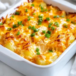 - 4 große Russet-Kartoffeln - 2 Tassen zerrupftes Hühnerfleisch - 1/2 Tasse Buffalo-Sauce Die Hauptzutaten sind einfach und lecker. Russet-Kartoffeln geben dem Gericht eine tolle Basis. Sie sind stärkehaltig und machen das Essen schön cremig. Zerrupftes Hühnerfleisch bringt viel Geschmack. Verwenden Sie Hähnchen von einem Rotisserie-Huhn. Es ist saftig und zart. Die Buffalo-Sauce sorgt für die richtige Schärfe. So wird der Auflauf richtig würzig. - 1 Tasse geriebener Cheddar-Käse - 1/2 Tasse Frischkäse - 1/2 Tasse saure Sahne Die weiteren Zutaten bringen eine cremige Textur. Der Cheddar-Käse schmilzt schön und gibt einen reifen Geschmack. Frischkäse macht die Mischung extra weich. Saure Sahne fügt eine frische Note hinzu. Diese Zutaten sind wichtig für den perfekten Auflauf. - 1 Teelöffel Knoblauchpulver - Salz und Pfeffer nach Geschmack - Gehackte grüne Zwiebeln Gewürze machen das Gericht lebendig. Knoblauchpulver gibt einen herzhaften Geschmack. Salz und Pfeffer bringen die Aromen zusammen. Gehackte grüne Zwiebeln sind eine tolle Garnitur. Sie geben Frische und Farbe. Diese kleinen Details machen den Unterschied aus. {{ingredient_image_2}} Heize deinen Ofen auf 200°C (400°F) vor. Das sorgt für eine perfekte Backtemperatur. Ein heißer Ofen hilft, die Kartoffeln und das Hähnchen gleichmäßig zu garen. Koche die gewürfelten Kartoffeln in gesalzenem Wasser. Lass sie für etwa 15 bis 20 Minuten kochen. Du willst, dass sie weich sind, aber nicht zerfallen. Nach dem Kochen, die Kartoffeln abgießen und beiseite stellen. Nimm eine große Schüssel und gib das zerrupfte Hühnerfleisch hinein. Füge die Buffalo-Sauce, den Frischkäse, die saure Sahne, das Knoblauchpulver, Salz und Pfeffer hinzu. Mische alles gut. Rühre, bis die Mischung glatt und gleichmäßig ist. In einer großen Auflaufform verteilst du die gekochten Kartoffeln gleichmäßig auf dem Boden. Danach gieße die Buffalo-Hühnchen-Mischung gleichmäßig darüber. Achte darauf, dass alles gut verteilt ist. Decke die Auflaufform mit Aluminiumfolie ab. Backe den Auflauf für 25 Minuten. Danach entferne die Folie und backe für weitere 10 bis 15 Minuten. Du willst, dass der Käse sprudelnd und goldbraun ist. Nach dem Backen, lasse den Auflauf kurz abkühlen, bevor du ihn servierst. Um die besten Kartoffeln zu bekommen, sollten Sie die richtigen Sorten wählen. Russet-Kartoffeln sind ideal. Sie sind stärkehaltig und werden schön weich. Kochen Sie die gewürfelten Kartoffeln in gesalzenem Wasser. Achten Sie darauf, sie 15 bis 20 Minuten zu kochen. Sie sollten weich sein, aber nicht zerfallen. Um die perfekte Konsistenz zu erreichen, testen Sie die Kartoffeln mit einer Gabel. Wenn sie leicht durchgeht, sind sie bereit. Buffalo-Sauce ist nicht nur eine Sauce. Sie können verschiedene Sorten ausprobieren. Es gibt milde, scharfe oder sogar rauchige Varianten. Wenn Sie es schärfer mögen, fügen Sie etwas mehr hinzu. Für einen anderen Geschmack mischen Sie verschiedene Saucen. Eine Mischung aus BBQ-Sauce und Buffalo-Sauce kann überraschend gut sein. Seien Sie kreativ und finden Sie Ihre perfekte Mischung. Cheddar-Käse ist der Klassiker, aber nicht die einzige Wahl. Sie können auch Mozzarella oder Gouda verwenden. Mozzarella gibt einen tollen Schmelz. Gouda hat einen süßlichen Geschmack und macht das Gericht besonders. Experimentieren Sie mit verschiedenen Käsesorten, um neue Aromen zu entdecken. Wenn Sie vegan leben, gibt es auch pflanzliche Käsealternativen, die gut schmelzen. Wählen Sie, was Ihnen am besten schmeckt! Pro Tipps Verwenden Sie frisches Hühnchen: Frisches, zerrupftes Hühnchen ist schmackhafter als vorverarbeitetes und sorgt für eine bessere Textur. Käsevariationen: Experimentieren Sie mit verschiedenen Käsesorten wie Gouda oder Monterey Jack für einen anderen Geschmack. Buffalo-Sauce anpassen: Passen Sie die Menge der Buffalo-Sauce nach Ihrem Schärfewunsch an, um das Gericht milder oder würziger zu machen. Resteverwertung: Dieser Auflauf eignet sich hervorragend zum Aufwärmen und kann auch eingefroren werden für eine spätere Mahlzeit. {{image_4}} Für eine vegetarische Version könntest du Gemüse verwenden. Brokkoli, Paprika oder Zucchini sind hervorragende Optionen. Diese Gemüse bringen Farbe und Nährstoffe. Koche sie kurz, bevor du sie in den Auflauf gibst. So bleiben sie knackig und frisch. Du kannst auch pflanzlichen Käse für die Cremigkeit nutzen. So wird dein Gericht nicht nur lecker, sondern auch gesund. Wenn du es gerne schärfer magst, füge zusätzliche Gewürze hinzu. Chiliflocken sind eine gute Wahl. Sie bringen Hitze und Geschmack. Eine Prise Cayennepfeffer oder Paprika kann ebenfalls helfen. Du kannst auch die Buffalo-Sauce nach deinem Geschmack anpassen. Mehr Sauce macht das Gericht würziger. Experimentiere mit verschiedenen Schärfegraden, um deinen perfekten Auflauf zu finden. Die Wahl des Käses kann den Geschmack stark verändern. Probiere andere Käsesorten aus, wie Gouda oder Mozzarella. Gouda hat eine süßere Note, während Mozzarella für eine tolle Stretchigkeit sorgt. Du kannst auch eine Mischung aus verschiedenen Käsesorten verwenden. So bekommst du eine spannende Geschmacksvielfalt. Denke daran, die Käsemenge nach deinem Geschmack anzupassen. Um den Buffalo Chicken Kartoffelauflauf frisch zu halten, kühlen Sie ihn richtig. Lassen Sie den Auflauf zuerst auf Raumtemperatur abkühlen. Danach decken Sie die Auflaufform ab. Verwenden Sie Frischhaltefolie oder einen luftdichten Behälter. So bleibt der Auflauf bis zu drei Tage im Kühlschrank haltbar. Achten Sie darauf, dass er gut verschlossen ist, um Gerüche zu vermeiden. Das Aufwärmen des Auflaufs sollte schonend erfolgen. Der beste Weg ist, den Ofen auf 180°C (350°F) vorzuheizen. Nehmen Sie den Auflauf aus dem Kühlschrank und lassen Sie ihn etwas ruhen. Decken Sie ihn mit Aluminiumfolie ab, um ein Austrocknen zu verhindern. Backen Sie ihn dann 20 bis 25 Minuten, bis er heiß ist. Alternativ können Sie Mikrowelle verwenden, aber der Ofen sorgt für besseren Geschmack. Die Haltbarkeit des Auflaufs ist wichtig. Im Kühlschrank hält er bis zu drei Tage. Wenn Sie ihn länger aufbewahren möchten, können Sie ihn einfrieren. Achten Sie darauf, ihn gut einzupacken. Im Gefrierfach bleibt er bis zu drei Monate frisch. Zum Auftauen legen Sie ihn einfach über Nacht in den Kühlschrank. So bleibt der Geschmack und die Textur erhalten. Du kannst den Buffalo Chicken Kartoffelauflauf bis zu fünf Tage im Kühlschrank aufbewahren. Stelle sicher, dass du ihn in einem luftdichten Behälter lagerst. So bleibt er frisch und lecker. Ja, frisches Hühnerfleisch ist eine tolle Wahl! Du kannst Hühnerbrust oder -schenkel verwenden. Koche das Fleisch zuerst und zerrupfe es dann. So erhältst du einen herzhaften Geschmack in deinem Auflauf. Die Schärfe hängt von der Buffalo-Sauce ab, die du verwendest. Du kannst milde oder scharfe Saucen wählen. Probiere verschiedene Marken, um deinen Lieblingsgeschmack zu finden. Wenn du es weniger scharf magst, kannst du auch die Sauce reduzieren. Ein frischer Salat ist eine gute Beilage. Auch Gemüse wie Karotten oder Sellerie passen gut. Du kannst auch knuspriges Brot dazu servieren, um die köstliche Soße aufzusaugen. Dieser Artikel zeigt die besten Wege, um einen leckeren Buffalo Chicken Kartoffelauflauf zuzubereiten. Wir haben die Haupt- und weiteren Zutaten, Schritte zur Zubereitung und auch nützliche Tipps behandelt. Variationen mit Gemüse oder anderen Käsesorten erweitern die Möglichkeiten. Achte darauf, deinen Auflauf richtig zu lagern, damit er frisch bleibt. Egal, welche Variation du wählst, es wird sicher köstlich. Viel Spaß beim Ausprobieren!