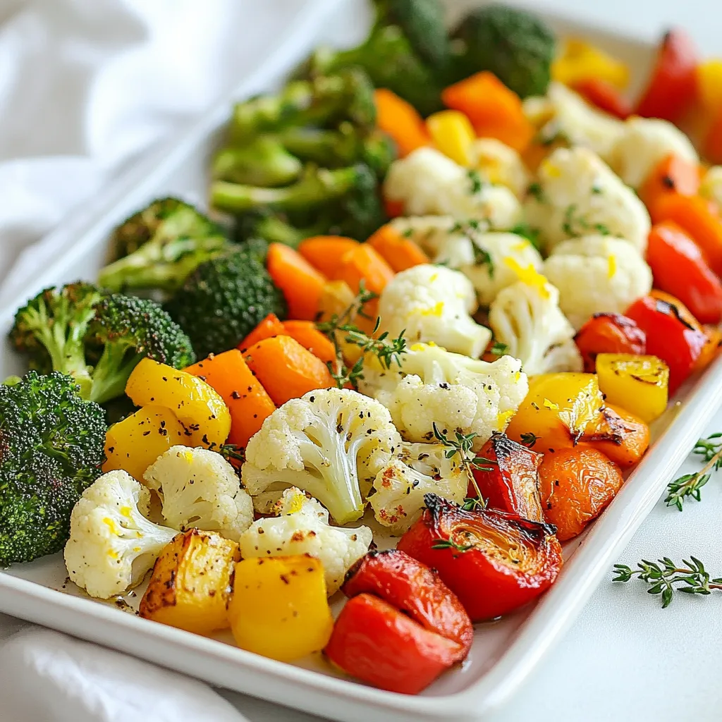 Um dein Knoblauch-Röstgemüse zuzubereiten, brauchst du einige wichtige Zutaten. Hier ist die Liste: - 2 Tassen Brokkoliröschen - 2 Tassen Blumenkohlröschen - 1 Tasse Karotten, in Scheiben geschnitten - 1 rote Paprika, gewürfelt - 1 gelbe Paprika, gewürfelt - 1 mittlere rote Zwiebel, in Spalten geschnitten - 4 Knoblauchzehen, gehackt Diese frischen Gemüsesorten bringen Farbe und Geschmack auf deinen Teller. Du kannst sie nach Belieben anpassen, je nach Saison und Vorlieben. Für das perfekte Aroma benötigst du einige Gewürze und Öle. Hier ist, was du brauchst: - 1/4 Tasse Olivenöl - 1 Esslöffel getrockneter Oregano - 1 Esslöffel frische Thymianblätter - Salz und Pfeffer nach Geschmack Das Olivenöl sorgt für eine schöne Bräunung. Oregano und Thymian geben dem Gemüse einen tollen Geschmack. Ein bisschen Salz und Pfeffer runden das Ganze ab. Frische Zutaten machen das Gericht lebendig. Hier sind die letzten beiden Zutaten: - Zeste von 1 Zitrone Die Zitronen-Zeste bringt Frische. Sie hebt den Geschmack des Röstgemüses und macht es noch leckerer. Du kannst auch andere frische Kräuter verwenden, um deinem Gericht eine persönliche Note zu geben. Experimentiere und finde deine Lieblingskombination! {{ingredient_image_2}} Zuerst heizen Sie Ihren Ofen auf 220°C vor. Dies ist wichtig, damit das Gemüse schön bräunt. Während der Ofen aufheizt, waschen und schneiden Sie Ihr Gemüse. Sie brauchen zwei Tassen Brokkoli, zwei Tassen Blumenkohl, eine Tasse Karotten und eine rote sowie eine gelbe Paprika. Schneiden Sie diese in gleichmäßige Stücke. Vergessen Sie nicht die Zwiebel! Eine mittlere rote Zwiebel in Spalten schneiden. Legen Sie alles in eine große Schüssel. Nun kommt der spannende Teil! In einer kleinen Schüssel vermischen Sie vier gehackte Knoblauchzehen, ein Viertel Tasse Olivenöl, einen Esslöffel Oregano und einen Esslöffel frische Thymianblätter. Fügen Sie auch die Zitronen-Zeste hinzu. Diese Mischung gibt dem Gemüse viel Geschmack. Rühren Sie alles gut um, damit sich die Aromen verbinden. Dann gießen Sie diese Mischung über das vorbereitete Gemüse. Mischen Sie alles gut, sodass jedes Stück Gemüse gleichmäßig bedeckt ist. Verteilen Sie das Gemüse gleichmäßig auf einem großen Backblech. Achten Sie darauf, dass die Stücke nicht übereinander liegen. So rösten sie gleichmäßig. Jetzt kommt das Gemüse für 25 bis 30 Minuten in den Ofen. Nach der Hälfte der Zeit sollten Sie das Gemüse einmal umschichten. Das macht es schön knusprig. Wenn das Gemüse zart und leicht gebräunt ist, nehmen Sie es aus dem Ofen. Lassen Sie es kurz abkühlen, bevor Sie es servieren. Ein kleiner Tipp: Träufeln Sie vor dem Servieren etwas Olivenöl darüber und garnieren Sie es mit frischen Kräutern. So sieht es noch schöner aus! Um das beste Röstaroma zu bekommen, wählen Sie frisches Gemüse. Das Gemüse sollte gleich groß geschnitten sein. Dies hilft, dass alles gleichmäßig gart. Verwenden Sie auch viel Olivenöl, um das Gemüse zu umhüllen. Das Öl hilft dabei, die Aromen zu intensivieren. Ein paar Minuten länger rösten kann ebenfalls helfen. Achten Sie darauf, das Gemüse einmal umzuschichten. So wird alles schön knusprig und goldbraun. Um Zeit zu sparen, können Sie das Gemüse im Voraus schneiden. Lagern Sie es in einem Behälter im Kühlschrank. So sind Sie bereit, wenn es Zeit zum Kochen ist. Sie können auch eine große Menge zubereiten und Reste für eine andere Mahlzeit nutzen. Einfach aufbewahren und später aufwärmen. Das ist praktisch und spart Zeit in der Küche. Die Präsentation macht das Gericht besonders. Übertragen Sie das geröstete Gemüse auf eine schöne Servierplatte. Träufeln Sie etwas extra Olivenöl darüber. Fügen Sie frische Kräuter hinzu, um Farbe und Geschmack zu steigern. Ein Hauch von Zitronen-Zeste macht es frisch und einladend. Nutzen Sie diese Tipps, um Ihr Knoblauch-Röstgemüse stilvoll zu servieren. Pro Tipps Gemüse gleichmäßig schneiden: Achten Sie darauf, dass alle Gemüsestücke gleich groß sind, damit sie gleichmäßig garen. Frische Kräuter verwenden: Verwenden Sie frische Kräuter anstelle von getrockneten, um einen intensiveren Geschmack zu erzielen. Überwachung der Röstzeit: Überwachen Sie das Gemüse während des Röstens, um sicherzustellen, dass es nicht verbrennt, und wenden Sie es zur Halbzeit. Zusätzliches Olivenöl: Träufeln Sie vor dem Servieren etwas zusätzliches Olivenöl über das Gemüse für zusätzlichen Geschmack und Glanz. {{image_4}} Du kannst viele verschiedene Gemüsesorten verwenden. Brokkoli und Blumenkohl sind großartig, aber andere Optionen sind auch lecker. Probiere Zucchini, Spargel oder sogar Süßkartoffeln. Jedes Gemüse bringt seinen eigenen Geschmack mit. Die Röstzeit kann sich leicht ändern, also achte darauf. Dieses Rezept ist von Natur aus vegan und glutenfrei. Wenn du sicherstellen willst, dass alles passt, überprüfe die Zutaten. Achte beim Kauf von Gewürzen darauf, dass sie keine versteckten Glutenquellen haben. So kannst du das Gericht ohne Sorgen genießen. Willst du mehr Füllung? Du kannst Protein und Kohlenhydrate hinzufügen. Kichererbsen oder Linsen passen gut zu diesem Gemüse. Sie sind nährstoffreich und machen das Gericht sättigender. Auch Quinoa oder brauner Reis sind tolle Beilagen. Sie ergänzen die Aromen perfekt und machen das Essen noch schmackhafter. Um Röstgemüse richtig zu lagern, lassen Sie es zuerst abkühlen. Legen Sie es dann in einen luftdichten Behälter. Füllen Sie den Behälter nicht zu voll, damit die Luft zirkulieren kann. Lagern Sie Ihr Gemüse im Kühlschrank. So bleibt es frisch und lecker. Das Aufwärmen von Röstgemüse ist einfach. Verwenden Sie eine Pfanne oder den Ofen. In der Pfanne erhitzen Sie etwas Olivenöl. Fügen Sie das Gemüse hinzu und braten Sie es kurz an. Im Ofen können Sie das Gemüse bei 180°C für etwa 10 bis 15 Minuten erwärmen. Das hilft, den Geschmack zu bewahren. Im Kühlschrank bleibt Röstgemüse etwa 3 bis 5 Tage frisch. Achten Sie darauf, es gut verpackt zu halten. Wenn Sie das Gemüse länger aufbewahren möchten, frieren Sie es ein. Im Gefrierschrank hält es bis zu 3 Monate. Achten Sie darauf, es in Portionen zu verpacken. So können Sie bei Bedarf einfach eine Portion auftauen. Es dauert insgesamt etwa 40 Minuten, um Knoblauch-Röstgemüse zuzubereiten. Davon sind 10 Minuten für die Vorbereitung und 30 Minuten für das Rösten im Ofen. Das bedeutet, dass Sie in kurzer Zeit ein leckeres Gericht genießen können. Ja, Sie können frischen Knoblauch verwenden. Er gibt dem Gericht einen intensiveren Geschmack. Verwenden Sie etwa 1 Knoblauchzehe frisch für jede gehackte Zehe. Achten Sie darauf, den Knoblauch gut zu zerkleinern, damit er gleichmäßig verteilt ist. Zu Knoblauch-Röstgemüse passen viele Beilagen. Einige gute Optionen sind: - Gegrilltes Fleisch wie Hähnchen oder Rind - Quinoa oder Reis für eine sättigende Beilage - Frischer Salat für einen leichten Kontrast Diese Beilagen ergänzen den Geschmack des Röstgemüses perfekt. Das Rezept für Knoblauch-Kräuter-Röstgemüse ist einfach und lecker. Wir haben die Hauptzutaten, Gewürze und frische Kräuter besprochen. Du hast gelernt, wie du alles zubereitest und präsentierst. Die Tipps helfen dir, das Röstaroma perfekt hinzubekommen. Variationen, wie vegane oder glutenfreie Anpassungen, machen das Gericht flexibel. Richtiges Lagern und Aufwärmen sorgt für frischen Genuss. Denke daran, dass Röstgemüse viele Möglichkeiten bietet, um zu glänzen. Lass deiner Kreativität freien Lauf und genieße die Vielfalt!