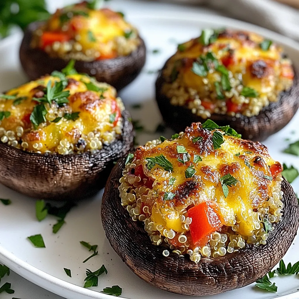 Für das perfekte Gericht brauchst du folgende Hauptzutaten: - 450 g große Portobello-Pilze, gereinigt und Stiele entfernt - 120 g gekochte Quinoa - 30 g gewürfelte rote Paprika - 30 g fein gehackte gelbe Zwiebel - 2 Knoblauchzehen, minced - 30 g frische Petersilie, gehackt Diese Zutaten bilden die Basis für deine Cowboy Mushrooms. Die Portobello-Pilze sind groß und fleischig. Sie geben deinem Gericht einen herzhaften Geschmack. Quinoa sorgt für eine tolle Textur und Nährstoffe. Zusätzlich zu den Hauptzutaten brauchst du auch einige Gewürze: - 1/2 Teelöffel geräuchertes Paprikapulver - 1 Teelöffel getrockneter Oregano - 1/4 Teelöffel Cayennepfeffer (optional für Schärfe) - Salz und Pfeffer nach Geschmack - Olivenöl zum Bestreichen Diese Gewürze bringen viel Geschmack in dein Gericht. Das geräucherte Paprikapulver gibt den Pilzen eine rauchige Note. Cayennepfeffer kann für etwas Schärfe sorgen, wenn du es magst. Für die Käseoptionen hast du zwei Möglichkeiten: - 30 g geriebener Cheddar-Käse (nicht-vegan) - 30 g veganer Käse Du kannst wählen, was dir besser gefällt. Der Cheddar-Käse schmilzt schön und gibt einen tollen Geschmack. Der vegane Käse ist eine gute Wahl, wenn du pflanzlich essen möchtest. Beide Optionen machen die Füllung cremig und lecker. {{ingredient_image_2}} Beginne mit den Vorbereitungen. Du brauchst frische Portobello-Pilze. Verwende 450 g große Pilze. Reinige sie gut und entferne die Stiele. Heize deinen Ofen auf 190°C vor. Dieser Schritt ist wichtig für das gleichmäßige Garen der Pilze. Zuerst erhitzt du einen Schuss Olivenöl in einer Pfanne bei mittlerer Hitze. Füge 30 g gewürfelte rote Paprika und 30 g fein gehackte gelbe Zwiebel hinzu. Dünste diese Mischung für etwa 4-5 Minuten. Die Zwiebeln und Paprika sollen weich werden. Danach kommt 2 gehackte Knoblauchzehen dazu. Dünste alles für weitere 1-2 Minuten, bis es gut riecht. In einer großen Schüssel vermischst du jetzt die gekochte Quinoa mit der Zwiebel-Paprika-Mischung. Füge 1/2 Teelöffel geräuchertes Paprikapulver, 1 Teelöffel getrockneten Oregano und 1/4 Teelöffel Cayennepfeffer hinzu. Schmecke die Mischung mit Salz und Pfeffer ab. Rühre dann 30 g geriebenen Cheddar-Käse ein. Du kannst auch veganen Käse verwenden. Nun bestreichst du die Portobello-Pilze mit Olivenöl. Lege sie mit der lamellen Seite nach oben auf ein Backblech. Fülle jede Pilzkappe großzügig mit der Quinoa-Mischung. Drücke sie sanft an, damit die Füllung hält. Jetzt kommen die Pilze in den vorgeheizten Ofen. Backe sie für 25-30 Minuten. Die Pilze sollten zart sein und die Oberseite leicht goldbraun. Wenn du sie aus dem Ofen nimmst, bestreue sie mit 30 g frisch gehackter Petersilie. Präsentation ist wichtig! Serviere die Cowboy-Pilze auf einem rustikalen Holzbrett. Garniere sie mit zusätzlicher Petersilie und einem Zitronenschnitz. So wird dein Gericht noch ansprechender. Um die besten Portobello-Pilze zu finden, achte auf ihre Größe und Frische. Wähle große, feste Pilze. Ihre Kappen sollten glatt und unbeschädigt sein. Vermeide Pilze mit dunklen Flecken oder einer matschigen Textur. Gut gereinigte Pilze sind wichtig. Am besten wäschst du sie nur kurz unter Wasser. Trockne sie danach mit einem Tuch ab. So bleiben sie aromatisch und nehmen die Füllung besser auf. Ein häufiger Fehler ist, die Pilze zu lange zu backen. Das macht sie zäh. Achte darauf, die Backzeit von 25-30 Minuten nicht zu überschreiten. Ein weiterer Fehler ist, die Füllung zu trocken zu machen. Mische die Quinoa gut mit den anderen Zutaten. So bleibt die Mischung saftig. Außerdem solltest du die Pilze vor dem Backen gut mit Olivenöl bestreichen. Das sorgt für mehr Geschmack und eine schöne Farbe. Die Präsentation macht den Unterschied! Serviere die Cowboy-Pilze auf einem rustikalen Holzbrett. Garniere sie mit frischer Petersilie für Farbe. Ein Zitronenschnitz daneben hebt den Geschmack. Du kannst die Pilze auch in einer schönen Auflaufform anrichten. Das sieht einladend aus und hält sie warm. Denk daran, die Pilze direkt nach dem Backen zu servieren. So kommen die Aromen am besten zur Geltung. Pro Tipps Portobello-Pilze richtig vorbereiten: Stelle sicher, dass die Pilze gründlich gereinigt sind, um Erde und Schmutz zu entfernen. Dies verbessert den Geschmack deiner Cowboy-Pilze erheblich. Quinoa kochen: Verwende Gemüsebrühe anstelle von Wasser, um der Quinoa zusätzlichen Geschmack zu verleihen. Variationen der Füllung: Füge deiner Quinoa-Mischung zusätzliche Zutaten wie schwarze Bohnen oder Mais hinzu, um die Textur und den Geschmack zu variieren. Serviervorschlag: Serviere die gefüllten Pilze mit einer Beilage aus frischem Salat oder einem würzigen Dip, um das Gericht abzurunden. {{image_4}} Cowboy Mushrooms sind sehr vielseitig. Du kannst viele Füllungen nutzen. Zum Beispiel, füge Spinat oder Feta-Käse hinzu. Auch eine Mischung aus Gemüse wie Zucchini oder Tomaten passt gut. Probiere auch, etwas Speck für einen rauchigen Geschmack hinzuzufügen. Die Möglichkeiten sind endlos. Lass deiner Kreativität freien Lauf und finde deine Lieblingsfüllung. Wenn du Vegan oder Glutenfrei essen möchtest, gibt es viele Optionen. Nutze einfach glutenfreie Quinoa als Basis. Ersetze den Käse durch einen veganen Käse. Du kannst auch Nüsse oder Samen für zusätzlichen Crunch hinzufügen. Achte darauf, dass alle Zutaten glutenfrei sind. So kannst du diese leckeren Pilze ohne Sorgen genießen. Die Gewürze machen den Unterschied. Du kannst das geräucherte Paprikapulver durch italienische Kräuter ersetzen. Oder füge etwas Curry-Pulver für eine neue Note hinzu. Wenn du es schärfer magst, verwende mehr Cayennepfeffer. Experimentiere mit verschiedenen Gewürzen, um deinen eigenen Geschmack zu finden. So wird jedes Mal eine neue Geschmacksreise. Bewahre die Cowboy Mushrooms im Kühlschrank auf. Lege sie in einen luftdichten Behälter. Wenn du sie nicht gleich isst, sind sie am besten frisch. Im Kühlschrank halten sich die Cowboy Mushrooms bis zu drei Tage. Achte darauf, dass sie gut abgedeckt sind. Wenn du sie länger aufbewahrst, können sie weich und schal werden. Du kannst die zubereiteten Pilze auch einfrieren. Lass sie zuerst vollständig abkühlen. Lege sie dann in einen gefrierfesten Behälter oder in einen Beutel. So bleiben sie bis zu drei Monate frisch. Wenn du sie wieder aufwärmst, sind sie am besten im Ofen oder in der Mikrowelle. So bleibt der Geschmack erhalten. Cowboy Mushrooms sind gefüllte Portobello-Pilze. Sie sind einfach zuzubereiten und sehr schmackhaft. Diese Pilze haben eine große Kappe, die ideal für eine Füllung ist. In der Regel fülle ich sie mit Quinoa, Paprika und Käse. Sie sind perfekt als Hauptgericht oder Beilage. Frische Portobello-Pilze sollten fest und prall sein. Die Farbe ist wichtig; sie sollten ein gleichmäßiges Braun haben. Achte auf die Unterseite der Kappe. Sie sollte nicht schleimig oder verfärbt sein. Ein angenehmer, erdiger Duft ist ebenfalls ein Zeichen für Frische. Wenn du sie leicht drückst, sollten sie nicht matschig sein. Ja, Cowboy Mushrooms eignen sich hervorragend zum Grillen! Du kannst sie direkt auf den Grill legen. Achte darauf, die Pilze vorher mit Olivenöl zu bestreichen, damit sie nicht ankleben. Grilliere sie für etwa 10-15 Minuten, bis sie zart sind. Die rauchige Note vom Grill passt perfekt zu den Aromen der Füllung. Cowboy Mushrooms sind einfach und lecker. Wir haben die Hauptzutaten durchgegangen, die dir helfen, tolle Pilze zu kreieren. Du hast gelernt, wie man die Füllung zubereitet und die Pilze backt. Unsere Tipps helfen dir, häufige Fehler zu vermeiden. Vergiss nicht die Variationen und Lagerinformationen. Probiere neue Gewürze oder unterschiedliche Füllungen aus. Cowboy Mushrooms sind vielseitig und für jeden Geschmack geeignet. Kochen macht Spaß und diese Pilze sind ein Hit auf jedem Tisch. Genieß das Kochen und die Freude mit Freunden und Familie!