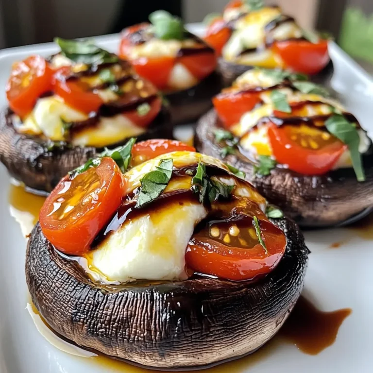 Um die Caprese Stuffed Portobello Mushrooms zuzubereiten, benötigst du folgende Zutaten: - 4 große Portobello-Pilze, Stiele entfernt - 250 g Kirschtomaten, geviertelt - 250 g frische Mozzarella-Kugeln, halbiert - 1/4 Tasse frische Basilikumblätter, fein gehackt - 2 Esslöffel Balsamico-Glasur - 2 Esslöffel Olivenöl - 2 Knoblauchzehen, fein gehackt - Salz und schwarzer Pfeffer nach Geschmack - Eine Prise rote Pfefferflocken (optional, für etwas Schärfe) Achte darauf, frische und hochwertige Zutaten zu wählen. Die Portobello-Pilze sollten fest und ohne Flecken sein. Die Kirschtomaten sollten reif und saftig sein, um den besten Geschmack zu bieten. Verwende frische Mozzarella-Kugeln, die cremig und weich sind. Frisches Basilikum bringt das Aroma perfekt zur Geltung. Wenn möglich, greife zu Bio-Zutaten. Sie sind oft geschmackvoller und gesünder. Diese gefüllten Pilze sind nicht nur lecker, sondern auch nahrhaft. Sie liefern Ballaststoffe, Vitamine und Mineralstoffe. Eine Portion enthält: - Kalorien: ca. 200 - Eiweiß: 12 g - Fett: 14 g - Kohlenhydrate: 8 g Diese Werte können je nach genutzten Zutaten leicht variieren. {{ingredient_image_2}} Zuerst heizen Sie den Ofen auf 190°C vor. Nehmen Sie eine große Schüssel. Fügen Sie die geviertelten Kirschtomaten, die halbierten Mozzarella-Kugeln, und die fein gehackten Basilikumblätter hinzu. Dann geben Sie die gehackten Knoblauchzehen und die Balsamico-Glasur dazu. Würzen Sie die Mischung mit Salz, Pfeffer und optionalen roten Pfefferflocken. Rühren Sie alles gut um, damit die Aromen sich vermischen. Jetzt ist es Zeit für die Pilze. Bestreichen Sie die Portobello-Pilze auf beiden Seiten mit Olivenöl. Würzen Sie sie mit Salz und Pfeffer. Legen Sie die Pilze mit der Gills-Seite nach oben auf ein mit Backpapier ausgelegtes Blech. Füllen Sie jede Pilzkappe großzügig mit der Tomaten- und Mozzarella-Mischung. Stellen Sie sicher, dass sie bis oben gefüllt sind. Backen Sie die Pilze im vorgeheizten Ofen für etwa 20 bis 25 Minuten. Die Pilze sollten zart sein, und der Käse muss geschmolzen und sprudelnd sein. Wenn die Pilze fertig sind, nehmen Sie sie aus dem Ofen. Lassen Sie sie einige Minuten abkühlen. Servieren Sie die gefüllten Pilze auf einem großen Teller. Beträufeln Sie sie mit zusätzlicher Balsamico-Glasur. Garnieren Sie sie mit frischen Basilikumblättern für einen schönen Farbkontrast. Guten Appetit! Um die perfekten Portobello-Pilze zu backen, ist die Vorbereitung wichtig. Beginnen Sie mit frischen, großen Pilzen. Entfernen Sie die Stiele vorsichtig, um Platz für die Füllung zu schaffen. Achten Sie darauf, die Pilze gut mit Olivenöl zu bestreichen. Dies hilft, die Feuchtigkeit zu bewahren. Backen Sie sie mit der Gills-Seite nach oben. So kann die Füllung nicht herausfallen. Backen Sie die Pilze bei 190°C für 20 bis 25 Minuten. Sie sind fertig, wenn sie zart sind und der Käse sprudelt. Es gibt viele Möglichkeiten, den Geschmack zu verbessern. Fügen Sie geröstete Pinienkerne hinzu, um einen nussigen Crunch zu erhalten. Eine Prise Zitronenschale bringt Frische. Sie können auch Spinat oder Zucchini in die Füllung mischen. Für einen würzigen Kick sind Jalapeños oder rote Pfefferflocken ideal. Experimentieren Sie mit verschiedenen Käsesorten wie Feta oder Parmesan. So passen Sie die Füllung nach Ihrem Geschmack an. Ein häufiger Fehler ist, die Pilze nicht genug zu würzen. Salz und Pfeffer sind wichtig für den Geschmack. Ein weiterer Fehler ist, die Pilze zu lange zu backen. Achten Sie darauf, sie rechtzeitig aus dem Ofen zu nehmen. Wenn die Füllung zu flüssig ist, verwenden Sie weniger Balsamico-Glasur. Sie möchten nicht, dass die Pilze matschig werden. Achten Sie darauf, die Füllung gleichmäßig zu verteilen, damit jeder Bissen perfekt ist. Pro Tipps Frische Zutaten: Verwenden Sie frische, reife Kirschtomaten und hochwertigen Mozzarella für den besten Geschmack. Vorsicht beim Backen: Achten Sie darauf, die Pilze nicht zu lange zu backen, damit sie nicht zu weich werden. Variation: Experimentieren Sie mit verschiedenen Käsesorten wie Feta oder Ziegenkäse für einen anderen Geschmack. Serviervorschlag: Servieren Sie die gefüllten Pilze mit einem frischen Salat für eine ausgewogene Mahlzeit. {{image_4}} Wenn du eine vegane Version der Caprese Stuffed Portobello Mushrooms machen möchtest, gibt es tolle Optionen. Statt Mozzarella kannst du Cashew-Käse oder eine Mischung aus Tofu und Nährhefe verwenden. Diese Alternativen bieten einen ähnlichen Geschmack und eine cremige Textur. Verwende auch etwas Zitronensaft für zusätzlichen Geschmack. Portobello-Pilze sind von Natur aus glutenfrei. Das Rezept ist also schon perfekt für glutenfreie Ernährung. Achte nur darauf, dass die Balsamico-Glasur und andere Zutaten glutenfrei sind. Viele Marken bieten glutenfreie Produkte an. So kannst du sicher sein, dass du alles genießen kannst, ohne dir Sorgen zu machen. Für mehr Geschmack kannst du andere Zutaten hinzufügen. Gegrillte Zucchini oder Paprika passen gut dazu. Auch schwarze Oliven oder Artischockenherzen bringen einen neuen Twist. Experimentiere mit verschiedenen Kräutern wie Oregano oder Thymian für mehr Aromen. Für einen würzigen Kick kannst du Jalapeños oder Peperoni hinzufügen. Diese Variationen machen dein Gericht spannend und lecker. Um die gefüllten Portobello-Pilze frisch zu halten, sollten Sie sie zuerst abkühlen lassen. Legen Sie die Pilze dann in einen luftdichten Behälter. Sie können sie mit Folie abdecken, um eine zusätzliche Schutzschicht zu schaffen. Lagern Sie die Pilze im Kühlschrank. Sie bleiben so bis zu drei Tage frisch. Um die gefüllten Pilze aufzuwärmen, nehmen Sie sie aus dem Kühlschrank. Heizen Sie den Ofen auf 180°C vor. Legen Sie die Pilze auf ein Backblech. Decken Sie sie mit Folie ab, um ein Austrocknen zu verhindern. Backen Sie sie für etwa 15 Minuten. Wenn Sie möchten, können Sie die Folie in den letzten Minuten entfernen, damit der Käse wieder schön schmilzt. Die gefüllten Pilze sind im Kühlschrank bis zu drei Tage haltbar. Wenn Sie sie länger aufbewahren möchten, können Sie sie einfrieren. Wickeln Sie jede Pilzkappe gut in Plastikfolie. Legen Sie sie dann in einen gefrierfesten Behälter. So bleiben sie bis zu drei Monate haltbar. Zum Auftauen legen Sie die gefrorenen Pilze einfach über Nacht in den Kühlschrank. Gefüllte Portobello-Pilze sind bis zu drei Tage frisch. Bewahre sie in einem luftdichten Behälter im Kühlschrank auf. So bleiben sie saftig und lecker. Wenn du sie länger aufbewahren möchtest, kannst du sie bis zu einem Monat einfrieren. Achte darauf, sie gut einzupacken, um Frostschäden zu vermeiden. Ja, frische Kräuter sind eine tolle Idee! Sie geben den gefüllten Pilzen mehr Geschmack. Du kannst Basilikum, Oregano oder Thymian verwenden. Frische Kräuter sind besser als getrocknete, da sie mehr Aroma bieten. Füge sie einfach in die Mischung aus Kirschtomaten und Mozzarella hinzu, bevor du die Pilze füllst. Wenn du keinen Mozzarella hast, sind Alternativen möglich. Du kannst Feta-Käse oder Ricotta verwenden. Beide bringen einen anderen Geschmack, passen aber gut zu den Pilzen. Für vegane Optionen kannst du auch pflanzlichen Käse nutzen. Achte darauf, dass dieser gut schmilzt, damit du die richtige Konsistenz bekommst. In diesem Artikel haben wir die besten Zutaten und Schritte für gefüllte Portobello-Pilze besprochen. Wir haben die richtige Qualität der Zutaten hervorgehoben und wichtige Nährwerte geteilt. Außerdem gab es Tipps für das perfekte Backen und kreative Variationen. Lagerungshinweise helfen dir, die Pilze frisch zu halten. Denke daran, auch bei den häufigsten Fehlern darauf zu achten. Du kannst viele tolle Alternativen ausprobieren. Lass die gefüllten Pilze ein Hit auf deinem Tisch sein!
