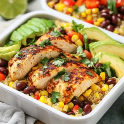 Für diese einfache und leckere Mahlzeitenvorbereitung benötigst du: - 900 g Hähnchenbrust, gewürfelt - 240 g Quinoa, abgespült - 480 ml natriumarme Hühnerbrühe - 240 g schwarze Bohnen, abgegossen und abgespült - 1 rote Paprika, gewürfelt - 240 g Mais (frisch, tiefgekühlt oder aus der Dose) - 1 Avocado, in Scheiben - 1 Esslöffel Olivenöl - 2 Teelöffel geräuchertes Paprikapulver - 1 Teelöffel Kreuzkümmel - 1 Teelöffel Knoblauchpulver - Salz und Pfeffer nach Geschmack - Frische Limettenviertel zum Servieren - Gehackter Koriander zum Garnieren (optional) Diese Zutaten sind vollgepackt mit Proteinen und Nährstoffen. So bleibst du gesund und satt. Das Rezept ergibt vier Portionen. Jede Portion enthält zarte Hähnchenstücke, Quinoa und viel Gemüse. Diese Mischung sorgt für ein ausgewogenes Gericht. Du kannst die Portionen nach deinem Bedarf anpassen. Wähle frische Hähnchenbrust, die fest und geruchsneutral ist. Achte auf die Farbe; sie sollte gleichmäßig und rosa sein. Für Gemüse nimm knackige Paprika und frischen Mais. Wenn du gefrorenen Mais verwendest, achte darauf, dass er nicht gefroren ist. Frische Limetten sorgen für einen tollen Geschmack. Sie sind oft saftiger als die gelagerten. {{ingredient_image_2}} Um das Hähnchen zu marinieren, nimm eine große Schüssel. Gib die 900 g gewürfelte Hähnchenbrust hinein. Füge 1 Esslöffel Olivenöl, 2 Teelöffel geräuchertes Paprikapulver, 1 Teelöffel Kreuzkümmel, 1 Teelöffel Knoblauchpulver, Salz und Pfeffer hinzu. Mische alles gut durch. Lass das Hähnchen mindestens 15 Minuten ziehen. So zieht der Geschmack tief ein. In einem mittelgroßen Topf bringst du 480 ml natriumarme Hühnerbrühe zum Kochen. Sobald es kocht, füge 240 g abgespülte Quinoa hinzu. Reduziere die Hitze auf ein sanftes Köcheln. Setze einen Deckel auf den Topf und koche die Quinoa etwa 15 Minuten lang. Wenn die Flüssigkeit aufgesogen ist, lockere die Quinoa mit einer Gabel auf und stelle sie beiseite. Während die Quinoa kocht, erhitze eine große Pfanne bei mittlerer bis hoher Hitze. Gib das marinierte Hähnchen in die Pfanne. Brate es etwa 6-8 Minuten lang an, bis es durchgegart ist. Rühre gelegentlich um, damit es gleichmäßig bräunt. Nach dem Braten füge die gewürfelte rote Paprika und 240 g Mais hinzu. Koche weitere 3-4 Minuten, bis die Paprika weich sind. Jetzt füge 240 g schwarze Bohnen und die gekochte Quinoa zu der Hähnchen-Gemüse-Mischung hinzu. Rühre alles gut um. Erwärme das Ganze noch etwa 2 Minuten. Schmecke das Gericht ab und passe die Würze nach deinem Geschmack an. Teile die Hähnchen-, Quinoa- und Gemüsemischung gleichmäßig auf die Mahlzeitenbehälter auf. Jede Portion kannst du mit Avocado-Scheiben belegen. Träufle frischen Limettensaft darüber und bestreue sie optional mit gehacktem Koriander. Verschließe die Behälter gut und bewahre sie im Kühlschrank auf. Die Marinierzeit ist wichtig für den Geschmack. Ich empfehle, das Hähnchen mindestens 15 Minuten zu marinieren. So zieht das Aroma gut ein. Wenn du mehr Zeit hast, lass es bis zu 2 Stunden ziehen. Das macht das Hähnchen noch zarter. Verwende immer frische Zutaten, wenn du marinierst. So wird der Geschmack intensiver. Quinoa und Bohnen sind einfach zu lagern. Du kannst gekochte Quinoa in einem luftdichten Behälter im Kühlschrank aufbewahren. Sie bleiben dort bis zu 5 Tage frisch. Bohnen sollten ebenfalls in einem geschlossenen Behälter gelagert werden. Achte darauf, dass sie gut abgekühlt sind, bevor du sie in den Kühlschrank stellst. Das sorgt dafür, dass sie nicht matschig werden. Die Geschmäcker können variieren. Du kannst die Gewürze anpassen, um neue Aromen zu entdecken. Probiere zum Beispiel mehr Kreuzkümmel oder füge frischen Koriander hinzu. Wenn du es scharf magst, kannst du etwas Chilipulver einstreuen. Du kannst auch verschiedene Gemüsearten verwenden, um das Gericht neu zu gestalten. Experimentiere mit deinem Lieblingsgemüse! Pro Tipps Hähnchen marinieren: Für intensiveren Geschmack das Hähnchen mindestens 30 Minuten oder über Nacht marinieren. Quinoa richtig kochen: Um die Quinoa fluffiger zu machen, spülen Sie sie gründlich ab, bevor Sie sie kochen. Gemüse variieren: Fühlen Sie sich frei, das Gemüse nach Saison oder Vorliebe auszutauschen, z.B. Zucchini oder Brokkoli. Portionen anpassen: Die Mengen können je nach Ernährungsbedarf oder Appetit angepasst werden, um die Mahlzeitenpersonalisiert zu gestalten. {{image_4}} Für eine vegane Version kannst du das Hähnchen durch Tofu oder Tempeh ersetzen. Beide sind reich an Proteinen und passen gut zu den anderen Zutaten. Achte darauf, dass die Brühe auch vegan ist. Du kannst Gemüsebrühe verwenden, um den Geschmack zu verbessern. Für eine glutenfreie Option verwende Quinoa, da sie von Natur aus glutenfrei ist. Stelle sicher, dass alle anderen Zutaten auch glutenfrei sind, besonders die Brühe. Wenn du kein Hähnchen magst, probiere Pute oder Fisch. Beide bringen viel Protein in deine Mahlzeit. Für die Kohlenhydrate kannst du braunen Reis oder Buchweizen nutzen. Diese Alternativen bieten verschiedene Geschmäcker und Texturen. Denke daran, die Kochzeiten entsprechend anzupassen, damit sie gut garen. Saisonales Gemüse bringt frische Aromen in deine Mahlzeiten. Im Frühling sind Spargel und Erbsen toll. Im Sommer kannst du Zucchini und Tomaten verwenden. Im Herbst passen Kürbis und Brokkoli gut dazu, und im Winter sind Karotten und Rosenkohl ideal. Diese Gemüsesorten geben nicht nur Geschmack, sondern auch Nährstoffe. Experimentiere mit verschiedenen Kombinationen, um deine Mahlzeiten bunt und nahrhaft zu gestalten. Um deine Hähnchen-Mahlzeiten frisch zu halten, nutze luftdichte Behälter. Achte darauf, dass die Behälter gut verschlossen sind. So bleibt das Essen länger lecker. Teile die Portionen gleichmäßig auf. Das verhindert, dass du mehrmals in einen Behälter greifen musst. Stelle die Behälter sofort nach der Zubereitung in den Kühlschrank. Im Kühlschrank halten sich die Mahlzeiten bis zu fünf Tage. Achte darauf, dass die Temperatur unter 4 Grad Celsius liegt. Wenn du die Mahlzeiten länger aufbewahren möchtest, friere sie ein. Im Gefrierfach bleiben sie bis zu drei Monate frisch. Beschrifte die Behälter mit dem Datum, um den Überblick zu behalten. Erwärme die Mahlzeiten langsam. Du kannst eine Mikrowelle oder einen Herd nutzen. Wenn du die Mikrowelle verwendest, decke die Behälter ab. Das hilft, Feuchtigkeit zu halten. Rühre die Mahlzeit gut um, damit alles gleichmäßig warm wird. Überprüfe die Temperatur, bevor du isst. So vermeidest du kalte Stellen im Essen. Die Hähnchenbrust hat einen hohen Proteingehalt. 900 g Hähnchenbrust ergeben vier Portionen. Jede Portion hat etwa 40 g Protein. Das macht diese Mahlzeit perfekt für eine proteinreiche Ernährung. Protein hilft beim Muskelaufbau und hält dich satt. Ja, du kannst die Mahlzeiten ohne Vorkochen machen. Statt die Quinoa zu kochen, kannst du vorgekochte Quinoa verwenden. Das spart Zeit. Das Hähnchen kannst du auch grillen oder im Ofen backen. So hast du eine schnelle und gesunde Option. Du kannst viele Zutaten hinzufügen. Probier Zucchini, Spinat oder Brokkoli. Diese Gemüse sind gesund und lecker. Auch Kichererbsen sind eine gute Wahl für mehr Protein. Für mehr Geschmack füg Gewürze wie Chili oder Ingwer hinzu. So wird jede Portion einzigartig und spannend. In diesem Artikel haben wir die besten Zutaten für proteinreiche Hähnchen-Mahlzeiten erkundet. Wir haben die Schritte zur Zubereitung sowie Tipps zur Aufbewahrung und Anpassungen für verschiedene Diäten behandelt. Wichtig ist, frische Zutaten zu wählen und auf Portionen zu achten. Experimentiere mit Gewürzen und saisonalem Gemüse für mehr Geschmack. Mit diesen einfachen Schritten kannst du gesunde Mahlzeiten schnell zubereiten. Genieße die Vorteile einer durchdachten Meal Prep für mehr Energie und weniger Stress bei der Essensplanung.