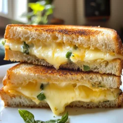Für ein köstliches gegrilltes Käse-Sandwich benötigst du die richtigen Zutaten. Hier sind sie: - 4 Scheiben Sauerteigbrot - 2 Esslöffel ungesalzene Butter, weich - 1 Tasse scharfer Cheddar-Käse, gerieben - 1/2 Tasse Gruyère-Käse, gerieben - 1 Esslöffel frisches Basilikum, gehackt (optional) - 1/4 Teelöffel Knoblauchpulver - Salz und Pfeffer nach Geschmack Diese Zutaten sorgen für einen tollen Geschmack und eine schöne Textur. Die Wahl des Käses ist entscheidend. Ich empfehle, eine Kombination aus scharfem Cheddar und Gruyère zu verwenden. Cheddar bringt eine kräftige Note mit, während Gruyère für eine cremige Schmelze sorgt. Du kannst auch andere Käsesorten ausprobieren, wie Mozzarella für mehr Dehnung oder Brie für einen milderen Geschmack. Das Brot ist die Basis deines Sandwiches. Sauerteigbrot ist ideal, da es außen knusprig und innen weich ist. Du kannst auch Vollkornbrot oder Ciabatta verwenden. Achte darauf, dass das Brot frisch ist. So vermeidest du ein matschiges Sandwich. {{ingredient_image_2}} Beginne mit der Auswahl der richtigen Zutaten. Du brauchst: - 4 Scheiben Sauerteigbrot - 2 Esslöffel ungesalzene Butter, weich - 1 Tasse scharfer Cheddar-Käse, gerieben - 1/2 Tasse Gruyère-Käse, gerieben - 1 Esslöffel frisches Basilikum, gehackt (optional) - 1/4 Teelöffel Knoblauchpulver - Salz und Pfeffer nach Geschmack Stelle sicher, dass die Butter weich ist. Das macht das Streichen einfacher. Reibe den Käse im Voraus. So sparst du Zeit. Nimm eine kleine Schüssel. Mische die weiche Butter, Knoblauchpulver, eine Prise Salz und Pfeffer. Rühre gut um. Diese aromatische Butter bringt viel Geschmack. Du kannst auch frisches Basilikum hinzufügen. Es fügt eine frische Note hinzu. Verteile die Butter gleichmäßig auf einer Seite jeder Brotscheibe. Achte darauf, dass du genug Butter verwendest. Das macht die Kruste knusprig und goldbraun. Erhitze eine Pfanne auf mittlerer Hitze. Lege zwei Brotscheiben mit der unbutterten Seite nach oben in die Pfanne. Bedecke sie gleichmäßig mit Cheddar und Gruyère. Wenn du möchtest, streue etwas Basilikum darüber. Legen die anderen zwei Brotscheiben darauf, aber mit der buttrigen Seite nach außen. Grillen die Sandwiches für 3-4 Minuten. Drücke leicht mit einem Pfannenwender nach unten. Das sorgt für eine knusprige Kruste. Wende die Sandwiches vorsichtig um und grille die andere Seite. Warte, bis der Käse schmilzt und die Kruste goldbraun wird. Nach dem Grillen lass die Sandwiches eine Minute ruhen. So setzen sich die Aromen. Dann halbieren und heiß servieren. Die perfekte Grilltemperatur liegt bei mittlerer Hitze. So wird das Brot goldbraun und der Käse schmilzt gut. Grillen Sie das Sandwich etwa 3 bis 4 Minuten pro Seite. Achten Sie auf die Farbe des Brotes. Wenn es goldbraun ist, wenden Sie es. Um den Käse gleichmäßig zu schmelzen, verwenden Sie eine Mischung aus Käsesorten. Cheddar und Gruyère sind ideal. Diese Käsesorten schmelzen gut und geben tollen Geschmack. Drücken Sie während des Grillens leicht mit einem Pfannenwender auf das Sandwich. So wird der Käse schneller weich. Gewürze und frische Kräuter machen Ihr Käse-Sandwich besonders. Fügen Sie Knoblauchpulver zur Butter hinzu. Das bringt viel Aroma. Frisches Basilikum ist ein weiterer toller Zusatz. Es passt gut zu Käse und gibt einen frischen Geschmack. Experimentieren Sie mit Ihren Lieblingsgewürzen für mehr Vielfalt. Pro Tipps Wählen Sie den richtigen Käse: Eine Mischung aus scharfem Cheddar und Gruyère sorgt für ein perfektes Geschmacksprofil. Experimentieren Sie auch mit anderen Käsesorten wie Fontina oder Mozzarella für unterschiedliche Texturen. Die richtige Hitze: Grillen Sie das Sandwich bei mittlerer Hitze, um sicherzustellen, dass der Käse vollständig schmilzt, ohne dass das Brot verbrennt. Ein langsames Grillen sorgt für eine goldbraune, knusprige Kruste. Butter gleichmäßig verteilen: Stellen Sie sicher, dass die Butter gleichmäßig auf das Brot aufgetragen wird, um eine gleichmäßige Bräunung und Knusprigkeit zu erreichen. Verwenden Sie ein Buttermesser oder einen Silikonpinsel. Sandwich ruhen lassen: Lassen Sie das Sandwich nach dem Grillen eine Minute ruhen, bevor Sie es schneiden. Dies hilft, dass der geschmolzene Käse nicht ausläuft und das Sandwich stabil bleibt. {{image_4}} Viele lieben es, ihr Käse-Sandwich zu verfeinern. Speck bringt einen tollen Crunch. Er passt gut zu dem schmelzenden Käse. Tomaten geben Frische und saftige Noten. Du kannst frische Tomatenscheiben hinzufügen oder sogar getrocknete Tomaten verwenden. Beides schmeckt himmlisch. Für Veganer gibt es viele Optionen. Du kannst pflanzliche Butter nutzen. Statt Käse nimmst du veganen Käse. Achte darauf, dass er gut schmilzt. Glutenfreies Brot ist einfach zu finden. Probiere verschiedene Sorten aus, um die beste Textur zu finden. Käse ist der Star deines Sandwiches. Experimentiere mit Gouda, Mozzarella oder sogar Blauschimmelkäse. Jeder Käse hat seinen eigenen Geschmack. Auch das Brot kann variieren. Vollkornbrot oder Ciabatta geben einen neuen Twist. Probiere es aus und finde deine Lieblingskombination! Um Reste Ihres gegrillten Käse-Sandwiches gut zu lagern, lassen Sie es zuerst abkühlen. Wickeln Sie es dann in Frischhaltefolie oder legen Sie es in einen luftdichten Behälter. So bleibt das Sandwich frisch. Sie können es bis zu zwei Tage im Kühlschrank aufbewahren. Achten Sie darauf, es nicht zu lange zu lagern, damit der Geschmack erhalten bleibt. Zum Wiedererwärmen gibt es mehrere Optionen. Die beste Methode ist die Pfanne. Erhitzen Sie die Pfanne bei mittlerer Hitze und legen Sie das Sandwich hinein. Grillen Sie es für ein paar Minuten auf jeder Seite. So wird das Brot wieder knusprig und der Käse schmilzt gleichmäßig. Alternativ können Sie auch einen Toaster oder Mikrowelle nutzen, aber das Brot wird nicht knusprig sein. Um Sumpfen und Matsche zu vermeiden, lassen Sie das Sandwich nach dem Grillen ruhen. Dies hilft, den Dampf entweichen zu lassen. Wenn Sie Reste aufbewahren, stellen Sie sicher, dass das Sandwich vollständig abgekühlt ist, bevor Sie es lagern. Vermeiden Sie auch, das Sandwich in einen Behälter zu packen, während es noch warm ist, denn das kann Feuchtigkeit erzeugen. Um ein Anbrennen zu vermeiden, nutzen Sie eine mittlere Hitze. Zu hohe Hitze kann das Brot verbrennen, bevor der Käse schmilzt. Achten Sie darauf, die Pfanne gut vorzuwärmen. Verwenden Sie auch ausreichend Butter auf dem Brot. Dies hilft, eine goldbraune Kruste zu bilden und schützt vor direkter Hitze. Grillen Sie das Sandwich etwa 3-4 Minuten pro Seite. Wenden Sie es, wenn die Unterseite goldbraun ist. Der Käse sollte schön schmelzen. Drücken Sie das Sandwich leicht mit einem Pfannenwender. So entsteht eine knusprigere Kruste und der Käse schmilzt gleichmäßiger. Zu einem gegrillten Käse-Sandwich passen viele Beilagen. Eine warme Tomatensuppe ist klassisch und lecker. Auch ein frischer Salat bringt Farbe und Geschmack. Sie können auch eingelegte Gurken oder Oliven servieren. Diese Beilagen ergänzen das Sandwich perfekt. Ein perfektes gegrilltes Käse-Sandwich braucht die richtigen Zutaten, gute Technik und kreative Variationen. Ich habe dir gezeigt, wie du aromatische Butter machst und die Grilltechnik meisterst. Achte auf die Temperatur für den besten Crunch. Experimentiere mit Käsesorten und füge Beläge hinzu, die dir gefallen. Denke daran, Reste richtig zu lagern, um den vollen Geschmack zu bewahren. Mit diesen Tipps bist du bereit, dein eigenes leckeres Sandwich zuzubereiten. Viel Spaß beim Grillen!