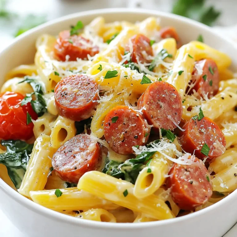 Für die Ein-Topf Cremige Kielbasa-Pasta brauchst du einige wichtige Zutaten. Diese sorgen für den vollen Geschmack und die cremige Textur. Hier sind die Hauptzutaten: - 340 g Penne-Nudeln - 340 g Kielbasa-Wurst, in Scheiben geschnitten - 480 ml Hühnerbrühe - 240 ml Schlagsahne - 150 g Kirschtomaten, halbiert - 150 g frischer Spinat - 1 Esslöffel Olivenöl - 50 g geriebener Parmesan-Käse - Frische Petersilie, zum Garnieren, gehackt Die richtigen Gewürze und Öle machen den Unterschied. Du solltest diese nicht vergessen: - 1 Teelöffel Knoblauchpulver - 1 Teelöffel Zwiebelpulver - Salz nach Geschmack - Pfeffer nach Geschmack Diese Gewürze geben der Pasta einen tollen Geschmack. Das Olivenöl ist wichtig, um die Kielbasa schön anzubraten. Zu dieser Pasta passen einige einfache Beilagen. Hier sind meine Empfehlungen: - Ein frischer grüner Salat - Knuspriges Brot oder Baguette - Gedünstetes Gemüse, wie Brokkoli oder grüne Bohnen Diese Beilagen runden das Gericht ab und sorgen für eine ausgewogene Mahlzeit. Die Kombination macht es besonders lecker. {{ingredient_image_2}} Zuerst erhitze ich 1 Esslöffel Olivenöl in einem großen Topf. Ich stelle die Hitze auf mittel. Wenn das Öl heiß ist, gebe ich die in Scheiben geschnittene Kielbasa dazu. Ich brate sie 4-5 Minuten lang an, bis sie eine goldene Farbe hat. Das gibt der Pasta einen tollen Geschmack. Nun füge ich 340 g Penne-Nudeln und 480 ml Hühnerbrühe in den Topf hinzu. Ich achte darauf, dass die Nudeln ganz in der Brühe sind. Danach bringe ich alles zum Kochen. Es ist wichtig, dass die Brühe sprudelt. Sobald die Brühe kocht, senke ich die Hitze und decke den Topf ab. Ich lasse die Nudeln 12-15 Minuten köcheln. Ich rühre gelegentlich um, damit die Nudeln nicht kleben. So werden sie schön zart. Jetzt füge ich 240 ml Schlagsahne, 150 g Kirschtomaten und 150 g frischen Spinat in den Topf. Ich gebe auch 1 Teelöffel Knoblauchpulver und 1 Teelöffel Zwiebelpulver dazu. Ich rühre gut um, bis der Spinat verwelkt. Das dauert etwa 2-3 Minuten. Ich nehme den Topf vom Herd und rühre 50 g geriebenen Parmesan-Käse unter. Der Käse schmilzt und macht die Pasta schön cremig. Ich schmecke alles mit Salz und Pfeffer ab, um den Geschmack zu verbessern. Ich richte die cremige Pasta auf Tellern an. Jede Portion garnieren ich mit frischer, gehackter Petersilie. Das gibt Farbe und einen frischen Geschmack. Jetzt ist die Ein-Topf Cremige Kielbasa Pasta bereit zum Genießen! Um die perfekte Konsistenz für deine Ein-Topf Cremige Kielbasa Pasta zu erreichen, achte auf die Menge der Brühe. Nutze 480 ml Hühnerbrühe, damit die Pasta gut kocht. Du kannst auch die Sahne langsam einrühren, um eine cremige Textur zu erzielen. Wenn du die Sahne zu schnell hinzufügst, kann die Mischung klumpig werden. Ein großer Topf ist ideal für dieses Rezept. Ein Holzlöffel hilft dir, die Zutaten gut zu mischen. Ein Deckel ist wichtig, um die Hitze zu halten und die Nudeln gleichmäßig zu garen. Wenn du einen Messbecher hast, kannst du die Brühe und Sahne genau abmessen. Das macht das Kochen einfacher. Vermeide es, die Nudeln zu lange zu kochen. Sie sollten al dente sein, also leicht bissfest. Rühre die Nudeln regelmäßig um, damit sie nicht am Boden des Topfes kleben. Wenn du den Käse hinzufügst, nimm den Topf vom Herd. Das verhindert, dass der Käse klumpt. Wenn du diese Tipps befolgst, gelingt dir die Pasta sicher! Pro Tipps Wurst vorbraten: Damit die Kielbasa eine schöne Bräunung erhält und zusätzlichen Geschmack entwickelt, braten Sie sie immer zuerst in Olivenöl an, bevor Sie die anderen Zutaten hinzufügen. Gemüse frisch halten: Fügen Sie den Spinat und die Kirschtomaten erst gegen Ende des Kochvorgangs hinzu, damit sie frisch und knackig bleiben und ihre Farbe bewahren. Parmesan richtig einrühren: Nehmen Sie den Topf vom Herd, bevor Sie den Parmesan hinzufügen. Dies verhindert, dass der Käse klumpig wird und sorgt für eine schön cremige Konsistenz. Resteverwertung: Diese Pasta ist perfekt für Reste! Fügen Sie Ihr Lieblingsgemüse oder andere Wurstsorten hinzu, um das Gericht nach Ihrem Geschmack zu variieren. {{image_4}} Wenn Sie eine vegetarische Version der Ein-Topf Cremige Kielbasa Pasta möchten, gibt es viele Möglichkeiten. Tauschen Sie die Kielbasa-Wurst gegen gebratene Pilze oder Räuchertofu aus. Diese Optionen geben einen herzhaften Geschmack. Für zusätzlichen Biss können Sie auch Kichererbsen oder Linsen hinzufügen. Sie bieten Protein und machen das Gericht nahrhaft. Verwenden Sie Gemüsebrühe anstelle von Hühnerbrühe, um das Gericht komplett vegetarisch zu halten. Die Gewürze in diesem Rezept sind einfach, aber Sie können sie anpassen. Fügen Sie frische Kräuter wie Basilikum oder Oregano hinzu, um mehr Geschmack zu bekommen. Chili-Flocken bringen etwas Schärfe, wenn Sie das mögen. Sie können auch italienische Gewürzmischungen verwenden, um einen anderen Geschmack zu erzielen. Experimentieren Sie mit dem Knoblauch- und Zwiebelpulver. Frischer Knoblauch und Zwiebeln geben mehr Aroma. Pasta ist vielseitig, und es gibt viele Alternativen. Wenn Sie keine Penne-Nudeln haben, probieren Sie Fusilli oder Farfalle. Wenn Sie glutenfrei leben, verwenden Sie glutenfreie Pasta. Zucchini-Nudeln sind eine gute Low-Carb-Option. Sie bieten eine leichte und gesunde Variante. Achten Sie darauf, die Kochzeit anzupassen, da verschiedene Nudeln unterschiedlich garen. Du kannst die Reste deiner Ein-Topf Cremigen Kielbasa Pasta im Kühlschrank aufbewahren. Fülle die Pasta in einen luftdichten Behälter. So bleibt sie frisch und lecker. Die Pasta hält sich bis zu drei Tage. Achte darauf, dass die Pasta vollständig abgekühlt ist, bevor du sie in den Kühlschrank stellst. Um die Pasta aufzuwärmen, gib sie in einen Topf. Füge etwas Wasser oder Brühe hinzu. Erhitze die Mischung bei mittlerer Hitze. Rühre regelmäßig um, damit die Nudeln nicht kleben bleiben. Du kannst auch die Mikrowelle verwenden. Stelle die Pasta in eine mikrowellengeeignete Schüssel und decke sie ab. Erwärme sie in 30-Sekunden-Intervallen, bis sie heiß ist. Du kannst die Pasta auch einfrieren. Teile die Portionen in luftdichte Behälter auf. So kannst du die Pasta bei Bedarf auftauen. Die Pasta bleibt bis zu drei Monate im Gefrierschrank gut. Zum Auftauen, lasse die Pasta über Nacht im Kühlschrank. Du kannst sie dann wie gewohnt aufwärmen. Du kannst viele Beilagen zu dieser Pasta genießen. Ein einfacher Blattsalat passt gut. Auch ein knuspriges Baguette ist lecker. Wenn du Gemüse magst, probiere geröstete Brokkoli oder grüne Bohnen. Diese Optionen bringen Frische und Farbe auf den Tisch. Frischer Spinat macht das Gericht lebendig. Er verleiht Geschmack und Nährstoffe. Du kannst auch gefrorenen Spinat verwenden, wenn du keinen frischen hast. Achte darauf, ihn vorher gut abzutropfen. So bleibt die Pasta nicht wässrig. Die Ein-Topf Cremige Kielbasa-Pasta bleibt bis zu drei Tage im Kühlschrank frisch. Bewahre sie in einem luftdichten Behälter auf. Vor dem Essen kannst du sie einfach aufwärmen. Achte darauf, etwas Wasser hinzuzufügen, um sie cremig zu halten. Die Ein-Topf Cremige Kielbasa-Pasta ist einfach und lecker. Wir haben die Hauptzutaten und Gewürze besprochen. Die Schritt-für-Schritt-Anleitung zeigt, wie leicht du es zubereiten kannst. Außerdem gab es Tipps für die perfekte Konsistenz und Variationen für jeden Geschmack. Diese Pasta ist flexibel und lässt sich gut lagern. Experimentiere mit verschiedenen Beilagen und Zutaten. Probiere es selbst aus, um eine köstliche Mahlzeit zu genießen. Kochen macht Spaß und ist einfach. Viel Freude beim Nachkochen!