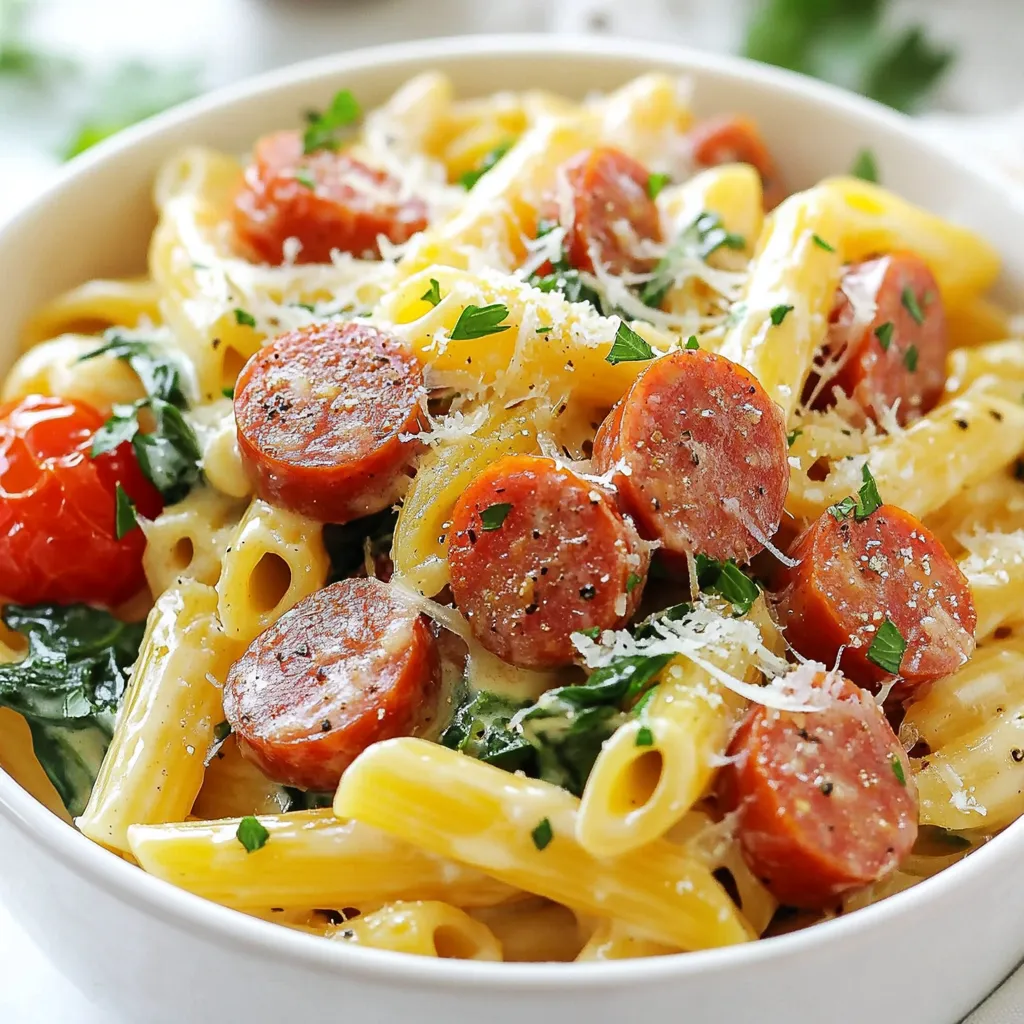 Für die Ein-Topf Cremige Kielbasa-Pasta brauchst du einige wichtige Zutaten. Diese sorgen für den vollen Geschmack und die cremige Textur. Hier sind die Hauptzutaten: - 340 g Penne-Nudeln - 340 g Kielbasa-Wurst, in Scheiben geschnitten - 480 ml Hühnerbrühe - 240 ml Schlagsahne - 150 g Kirschtomaten, halbiert - 150 g frischer Spinat - 1 Esslöffel Olivenöl - 50 g geriebener Parmesan-Käse - Frische Petersilie, zum Garnieren, gehackt Die richtigen Gewürze und Öle machen den Unterschied. Du solltest diese nicht vergessen: - 1 Teelöffel Knoblauchpulver - 1 Teelöffel Zwiebelpulver - Salz nach Geschmack - Pfeffer nach Geschmack Diese Gewürze geben der Pasta einen tollen Geschmack. Das Olivenöl ist wichtig, um die Kielbasa schön anzubraten. Zu dieser Pasta passen einige einfache Beilagen. Hier sind meine Empfehlungen: - Ein frischer grüner Salat - Knuspriges Brot oder Baguette - Gedünstetes Gemüse, wie Brokkoli oder grüne Bohnen Diese Beilagen runden das Gericht ab und sorgen für eine ausgewogene Mahlzeit. Die Kombination macht es besonders lecker. {{ingredient_image_2}} Zuerst erhitze ich 1 Esslöffel Olivenöl in einem großen Topf. Ich stelle die Hitze auf mittel. Wenn das Öl heiß ist, gebe ich die in Scheiben geschnittene Kielbasa dazu. Ich brate sie 4-5 Minuten lang an, bis sie eine goldene Farbe hat. Das gibt der Pasta einen tollen Geschmack. Nun füge ich 340 g Penne-Nudeln und 480 ml Hühnerbrühe in den Topf hinzu. Ich achte darauf, dass die Nudeln ganz in der Brühe sind. Danach bringe ich alles zum Kochen. Es ist wichtig, dass die Brühe sprudelt. Sobald die Brühe kocht, senke ich die Hitze und decke den Topf ab. Ich lasse die Nudeln 12-15 Minuten köcheln. Ich rühre gelegentlich um, damit die Nudeln nicht kleben. So werden sie schön zart. Jetzt füge ich 240 ml Schlagsahne, 150 g Kirschtomaten und 150 g frischen Spinat in den Topf. Ich gebe auch 1 Teelöffel Knoblauchpulver und 1 Teelöffel Zwiebelpulver dazu. Ich rühre gut um, bis der Spinat verwelkt. Das dauert etwa 2-3 Minuten. Ich nehme den Topf vom Herd und rühre 50 g geriebenen Parmesan-Käse unter. Der Käse schmilzt und macht die Pasta schön cremig. Ich schmecke alles mit Salz und Pfeffer ab, um den Geschmack zu verbessern. Ich richte die cremige Pasta auf Tellern an. Jede Portion garnieren ich mit frischer, gehackter Petersilie. Das gibt Farbe und einen frischen Geschmack. Jetzt ist die Ein-Topf Cremige Kielbasa Pasta bereit zum Genießen! Um die perfekte Konsistenz für deine Ein-Topf Cremige Kielbasa Pasta zu erreichen, achte auf die Menge der Brühe. Nutze 480 ml Hühnerbrühe, damit die Pasta gut kocht. Du kannst auch die Sahne langsam einrühren, um eine cremige Textur zu erzielen. Wenn du die Sahne zu schnell hinzufügst, kann die Mischung klumpig werden. Ein großer Topf ist ideal für dieses Rezept. Ein Holzlöffel hilft dir, die Zutaten gut zu mischen. Ein Deckel ist wichtig, um die Hitze zu halten und die Nudeln gleichmäßig zu garen. Wenn du einen Messbecher hast, kannst du die Brühe und Sahne genau abmessen. Das macht das Kochen einfacher. Vermeide es, die Nudeln zu lange zu kochen. Sie sollten al dente sein, also leicht bissfest. Rühre die Nudeln regelmäßig um, damit sie nicht am Boden des Topfes kleben. Wenn du den Käse hinzufügst, nimm den Topf vom Herd. Das verhindert, dass der Käse klumpt. Wenn du diese Tipps befolgst, gelingt dir die Pasta sicher! Pro Tipps Wurst vorbraten: Damit die Kielbasa eine schöne Bräunung erhält und zusätzlichen Geschmack entwickelt, braten Sie sie immer zuerst in Olivenöl an, bevor Sie die anderen Zutaten hinzufügen. Gemüse frisch halten: Fügen Sie den Spinat und die Kirschtomaten erst gegen Ende des Kochvorgangs hinzu, damit sie frisch und knackig bleiben und ihre Farbe bewahren. Parmesan richtig einrühren: Nehmen Sie den Topf vom Herd, bevor Sie den Parmesan hinzufügen. Dies verhindert, dass der Käse klumpig wird und sorgt für eine schön cremige Konsistenz. Resteverwertung: Diese Pasta ist perfekt für Reste! Fügen Sie Ihr Lieblingsgemüse oder andere Wurstsorten hinzu, um das Gericht nach Ihrem Geschmack zu variieren. {{image_4}} Wenn Sie eine vegetarische Version der Ein-Topf Cremige Kielbasa Pasta möchten, gibt es viele Möglichkeiten. Tauschen Sie die Kielbasa-Wurst gegen gebratene Pilze oder Räuchertofu aus. Diese Optionen geben einen herzhaften Geschmack. Für zusätzlichen Biss können Sie auch Kichererbsen oder Linsen hinzufügen. Sie bieten Protein und machen das Gericht nahrhaft. Verwenden Sie Gemüsebrühe anstelle von Hühnerbrühe, um das Gericht komplett vegetarisch zu halten. Die Gewürze in diesem Rezept sind einfach, aber Sie können sie anpassen. Fügen Sie frische Kräuter wie Basilikum oder Oregano hinzu, um mehr Geschmack zu bekommen. Chili-Flocken bringen etwas Schärfe, wenn Sie das mögen. Sie können auch italienische Gewürzmischungen verwenden, um einen anderen Geschmack zu erzielen. Experimentieren Sie mit dem Knoblauch- und Zwiebelpulver. Frischer Knoblauch und Zwiebeln geben mehr Aroma. Pasta ist vielseitig, und es gibt viele Alternativen. Wenn Sie keine Penne-Nudeln haben, probieren Sie Fusilli oder Farfalle. Wenn Sie glutenfrei leben, verwenden Sie glutenfreie Pasta. Zucchini-Nudeln sind eine gute Low-Carb-Option. Sie bieten eine leichte und gesunde Variante. Achten Sie darauf, die Kochzeit anzupassen, da verschiedene Nudeln unterschiedlich garen. Du kannst die Reste deiner Ein-Topf Cremigen Kielbasa Pasta im Kühlschrank aufbewahren. Fülle die Pasta in einen luftdichten Behälter. So bleibt sie frisch und lecker. Die Pasta hält sich bis zu drei Tage. Achte darauf, dass die Pasta vollständig abgekühlt ist, bevor du sie in den Kühlschrank stellst. Um die Pasta aufzuwärmen, gib sie in einen Topf. Füge etwas Wasser oder Brühe hinzu. Erhitze die Mischung bei mittlerer Hitze. Rühre regelmäßig um, damit die Nudeln nicht kleben bleiben. Du kannst auch die Mikrowelle verwenden. Stelle die Pasta in eine mikrowellengeeignete Schüssel und decke sie ab. Erwärme sie in 30-Sekunden-Intervallen, bis sie heiß ist. Du kannst die Pasta auch einfrieren. Teile die Portionen in luftdichte Behälter auf. So kannst du die Pasta bei Bedarf auftauen. Die Pasta bleibt bis zu drei Monate im Gefrierschrank gut. Zum Auftauen, lasse die Pasta über Nacht im Kühlschrank. Du kannst sie dann wie gewohnt aufwärmen. Du kannst viele Beilagen zu dieser Pasta genießen. Ein einfacher Blattsalat passt gut. Auch ein knuspriges Baguette ist lecker. Wenn du Gemüse magst, probiere geröstete Brokkoli oder grüne Bohnen. Diese Optionen bringen Frische und Farbe auf den Tisch. Frischer Spinat macht das Gericht lebendig. Er verleiht Geschmack und Nährstoffe. Du kannst auch gefrorenen Spinat verwenden, wenn du keinen frischen hast. Achte darauf, ihn vorher gut abzutropfen. So bleibt die Pasta nicht wässrig. Die Ein-Topf Cremige Kielbasa-Pasta bleibt bis zu drei Tage im Kühlschrank frisch. Bewahre sie in einem luftdichten Behälter auf. Vor dem Essen kannst du sie einfach aufwärmen. Achte darauf, etwas Wasser hinzuzufügen, um sie cremig zu halten. Die Ein-Topf Cremige Kielbasa-Pasta ist einfach und lecker. Wir haben die Hauptzutaten und Gewürze besprochen. Die Schritt-für-Schritt-Anleitung zeigt, wie leicht du es zubereiten kannst. Außerdem gab es Tipps für die perfekte Konsistenz und Variationen für jeden Geschmack. Diese Pasta ist flexibel und lässt sich gut lagern. Experimentiere mit verschiedenen Beilagen und Zutaten. Probiere es selbst aus, um eine köstliche Mahlzeit zu genießen. Kochen macht Spaß und ist einfach. Viel Freude beim Nachkochen!