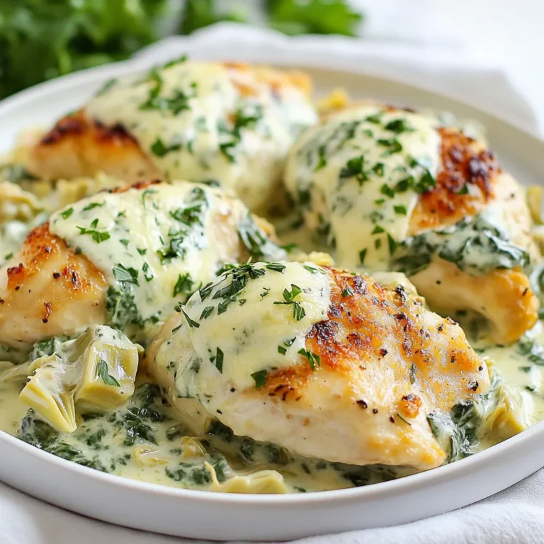 Für dieses Rezept benötigst du folgende Hauptzutaten: - 4 Hähnchenbrustfilets ohne Knochen und Haut - 2 Tassen frischer Spinat, grob gehackt - 1 Dose (400 g) Artischockenherzen, abgetropft und grob gehackt - 1 Tasse Frischkäse, weich - 1/2 Tasse saure Sahne - 1 Tasse geriebener Mozzarella-Käse - 1/2 Tasse geriebener Parmesan-Käse Diese Zutaten bilden die Basis für den cremigen Geschmack deines Hühnchens. Die Kombination aus Spinat und Artischocken macht das Gericht besonders lecker. Um das Gericht abzurunden, füge diese zusätzlichen Zutaten hinzu: - 2 Knoblauchzehen, gehackt - 1 Teelöffel Zwiebelpulver - 1 Teelöffel Knoblauchpulver - 1 Teelöffel italienische Gewürzmischung - Salz und Pfeffer nach Geschmack - 2 Esslöffel Olivenöl Diese Gewürze bringen das Aroma auf ein neues Level. Sie sorgen für einen tollen Geschmack und eine schöne Tiefe. Wenn du frische Zutaten auswählst, achte auf Folgendes: - Hähnchenbrustfilets: Wähle Filets, die fest und nicht schleimig sind. Sie sollten eine rosa Farbe haben. - Spinat: Achte darauf, dass die Blätter frisch und knackig sind. Vermeide welke oder gelbe Blätter. - Artischockenherzen: Wenn möglich, wähle ganze Herzen aus der Dose statt gefrorenen. Sie haben oft mehr Geschmack. - Käse: Frisch geriebener Käse schmilzt besser und hat mehr Geschmack als vorgeriebener. Mit diesen Tipps wählst du die besten Zutaten für dein cremiges Spinats-Artischocken-Hühnchen. So wird dein Gericht ein voller Erfolg! {{ingredient_image_2}} Zuerst heizen Sie den Ofen auf 190°C vor. Nehmen Sie die Hähnchenbrustfilets und tupfen Sie sie trocken. Würzen Sie jedes Filet mit Salz, Pfeffer, Zwiebelpulver und Knoblauchpulver. Nehmen Sie eine große Pfanne und geben Sie das Olivenöl hinein. Erhitzen Sie die Pfanne bei mittlerer Hitze. Braten Sie die Hähnchenbrustfilets für 4 bis 5 Minuten auf jeder Seite an, bis sie goldbraun sind. Nehmen Sie die Filets aus der Pfanne und legen Sie sie auf einen Teller. In der gleichen Pfanne fügen Sie den gehackten Knoblauch hinzu. Sautieren Sie ihn für etwa eine Minute, bis er duftet. Geben Sie nun die gehackten Artischocken und den frischen Spinat in die Pfanne. Kochen Sie sie für 3 bis 4 Minuten, bis der Spinat zusammenfällt. Reduzieren Sie die Hitze und fügen Sie den weichen Frischkäse, die saure Sahne, den geriebenen Mozzarella und den Parmesan hinzu. Rühren Sie alles gut um, bis die Sauce cremig ist. Legen Sie die angebratenen Hähnchenbrustfilets zurück in die Pfanne. Stellen Sie sicher, dass jedes Stück gut mit der Sauce bedeckt ist. Übertragen Sie die Pfanne in den vorgeheizten Ofen. Backen Sie das Gericht für 20 bis 25 Minuten, bis das Hähnchen durchgegart ist und die Sauce leicht blubbert. Um eine goldbraune Oberfläche zu erhalten, schalten Sie die Grillfunktion für die letzten 2 bis 3 Minuten ein. Lassen Sie das Gericht nach dem Backen einige Minuten ruhen. Servieren Sie es dann warm, am besten auf einem Bett aus Reis oder Pasta. Um das Hähnchen saftig zu machen, braten Sie es nur kurz an. Verwenden Sie mittlere Hitze, damit es gleichmäßig gart. Würzen Sie das Hähnchen vor dem Braten gut. Dadurch bleibt der Geschmack in den Brustfilets. Lassen Sie das Hähnchen nach dem Backen ein paar Minuten ruhen. So bleibt der Saft im Fleisch. Sie können die Gewürze nach Ihrem Geschmack anpassen. Fügen Sie frische Kräuter wie Basilikum oder Oregano hinzu. Mögen Sie es schärfer? Geben Sie eine Prise Chili-Flocken in die Sauce. Für mehr Tiefe können Sie etwas Zitronensaft hinzufügen. Experimentieren Sie mit verschiedenen Käsesorten. Gouda oder Feta geben einen neuen Geschmack. Das Auge isst mit! Servieren Sie das Hähnchen auf einem Bett aus Reis oder Pasta. Das macht das Gericht schön bunt. Garnieren Sie mit zusätzlichem Parmesan und frischer Petersilie. Ein Spritzer Zitronensaft kann dem Gericht Frische geben. Verwenden Sie einen großen Teller, um alles gut anzuzeigen. So wird Ihr Essen zum echten Hingucker! Pro Tipps Hähnchen marinieren: Marinieren Sie die Hähnchenbrustfilets einige Stunden vorher in einer Mischung aus Olivenöl, Zitronensaft und Gewürzen, um mehr Geschmack und Saftigkeit zu erreichen. Frischer Spinat: Verwenden Sie frischen Spinat statt gefrorenem, um die beste Textur und den frischesten Geschmack zu erzielen. Achten Sie darauf, ihn gut zu waschen und zu trocknen. Variationen der Käsesorten: Experimentieren Sie mit verschiedenen Käsesorten wie Feta oder Gouda, um dem Gericht eine besondere Note zu verleihen. Resteverwertung: Die Reste können hervorragend in Wraps oder auf einem Salat serviert werden. So vermeiden Sie Lebensmittelverschwendung und genießen eine neue Mahlzeit! {{image_4}} Wenn Sie eine vegetarische Option möchten, ersetzen Sie das Hähnchen durch Tofu. Nehmen Sie festen Tofu, schneiden Sie ihn in Würfel und braten Sie ihn goldbraun. Tofu nimmt die Aromen gut auf und sorgt für eine cremige Textur. Verwenden Sie die gleichen Gewürze und die cremige Sauce, um den Geschmack zu bewahren. Diese Variante ist lecker und nahrhaft. Um das Gericht glutenfrei zu machen, achten Sie auf die Zutaten. Verwenden Sie glutenfreie Brühe und überprüfen Sie die Gewürze. Viele Gewürzmischungen enthalten Gluten. Sie können auch glutenfreie Pasta oder Reis als Beilage verwenden. So genießen Sie das Gericht ohne Bedenken. Um den Geschmack zu intensivieren, fügen Sie einige Zutaten hinzu. Geröstete Paprika oder frische Kräuter wie Basilikum oder Thymian passen gut. Auch Oliven oder getrocknete Tomaten bringen eine neue Note. Experimentieren Sie und finden Sie Ihre Lieblingskombination! Um Reste von cremigem Spinats-Artischocken-Hühnchen gut zu lagern, kannst du folgendes tun: - Lass das Hühnchen zuerst auf Raumtemperatur abkühlen. - Packe die Reste in einen luftdichten Behälter. - Du kannst auch Frischhaltefolie verwenden, um die Reste abzudecken. So bleiben die Aromen frisch und lecker. Wenn du das Hühnchen wieder aufwärmst, gibt es einige Tipps: - Heize deinen Ofen auf 180°C vor. - Lege das Hühnchen in eine ofenfeste Form. - Bedecke es mit Aluminiumfolie, um Trockenheit zu vermeiden. - Erwärme die Portionen für etwa 15-20 Minuten. So bleibt das Gericht cremig und saftig. Die Haltbarkeit deiner Reste ist wichtig: - Im Kühlschrank hält sich das Hühnchen 3-4 Tage. - Im Gefrierschrank kannst du es bis zu 3 Monate lagern. Achte darauf, das Gericht gut einzupacken, um Gefrierbrand zu verhindern. Du kannst viele leckere Beilagen dazu servieren. Reis ist eine gute Wahl. Es nimmt die cremige Sauce gut auf. Auch Pasta passt hervorragend. Du könntest auch ein frisches Baguette dazu reichen. Ein einfacher grüner Salat bringt Frische. So balancierst du die reichhaltigen Aromen des Hühnchens. Ja, gefrorener Spinat funktioniert gut. Er ist praktisch und spart Zeit. Achte darauf, ihn gut abzutropfen. So vermeidest du eine wässrige Sauce. Frischer Spinat hat jedoch mehr Geschmack. Wenn du die Wahl hast, nutze frischen Spinat. Die gesamte Zubereitungszeit beträgt etwa 50 Minuten. Du benötigst 15 Minuten für die Vorbereitung. Das Kochen und Backen dauert etwa 35 Minuten. Es ist einfach und schnell. Perfekt für ein leckeres Abendessen unter der Woche! In diesem Artikel haben wir die besten Zutaten für cremiges Spinats-Artischocken-Hühnchen besprochen. Du hast gelernt, wie du frische Zutaten auswählst und das Hähnchen perfekt zubereitest. Wir haben auch Variationen und Lagerungshinweise behandelt. Denke daran, dass frische Zutaten und die richtige Zubereitung den Unterschied machen. Experimentiere mit Gewürzen und genieße dein Gericht! So machst du jeden Bissen zu etwas Besonderem.