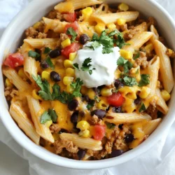 Für Taco Pasta benötigst du einige wichtige Zutaten. Diese bilden die Basis des Gerichts. Hier sind die Hauptzutaten: - 227 g Penne-Nudeln - 450 g Rinder- oder Putenhackfleisch - 1 Esslöffel Olivenöl - 1 kleine Zwiebel, gewürfelt - 2 Knoblauchzehen, fein gehackt - 1 Päckchen Taco-Gewürz - 1 Dose (425 g) schwarze Bohnen, abgetropft - 240 ml Mais, frisch oder gefroren - 240 ml gewürfelte Tomaten - 100 g geriebener Cheddarkäse - 1/4 Tasse frischer Koriander, gehackt - Salz und Pfeffer nach Geschmack Diese Zutaten bringen den vollen Geschmack in dein Gericht. Die Nudeln geben die Grundlage, während das Fleisch für die sättigende Komponente sorgt. Das richtige Aroma macht das Gericht besonders. Ich verwende ein Päckchen Taco-Gewürz. Es enthält eine Mischung aus verschiedenen Gewürzen. Diese sorgen für den typischen Taco-Geschmack. Du kannst auch eine eigene Mischung herstellen. Eine Kombination aus Kreuzkümmel, Paprika und Chili passt gut. Achte darauf, dass du frische Zwiebeln und Knoblauch verwendest. Sie geben dem Gericht eine tolle Tiefe. Diese Zutaten bringen auch eine leckere Süße und Würze. Toppings machen Taco Pasta noch besser! Hier sind einige meine Favoriten: - Saure Sahne - Gewürfelte Avocado - Jalapeños Diese Toppings fügen Frische und einen tollen Biss hinzu. Du kannst sie nach Geschmack wählen. Probiere verschiedene Kombinationen aus, um dein perfektes Taco Pasta Gericht zu finden! {{ingredient_image_2}} Koche zuerst die Penne-Nudeln in einem großen Topf. Verwende sprudelndes, gesalzenes Wasser. Koche die Nudeln nach den Anweisungen auf der Verpackung. Sie sollten al dente sein, also noch etwas fest. Gieße sie ab und stelle sie beiseite. Erhitze nun das Olivenöl in einer großen Pfanne. Stelle die Hitze auf mittel. Füge die gewürfelte Zwiebel und den gehackten Knoblauch hinzu. Brate sie für etwa 3-4 Minuten. Sie sollten weich und duftend sein. Gebe das Rinder- oder Putenhackfleisch in die Pfanne. Zerkleinere das Fleisch mit einem Spatel. Brate es 5-7 Minuten, bis es braun und durchgegart ist. Falls zu viel Fett in der Pfanne ist, gieße es ab. Mische das Taco-Gewürz unter das Fleisch. Achte darauf, dass es gleichmäßig verteilt ist. Füge etwa 60 ml Wasser hinzu. Das macht die Gewürze saftig. Koche für weitere 2-3 Minuten, um die Aromen zu vereinen. Jetzt kommen die schwarzen Bohnen, der Mais und die gewürfelten Tomaten in die Pfanne. Koche alles für 3-5 Minuten, bis es heiß ist. Füge dann die gekochten Nudeln dazu und vermenge alles gut. Streue den geriebenen Cheddarkäse hinein und rühre, bis er schmilzt. Nimm die Pfanne vom Herd und garniere mit frischem Koriander. Schmecke mit Salz und Pfeffer ab. Ich empfehle, Cheddar für deine Taco Pasta zu wählen. Sein Geschmack ergänzt die Gewürze perfekt. Du kannst auch Monterey Jack oder Gouda verwenden. Ein Mix dieser Käsesorten sorgt für mehr Tiefe im Geschmack. Achte darauf, frischen Käse zu verwenden. Er schmilzt besser und schmeckt intensiver. Das Taco-Gewürz ist der Schlüssel. Du kannst jedoch eigene Mischungen probieren. Füge Kreuzkümmel, Paprika oder Chili hinzu. Diese Gewürze bringen mehr Würze ins Gericht. Wenn du es schärfer magst, verwende mehr Chili oder Cayennepfeffer. Für einen milderen Geschmack, reduziere die Menge. Experimentiere, um deine perfekte Mischung zu finden. Um Zeit zu sparen, bereite alle Zutaten vor. Würfle die Zwiebel und hacke den Knoblauch zuerst. So geht es beim Kochen schneller. Du kannst auch vorgekochte Nudeln verwenden. Das spart dir zusätzliche Kochzeit. Halte die Pfanne heiß, damit die Zutaten gleichmäßig garen. So bleibt alles frisch und lecker. Pro Tipps Tip Titel: Verwende frische Kräuter: Frischer Koriander bringt nicht nur Farbe, sondern auch einen tollen Geschmack. Du kannst auch frische Limettenscheiben für zusätzlichen Frischegeschmack hinzufügen. Tip Titel: Probiere alternative Nudeln: Du kannst die Penne-Nudeln auch durch Vollkorn- oder glutenfreie Nudeln ersetzen, je nach Vorliebe oder diätetischen Bedürfnissen. Tip Titel: Vorbereitung ist der Schlüssel: Bereite alle Zutaten im Voraus vor, damit du während des Kochens alles griffbereit hast. Das spart Zeit und macht die Zubereitung einfacher. Tip Titel: Experimentiere mit Käse: Neben Cheddarkäse kannst du auch andere Käsesorten wie Monterey Jack oder Pepper Jack verwenden, um dem Gericht eine zusätzliche Geschmackstiefe zu verleihen. {{image_4}} Ich liebe es, Taco Pasta auch in einer vegetarischen Version zu machen. Statt Fleisch nehme ich einfach schwarze Bohnen oder Linsen. Das gibt einen tollen Geschmack und viel Protein. Du kannst auch Tofu verwenden, wenn du magst. Würze es mit dem Taco-Gewürz für den vollen Geschmack. So bleibt das Rezept einfach und lecker! Gemüse macht die Taco Pasta bunter und gesünder. Du kannst Paprika, Zucchini oder Spinat hinzufügen. Einfach klein schneiden und mit den Zwiebeln anbraten. Das Gemüse wird weich und gibt dem Gericht mehr Textur. Du kannst auch gefrorenes Gemüse nehmen, wenn es schnell gehen soll. So bleibt das Gericht frisch und nahrhaft. Die Wahl der Pasta ist spannend! Du kannst Penne, Fusilli oder sogar Vollkornnudeln nutzen. Jede Sorte hat ihren eigenen Charme. Die Form der Pasta hält die Soße gut fest. Wenn du glutenfreie Pasta magst, funktioniert das auch. So passt das Rezept zu vielen Vorlieben. Experimentiere mit verschiedenen Sorten für neue Geschmäcker! Wenn du Reste von Taco Pasta hast, lass sie zuerst abkühlen. Verwende dann einen luftdichten Behälter. So bleiben die Aromen frisch. Du kannst auch Portionsgrößen einteilen. Das macht das Aufwärmen später einfacher. Um Taco Pasta aufzuwärmen, verwende die Mikrowelle oder den Herd. Bei der Mikrowelle, stelle die Pasta in eine Schüssel. Füge einen Spritzer Wasser hinzu, um das Austrocknen zu verhindern. Erhitze sie in kurzen Intervallen. Rühre die Pasta nach jedem Intervall um. Auf dem Herd erwärmst du sie in einer Pfanne. Füge etwas Olivenöl oder Wasser hinzu. So bleibt die Pasta cremig. Im Kühlschrank hält sich Taco Pasta etwa 3 bis 4 Tage. Achte darauf, sie gut zu verpacken. Im Gefrierschrank kannst du sie bis zu 2 Monate lagern. Teile die Pasta in Portionen auf, um die Lagerung zu erleichtern. Wenn du sie wieder aufwärmst, denke daran, sie gründlich zu erhitzen. So sicherst du den besten Geschmack und die beste Textur. Die Zubereitung von Taco Pasta dauert insgesamt etwa 30 Minuten. Du brauchst 15 Minuten für die Vorbereitung und weitere 15 Minuten zum Kochen. Das geht schnell und einfach, perfekt für ein schnelles Abendessen. Ja, du kannst Taco Pasta im Voraus vorbereiten. Koche die Pasta und die Füllung getrennt. Lagere beides in luftdichten Behältern im Kühlschrank. Du kannst es dann in den nächsten Tagen schnell aufwärmen. Das spart Zeit an stressigen Tagen. Taco Pasta passt gut zu verschiedenen Beilagen. Hier sind einige Ideen: - Chips mit Salsa - Frischer Salat mit Limetten-Dressing - Guacamole oder Avocado-Scheiben - Ein einfaches Brot oder Brötchen Diese Beilagen ergänzen das Gericht und machen es noch leckerer! Taco Pasta bietet eine einfache und leckere Mahlzeit. Wir haben die besten Zutaten, Gewürze und Toppings besprochen. Ich habe dir eine Schritt-für-Schritt-Anleitung gegeben, um deine Pasta perfekt zu kochen und zu servieren. Du kannst die Rezeptvariationen anpassen und Reste richtig lagern. Egal, ob du eine schnelle Woche oder einen gemütlichen Abend planst, Taco Pasta ist immer eine gute Wahl. Experimentiere mit den Tipps und genieße jede Gabel!