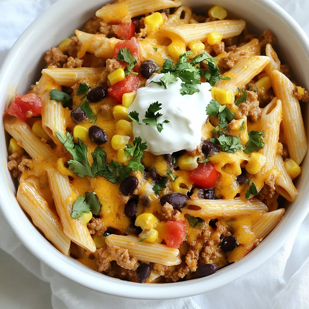 Für Taco Pasta benötigst du einige wichtige Zutaten. Diese bilden die Basis des Gerichts. Hier sind die Hauptzutaten: - 227 g Penne-Nudeln - 450 g Rinder- oder Putenhackfleisch - 1 Esslöffel Olivenöl - 1 kleine Zwiebel, gewürfelt - 2 Knoblauchzehen, fein gehackt - 1 Päckchen Taco-Gewürz - 1 Dose (425 g) schwarze Bohnen, abgetropft - 240 ml Mais, frisch oder gefroren - 240 ml gewürfelte Tomaten - 100 g geriebener Cheddarkäse - 1/4 Tasse frischer Koriander, gehackt - Salz und Pfeffer nach Geschmack Diese Zutaten bringen den vollen Geschmack in dein Gericht. Die Nudeln geben die Grundlage, während das Fleisch für die sättigende Komponente sorgt. Das richtige Aroma macht das Gericht besonders. Ich verwende ein Päckchen Taco-Gewürz. Es enthält eine Mischung aus verschiedenen Gewürzen. Diese sorgen für den typischen Taco-Geschmack. Du kannst auch eine eigene Mischung herstellen. Eine Kombination aus Kreuzkümmel, Paprika und Chili passt gut. Achte darauf, dass du frische Zwiebeln und Knoblauch verwendest. Sie geben dem Gericht eine tolle Tiefe. Diese Zutaten bringen auch eine leckere Süße und Würze. Toppings machen Taco Pasta noch besser! Hier sind einige meine Favoriten: - Saure Sahne - Gewürfelte Avocado - Jalapeños Diese Toppings fügen Frische und einen tollen Biss hinzu. Du kannst sie nach Geschmack wählen. Probiere verschiedene Kombinationen aus, um dein perfektes Taco Pasta Gericht zu finden! {{ingredient_image_2}} Koche zuerst die Penne-Nudeln in einem großen Topf. Verwende sprudelndes, gesalzenes Wasser. Koche die Nudeln nach den Anweisungen auf der Verpackung. Sie sollten al dente sein, also noch etwas fest. Gieße sie ab und stelle sie beiseite. Erhitze nun das Olivenöl in einer großen Pfanne. Stelle die Hitze auf mittel. Füge die gewürfelte Zwiebel und den gehackten Knoblauch hinzu. Brate sie für etwa 3-4 Minuten. Sie sollten weich und duftend sein. Gebe das Rinder- oder Putenhackfleisch in die Pfanne. Zerkleinere das Fleisch mit einem Spatel. Brate es 5-7 Minuten, bis es braun und durchgegart ist. Falls zu viel Fett in der Pfanne ist, gieße es ab. Mische das Taco-Gewürz unter das Fleisch. Achte darauf, dass es gleichmäßig verteilt ist. Füge etwa 60 ml Wasser hinzu. Das macht die Gewürze saftig. Koche für weitere 2-3 Minuten, um die Aromen zu vereinen. Jetzt kommen die schwarzen Bohnen, der Mais und die gewürfelten Tomaten in die Pfanne. Koche alles für 3-5 Minuten, bis es heiß ist. Füge dann die gekochten Nudeln dazu und vermenge alles gut. Streue den geriebenen Cheddarkäse hinein und rühre, bis er schmilzt. Nimm die Pfanne vom Herd und garniere mit frischem Koriander. Schmecke mit Salz und Pfeffer ab. Ich empfehle, Cheddar für deine Taco Pasta zu wählen. Sein Geschmack ergänzt die Gewürze perfekt. Du kannst auch Monterey Jack oder Gouda verwenden. Ein Mix dieser Käsesorten sorgt für mehr Tiefe im Geschmack. Achte darauf, frischen Käse zu verwenden. Er schmilzt besser und schmeckt intensiver. Das Taco-Gewürz ist der Schlüssel. Du kannst jedoch eigene Mischungen probieren. Füge Kreuzkümmel, Paprika oder Chili hinzu. Diese Gewürze bringen mehr Würze ins Gericht. Wenn du es schärfer magst, verwende mehr Chili oder Cayennepfeffer. Für einen milderen Geschmack, reduziere die Menge. Experimentiere, um deine perfekte Mischung zu finden. Um Zeit zu sparen, bereite alle Zutaten vor. Würfle die Zwiebel und hacke den Knoblauch zuerst. So geht es beim Kochen schneller. Du kannst auch vorgekochte Nudeln verwenden. Das spart dir zusätzliche Kochzeit. Halte die Pfanne heiß, damit die Zutaten gleichmäßig garen. So bleibt alles frisch und lecker. Pro Tipps Tip Titel: Verwende frische Kräuter: Frischer Koriander bringt nicht nur Farbe, sondern auch einen tollen Geschmack. Du kannst auch frische Limettenscheiben für zusätzlichen Frischegeschmack hinzufügen. Tip Titel: Probiere alternative Nudeln: Du kannst die Penne-Nudeln auch durch Vollkorn- oder glutenfreie Nudeln ersetzen, je nach Vorliebe oder diätetischen Bedürfnissen. Tip Titel: Vorbereitung ist der Schlüssel: Bereite alle Zutaten im Voraus vor, damit du während des Kochens alles griffbereit hast. Das spart Zeit und macht die Zubereitung einfacher. Tip Titel: Experimentiere mit Käse: Neben Cheddarkäse kannst du auch andere Käsesorten wie Monterey Jack oder Pepper Jack verwenden, um dem Gericht eine zusätzliche Geschmackstiefe zu verleihen. {{image_4}} Ich liebe es, Taco Pasta auch in einer vegetarischen Version zu machen. Statt Fleisch nehme ich einfach schwarze Bohnen oder Linsen. Das gibt einen tollen Geschmack und viel Protein. Du kannst auch Tofu verwenden, wenn du magst. Würze es mit dem Taco-Gewürz für den vollen Geschmack. So bleibt das Rezept einfach und lecker! Gemüse macht die Taco Pasta bunter und gesünder. Du kannst Paprika, Zucchini oder Spinat hinzufügen. Einfach klein schneiden und mit den Zwiebeln anbraten. Das Gemüse wird weich und gibt dem Gericht mehr Textur. Du kannst auch gefrorenes Gemüse nehmen, wenn es schnell gehen soll. So bleibt das Gericht frisch und nahrhaft. Die Wahl der Pasta ist spannend! Du kannst Penne, Fusilli oder sogar Vollkornnudeln nutzen. Jede Sorte hat ihren eigenen Charme. Die Form der Pasta hält die Soße gut fest. Wenn du glutenfreie Pasta magst, funktioniert das auch. So passt das Rezept zu vielen Vorlieben. Experimentiere mit verschiedenen Sorten für neue Geschmäcker! Wenn du Reste von Taco Pasta hast, lass sie zuerst abkühlen. Verwende dann einen luftdichten Behälter. So bleiben die Aromen frisch. Du kannst auch Portionsgrößen einteilen. Das macht das Aufwärmen später einfacher. Um Taco Pasta aufzuwärmen, verwende die Mikrowelle oder den Herd. Bei der Mikrowelle, stelle die Pasta in eine Schüssel. Füge einen Spritzer Wasser hinzu, um das Austrocknen zu verhindern. Erhitze sie in kurzen Intervallen. Rühre die Pasta nach jedem Intervall um. Auf dem Herd erwärmst du sie in einer Pfanne. Füge etwas Olivenöl oder Wasser hinzu. So bleibt die Pasta cremig. Im Kühlschrank hält sich Taco Pasta etwa 3 bis 4 Tage. Achte darauf, sie gut zu verpacken. Im Gefrierschrank kannst du sie bis zu 2 Monate lagern. Teile die Pasta in Portionen auf, um die Lagerung zu erleichtern. Wenn du sie wieder aufwärmst, denke daran, sie gründlich zu erhitzen. So sicherst du den besten Geschmack und die beste Textur. Die Zubereitung von Taco Pasta dauert insgesamt etwa 30 Minuten. Du brauchst 15 Minuten für die Vorbereitung und weitere 15 Minuten zum Kochen. Das geht schnell und einfach, perfekt für ein schnelles Abendessen. Ja, du kannst Taco Pasta im Voraus vorbereiten. Koche die Pasta und die Füllung getrennt. Lagere beides in luftdichten Behältern im Kühlschrank. Du kannst es dann in den nächsten Tagen schnell aufwärmen. Das spart Zeit an stressigen Tagen. Taco Pasta passt gut zu verschiedenen Beilagen. Hier sind einige Ideen: - Chips mit Salsa - Frischer Salat mit Limetten-Dressing - Guacamole oder Avocado-Scheiben - Ein einfaches Brot oder Brötchen Diese Beilagen ergänzen das Gericht und machen es noch leckerer! Taco Pasta bietet eine einfache und leckere Mahlzeit. Wir haben die besten Zutaten, Gewürze und Toppings besprochen. Ich habe dir eine Schritt-für-Schritt-Anleitung gegeben, um deine Pasta perfekt zu kochen und zu servieren. Du kannst die Rezeptvariationen anpassen und Reste richtig lagern. Egal, ob du eine schnelle Woche oder einen gemütlichen Abend planst, Taco Pasta ist immer eine gute Wahl. Experimentiere mit den Tipps und genieße jede Gabel!