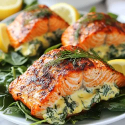 - 4 Lachsfilets (ohne Haut) - 2 Tassen frischer Spinat, grob gehackt - 1/2 Tasse Frischkäse, weich - 1/4 Tasse Feta, zerbröckelt - 1/4 Tasse geriebener Parmesan - 2 Esslöffel frischer Dill, gehackt (oder 1 Esslöffel getrockneter Dill) - 1 Esslöffel Zitronensaft - 1 Teelöffel Knoblauchpulver - 1 Teelöffel Zwiebelpulver - 1 Teelöffel geräuchertes Paprikapulver - 1/2 Teelöffel Cayennepfeffer (je nach persönlichem Schärfewunsch anpassen) - Salz und Pfeffer nach Geschmack - 2 Esslöffel Olivenöl (zum Braten) Falls du keinen Feta hast, nimm einfach mehr Frischkäse. Für eine vegane Option kannst du Tofu verwenden. Ersetze den Lachs durch Auberginen oder Zucchini, um eine fleischlose Variante zu schaffen. Verwende auch andere Kräuter wie Petersilie oder Thymian, wenn dir Dill nicht gefällt. Jede Portion enthält etwa 350 Kalorien. Lachs liefert gesunde Fette und Eiweiß. Der Spinat bringt viele Vitamine mit. Diese Kombination ist gut für die Gesundheit. Die Füllung hat auch Kalzium durch den Käse. Achte auf die Salzmenge, wenn du auf deine Gesundheit achtest. {{ingredient_image_2}} Zuerst heize deinen Ofen auf 190 °C vor. Nimm eine Pfanne und erhitze etwas Olivenöl bei mittlerer Hitze. Füge dann die grob gehackten Spinatblätter hinzu. Brate den Spinat für 2-3 Minuten an, bis er zusammenfällt. Achte darauf, ihn nicht zu verbrennen. Nimm die Pfanne vom Herd und lasse den Spinat leicht abkühlen. Das wird die Basis deiner Füllung. In einer großen Schüssel vermenge den abgekühlten Spinat mit Frischkäse, zerbröckeltem Feta und geriebenem Parmesan. Füge auch frischen Dill, Zitronensaft, Knoblauchpulver, Zwiebelpulver, Salz und Pfeffer hinzu. Mische alles gut, bis die Masse gleichmäßig aussieht. Jetzt ist es Zeit, die Lachsfilets vorzubereiten. Schneide an der Seite jedes Filets eine kleine Tasche. Pass auf, dass du nicht durchschneidest. Fülle jede Tasche großzügig mit der Spinat-Käsemischung. Überfülle sie nicht, damit sie beim Braten nicht auslaufen. Mische in einer kleinen Schüssel geräuchertes Paprikapulver, Cayennepfeffer und eine Prise Salz. Reibe diese Mischung auf die Außenseite der gefüllten Lachsfilets. Erhitze dann das Olivenöl in einer ofenfesten Pfanne bei mittelhoher Hitze. Lege vorsichtig die gefüllten Filets in die Pfanne. Brate die Filets für etwa 3-4 Minuten pro Seite an, bis sie goldbraun sind. Danach überführe die Pfanne in den vorgeheizten Ofen. Backe die Filets für 8-10 Minuten oder bis der Lachs gar ist. Er sollte sich leicht mit einer Gabel zerteilen lassen. Lass den Lachs nach dem Backen einige Minuten ruhen, bevor du ihn servierst. Für den besten Lachs achte auf die Frische. Frische Filets haben eine klare Farbe und keinen unangenehmen Geruch. Schneide eine Tasche in jedes Filet. So passt die Füllung gut hinein. Brate den Lachs in einer heißen Pfanne an. Goldbraune Kruste sorgt für tollen Geschmack. Backe ihn dann im Ofen, um die Garstufe perfekt zu erreichen. Der Lachs sollte innen saftig und leicht flockig sein. Frischer Spinat ist am besten. Wasche ihn gründlich, um Schmutz zu entfernen. Erhitze etwas Öl in einer Pfanne. Füge den Spinat hinzu und brate ihn kurz an. In zwei bis drei Minuten fällt er zusammen. Lasse den Spinat abkühlen, bevor du ihn mit den Käsesorten mischst. Diese Mischung macht die Füllung cremig und lecker. Spiele mit den Gewürzen, um deinen Lachs einzigartig zu machen. Probiere geräucherten Paprika für eine rauchige Note. Für mehr Schärfe kannst du den Cayennepfeffer erhöhen. Auch frische Kräuter wie Basilikum oder Estragon geben einen frischen Geschmack. Experimentiere mit Zitrusfrüchten. Ein Spritzer Limettensaft kann den Geschmack lebendig machen. Pro Tipps Frisch halten: Verwenden Sie frischen Spinat für den besten Geschmack und die beste Textur. Tiefgefrorener Spinat kann zu viel Wasser abgeben und die Füllung verwässern. Würzen anpassen: Passen Sie die Menge des Cayennepfeffers je nach Ihrem persönlichen Schärfewunsch an, um die perfekte Balance zu finden. Hautloses Filet: Wählen Sie die Lachsfilets ohne Haut, damit die Füllung richtig zur Geltung kommt und der Lachs gleichmäßig gart. Ruhen lassen: Lassen Sie den Lachs nach dem Backen einige Minuten ruhen, damit sich die Säfte setzen und der Lachs saftig bleibt. {{image_4}} Wenn Sie eine vegetarische Version möchten, ersetzen Sie den Lachs durch große Portobello-Pilze. Die Pilze haben eine feste Textur und nehmen die Aromen gut auf. Füllen Sie die Pilze mit der gleichen Spinat- und Käsemischung. Backen Sie sie dann im Ofen, bis sie zart sind. Diese Option gibt Ihnen den gleichen köstlichen Geschmack, ohne Fisch. Sie können die Füllung nach Ihrem Geschmack anpassen. Fügen Sie zum Beispiel getrocknete Tomaten oder Artischocken hinzu. Diese Zutaten bringen eine frische Note. Für eine reichhaltigere Füllung probieren Sie Ricotta oder Ziegenkäse. Auch Nüsse wie Walnüsse oder Mandeln können dem Gericht eine tolle Textur geben. Seien Sie kreativ und experimentieren Sie mit verschiedenen Käsesorten oder Kräutern. Neben dem Braten und Backen können Sie den gefüllten Lachs auch grillen. Grillen gibt dem Fisch ein rauchiges Aroma. Wickeln Sie die gefüllten Filets in Alufolie, um sie saftig zu halten. Eine andere Methode ist das Dämpfen, was den Lachs sehr zart macht. Dämpfen Sie ihn einfach über kochendem Wasser, bis er gar ist. Jede Zubereitungsmethode bringt neue Geschmäcker und Texturen. Ich empfehle, Reste in einem luftdichten Behälter zu lagern. So bleibt der Geschmack frisch. Lassen Sie den Lachs vor dem Verstauen auf Raumtemperatur abkühlen. Dies hilft, Kondenswasser zu vermeiden, das den Lachs matschig machen kann. Wenn Sie den Lachs in Portionen aufteilen, bleibt es einfach, nur die Menge zu erwärmen, die Sie brauchen. Im Kühlschrank bleibt der gefüllte Lachs etwa 2 bis 3 Tage frisch. Achten Sie darauf, dass der Behälter gut verschlossen ist. Überprüfen Sie vor dem Essen, ob der Lachs noch gut riecht und aussieht. Wenn der Lachs nicht mehr frisch ist, lassen Sie ihn lieber weg. Um den Lachs wieder aufzuwärmen, heizen Sie Ihren Ofen auf 175 °C vor. Legen Sie den Lachs auf ein Backblech und decken Sie ihn mit Folie ab. So bleibt der Lachs saftig und warm. Backen Sie ihn für etwa 10 bis 15 Minuten, bis er warm ist. Alternativ können Sie den Lachs auch in der Mikrowelle erwärmen. Stellen Sie die Mikrowelle auf eine niedrige Leistung ein und erwärmen Sie in kurzen Intervallen. So bleibt der Lachs zart und lecker. Es dauert etwa 20 bis 25 Minuten, um Lachs zu kochen. Die genaue Zeit hängt von der Dicke der Filets ab. Wenn Sie den Lachs in der Pfanne anbraten, kochen Sie ihn etwa 3 bis 4 Minuten pro Seite. Danach backen Sie ihn für 8 bis 10 Minuten im Ofen. So bleibt der Lachs saftig und lecker. Ja, Sie können gefrorenen Lachs verwenden. Lassen Sie ihn einfach im Kühlschrank auftauen. Dies dauert in der Regel etwa 24 Stunden. Wenn Sie es eilig haben, können Sie den Lachs auch in kaltem Wasser auftauen. Achten Sie darauf, den Lachs gut abzutrocknen, bevor Sie ihn füllen und braten. Für gefüllten Lachs passen viele Beilagen gut. Eine gute Wahl sind gemischte grüne Salate oder geröstetes Gemüse. Auch Kartoffelpüree oder Quinoa sind lecker. Diese Beilagen ergänzen den Geschmack des Lachses und machen das Gericht noch besser. In diesem Artikel haben wir die Hauptzutaten für gefüllten Lachs und ihre Alternativen erkundet. Ich habe die Schritt-für-Schritt-Anleitung zur Zubereitung sowie wertvolle Tipps gegeben. Für Variationen habe ich vegetarische Optionen und andere Füllungsinspirationen besprochen. Schließlich gab ich Ratschläge zur Aufbewahrung und beantwortete häufige Fragen. Viel Spaß beim Kochen! Mit den richtigen Tipps wird dein Lachs jedes Mal perfekt.