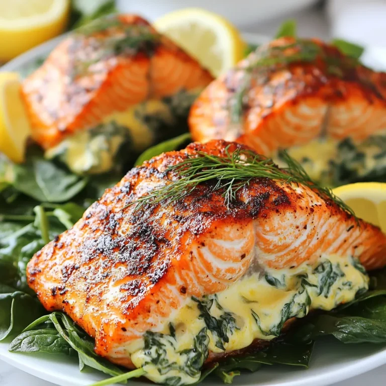 - 4 Lachsfilets (ohne Haut) - 2 Tassen frischer Spinat, grob gehackt - 1/2 Tasse Frischkäse, weich - 1/4 Tasse Feta, zerbröckelt - 1/4 Tasse geriebener Parmesan - 2 Esslöffel frischer Dill, gehackt (oder 1 Esslöffel getrockneter Dill) - 1 Esslöffel Zitronensaft - 1 Teelöffel Knoblauchpulver - 1 Teelöffel Zwiebelpulver - 1 Teelöffel geräuchertes Paprikapulver - 1/2 Teelöffel Cayennepfeffer (je nach persönlichem Schärfewunsch anpassen) - Salz und Pfeffer nach Geschmack - 2 Esslöffel Olivenöl (zum Braten) Falls du keinen Feta hast, nimm einfach mehr Frischkäse. Für eine vegane Option kannst du Tofu verwenden. Ersetze den Lachs durch Auberginen oder Zucchini, um eine fleischlose Variante zu schaffen. Verwende auch andere Kräuter wie Petersilie oder Thymian, wenn dir Dill nicht gefällt. Jede Portion enthält etwa 350 Kalorien. Lachs liefert gesunde Fette und Eiweiß. Der Spinat bringt viele Vitamine mit. Diese Kombination ist gut für die Gesundheit. Die Füllung hat auch Kalzium durch den Käse. Achte auf die Salzmenge, wenn du auf deine Gesundheit achtest. {{ingredient_image_2}} Zuerst heize deinen Ofen auf 190 °C vor. Nimm eine Pfanne und erhitze etwas Olivenöl bei mittlerer Hitze. Füge dann die grob gehackten Spinatblätter hinzu. Brate den Spinat für 2-3 Minuten an, bis er zusammenfällt. Achte darauf, ihn nicht zu verbrennen. Nimm die Pfanne vom Herd und lasse den Spinat leicht abkühlen. Das wird die Basis deiner Füllung. In einer großen Schüssel vermenge den abgekühlten Spinat mit Frischkäse, zerbröckeltem Feta und geriebenem Parmesan. Füge auch frischen Dill, Zitronensaft, Knoblauchpulver, Zwiebelpulver, Salz und Pfeffer hinzu. Mische alles gut, bis die Masse gleichmäßig aussieht. Jetzt ist es Zeit, die Lachsfilets vorzubereiten. Schneide an der Seite jedes Filets eine kleine Tasche. Pass auf, dass du nicht durchschneidest. Fülle jede Tasche großzügig mit der Spinat-Käsemischung. Überfülle sie nicht, damit sie beim Braten nicht auslaufen. Mische in einer kleinen Schüssel geräuchertes Paprikapulver, Cayennepfeffer und eine Prise Salz. Reibe diese Mischung auf die Außenseite der gefüllten Lachsfilets. Erhitze dann das Olivenöl in einer ofenfesten Pfanne bei mittelhoher Hitze. Lege vorsichtig die gefüllten Filets in die Pfanne. Brate die Filets für etwa 3-4 Minuten pro Seite an, bis sie goldbraun sind. Danach überführe die Pfanne in den vorgeheizten Ofen. Backe die Filets für 8-10 Minuten oder bis der Lachs gar ist. Er sollte sich leicht mit einer Gabel zerteilen lassen. Lass den Lachs nach dem Backen einige Minuten ruhen, bevor du ihn servierst. Für den besten Lachs achte auf die Frische. Frische Filets haben eine klare Farbe und keinen unangenehmen Geruch. Schneide eine Tasche in jedes Filet. So passt die Füllung gut hinein. Brate den Lachs in einer heißen Pfanne an. Goldbraune Kruste sorgt für tollen Geschmack. Backe ihn dann im Ofen, um die Garstufe perfekt zu erreichen. Der Lachs sollte innen saftig und leicht flockig sein. Frischer Spinat ist am besten. Wasche ihn gründlich, um Schmutz zu entfernen. Erhitze etwas Öl in einer Pfanne. Füge den Spinat hinzu und brate ihn kurz an. In zwei bis drei Minuten fällt er zusammen. Lasse den Spinat abkühlen, bevor du ihn mit den Käsesorten mischst. Diese Mischung macht die Füllung cremig und lecker. Spiele mit den Gewürzen, um deinen Lachs einzigartig zu machen. Probiere geräucherten Paprika für eine rauchige Note. Für mehr Schärfe kannst du den Cayennepfeffer erhöhen. Auch frische Kräuter wie Basilikum oder Estragon geben einen frischen Geschmack. Experimentiere mit Zitrusfrüchten. Ein Spritzer Limettensaft kann den Geschmack lebendig machen. Pro Tipps Frisch halten: Verwenden Sie frischen Spinat für den besten Geschmack und die beste Textur. Tiefgefrorener Spinat kann zu viel Wasser abgeben und die Füllung verwässern. Würzen anpassen: Passen Sie die Menge des Cayennepfeffers je nach Ihrem persönlichen Schärfewunsch an, um die perfekte Balance zu finden. Hautloses Filet: Wählen Sie die Lachsfilets ohne Haut, damit die Füllung richtig zur Geltung kommt und der Lachs gleichmäßig gart. Ruhen lassen: Lassen Sie den Lachs nach dem Backen einige Minuten ruhen, damit sich die Säfte setzen und der Lachs saftig bleibt. {{image_4}} Wenn Sie eine vegetarische Version möchten, ersetzen Sie den Lachs durch große Portobello-Pilze. Die Pilze haben eine feste Textur und nehmen die Aromen gut auf. Füllen Sie die Pilze mit der gleichen Spinat- und Käsemischung. Backen Sie sie dann im Ofen, bis sie zart sind. Diese Option gibt Ihnen den gleichen köstlichen Geschmack, ohne Fisch. Sie können die Füllung nach Ihrem Geschmack anpassen. Fügen Sie zum Beispiel getrocknete Tomaten oder Artischocken hinzu. Diese Zutaten bringen eine frische Note. Für eine reichhaltigere Füllung probieren Sie Ricotta oder Ziegenkäse. Auch Nüsse wie Walnüsse oder Mandeln können dem Gericht eine tolle Textur geben. Seien Sie kreativ und experimentieren Sie mit verschiedenen Käsesorten oder Kräutern. Neben dem Braten und Backen können Sie den gefüllten Lachs auch grillen. Grillen gibt dem Fisch ein rauchiges Aroma. Wickeln Sie die gefüllten Filets in Alufolie, um sie saftig zu halten. Eine andere Methode ist das Dämpfen, was den Lachs sehr zart macht. Dämpfen Sie ihn einfach über kochendem Wasser, bis er gar ist. Jede Zubereitungsmethode bringt neue Geschmäcker und Texturen. Ich empfehle, Reste in einem luftdichten Behälter zu lagern. So bleibt der Geschmack frisch. Lassen Sie den Lachs vor dem Verstauen auf Raumtemperatur abkühlen. Dies hilft, Kondenswasser zu vermeiden, das den Lachs matschig machen kann. Wenn Sie den Lachs in Portionen aufteilen, bleibt es einfach, nur die Menge zu erwärmen, die Sie brauchen. Im Kühlschrank bleibt der gefüllte Lachs etwa 2 bis 3 Tage frisch. Achten Sie darauf, dass der Behälter gut verschlossen ist. Überprüfen Sie vor dem Essen, ob der Lachs noch gut riecht und aussieht. Wenn der Lachs nicht mehr frisch ist, lassen Sie ihn lieber weg. Um den Lachs wieder aufzuwärmen, heizen Sie Ihren Ofen auf 175 °C vor. Legen Sie den Lachs auf ein Backblech und decken Sie ihn mit Folie ab. So bleibt der Lachs saftig und warm. Backen Sie ihn für etwa 10 bis 15 Minuten, bis er warm ist. Alternativ können Sie den Lachs auch in der Mikrowelle erwärmen. Stellen Sie die Mikrowelle auf eine niedrige Leistung ein und erwärmen Sie in kurzen Intervallen. So bleibt der Lachs zart und lecker. Es dauert etwa 20 bis 25 Minuten, um Lachs zu kochen. Die genaue Zeit hängt von der Dicke der Filets ab. Wenn Sie den Lachs in der Pfanne anbraten, kochen Sie ihn etwa 3 bis 4 Minuten pro Seite. Danach backen Sie ihn für 8 bis 10 Minuten im Ofen. So bleibt der Lachs saftig und lecker. Ja, Sie können gefrorenen Lachs verwenden. Lassen Sie ihn einfach im Kühlschrank auftauen. Dies dauert in der Regel etwa 24 Stunden. Wenn Sie es eilig haben, können Sie den Lachs auch in kaltem Wasser auftauen. Achten Sie darauf, den Lachs gut abzutrocknen, bevor Sie ihn füllen und braten. Für gefüllten Lachs passen viele Beilagen gut. Eine gute Wahl sind gemischte grüne Salate oder geröstetes Gemüse. Auch Kartoffelpüree oder Quinoa sind lecker. Diese Beilagen ergänzen den Geschmack des Lachses und machen das Gericht noch besser. In diesem Artikel haben wir die Hauptzutaten für gefüllten Lachs und ihre Alternativen erkundet. Ich habe die Schritt-für-Schritt-Anleitung zur Zubereitung sowie wertvolle Tipps gegeben. Für Variationen habe ich vegetarische Optionen und andere Füllungsinspirationen besprochen. Schließlich gab ich Ratschläge zur Aufbewahrung und beantwortete häufige Fragen. Viel Spaß beim Kochen! Mit den richtigen Tipps wird dein Lachs jedes Mal perfekt.