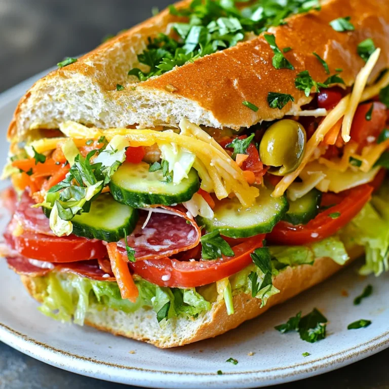 Für ein leckeres italienisches Grinder Salat Sandwich brauchst du folgende Hauptzutaten: - 1 Baguette oder ein Hoagie-Brötchen - 1 Tasse geschnittene Eisbergsalat - 1 Tasse gewürfelte Tomaten - 1/2 Tasse gewürfelte Gurken - 1/2 Tasse geraspelte Karotten - 1/4 Tasse rote Zwiebel, in Scheiben geschnitten - 1/2 Tasse geschnittene Pepperoncini-Paprika - 1 Tasse aufgeschnittene Wurstwaren (Capicola, Salami und Pute) - 1/2 Tasse Provolone-Käse, in Scheiben geschnitten - 1/4 Tasse grüne Oliven, in Scheiben geschnitten - 1/4 Tasse italienisches Dressing (fertig gekauft oder hausgemacht) - Salz und Pfeffer nach Geschmack - Frische Petersilie zur Garnitur Jede Zutat hat eine wichtige Rolle im Geschmack und in der Textur. - Wurstwaren geben dem Sandwich einen herzhaften Geschmack. - Provolone-Käse sorgt für Cremigkeit und Schmelz. - Pepperoncini bringen eine würzige Note und etwas Schärfe. - Eisbergsalat sorgt für Frische und Knackigkeit. - Dressing verbindet alle Aromen und macht das Sandwich saftig. Um die besten Zutaten auszuwählen, beachte folgende Tipps: - Wähle frisches Gemüse. Achte auf leuchtende Farben und festen Biss. - Kaufe Wurstwaren von guter Qualität, um den besten Geschmack zu erzielen. - Der Käse sollte frisch und gut geschnitten sein. Das sorgt für eine bessere Schichtung. - Achte bei dem Dressing auf natürliche Zutaten, um den Geschmack nicht zu überdecken. Mit diesen Tipps machst du dein Sandwich noch leckerer! {{ingredient_image_2}} Beginne mit der Salatmischung. Nimm eine große Schüssel und füge den geschnittenen Eisbergsalat hinzu. Dann kommen die gewürfelten Tomaten und die gewürfelten Gurken dazu. Das bringt Frische und Farbe. Jetzt sind die geraspelten Karotten an der Reihe. Sie geben Süße und Crunch. Füge die in Scheiben geschnittene rote Zwiebel und die geschnittenen Pepperoncini hinzu. Diese sorgen für einen kleinen Kick. Um die Mischung abzurunden, kommen die geschnittenen grünen Oliven hinein. Vermenge alles gut. Das sorgt dafür, dass die Zutaten gleichmäßig verteilt sind. Träufle das italienische Dressing über die Mischung. Achte darauf, dass es nicht zu viel ist. Würze dann mit Salz und Pfeffer nach Geschmack. Tossiere vorsichtig. So wird der Salat schön mit dem Dressing überzogen. Jetzt geht es an den Bau des Sandwiches. Schneide das Baguette oder das Hoagie-Brötchen der Länge nach auf. Achte darauf, dass du es nicht ganz durchschneidest. Das Brot muss stabil bleiben. Auf eine Seite des Brotes legst du die Wurstwaren. Nutze Capicola, Salami und Pute. Die Vielfalt der Wurst macht das Sandwich lecker. Danach kommen die Provolone-Scheiben. Sie schmelzen leicht und geben Geschmack. Jetzt kommt der aufregende Teil. Gib eine großzügige Menge der vorbereiteten Salatmischung auf die Wurst und den Käse. Klappe das Sandwich vorsichtig zu. Schneide es in der Mitte durch. So lässt es sich besser essen. Optional bestreue das Sandwich mit frisch gehackter Petersilie. Das sieht toll aus und gibt einen frischen Geschmack. Serviere es sofort und genieße die Aromen! Ein häufiger Fehler ist die Überfüllung des Sandwiches. Wenn du zu viel Füllung verwendest, wird es unhandlich. Achte darauf, dass du genügend Platz zum Schließen hast. Ein weiterer Fehler ist, das Dressing zu früh hinzuzufügen. Das kann den Salat matschig machen. Mische das Dressing erst kurz vor dem Servieren. Für das beste Dressing kannst du frische Kräuter verwenden. Ein Spritzer Zitronensaft gibt einen frischen Kick. Mische Olivenöl, Essig und Gewürze gut zusammen. Teste das Dressing und passe es deinem Geschmack an. Zu viel Salz kann das Dressing ruinieren. Beginne mit einer kleinen Menge und füge mehr hinzu, wenn nötig. Die Präsentation ist wichtig. Klappe das Sandwich vorsichtig und schneide es in der Mitte. Lege die Hälften auf einen Teller mit Schnittfläche nach oben. Garniere mit frischer Petersilie für Farbe. Du kannst auch einige Oliven danebenlegen. Das macht das Gericht einladender und leckerer. Pro Tipps Frische Zutaten: Verwenden Sie immer frisches Gemüse und hochwertige Wurstwaren für den besten Geschmack. Dressing anpassen: Experimentieren Sie mit verschiedenen italienischen Dressings oder fügen Sie etwas Balsamico-Essig hinzu, um den Geschmack zu variieren. Sandwich toasten: Für zusätzlichen Crunch können Sie das Sandwich leicht toasten, bevor Sie es servieren. Garnitur kreativ gestalten: Verwenden Sie frische Kräuter wie Basilikum oder Oregano, um das Sandwich zu verfeinern und eine ansprechende Präsentation zu erzielen. {{image_4}} Wenn du das italienische Grinder Salat Sandwich vegetarisch machen möchtest, gibt es viele Optionen. Du kannst die Wurstwaren einfach durch gegrilltes Gemüse ersetzen. Zucchini, Auberginen oder Paprika bringen viel Geschmack. Füge auch etwas Feta-Käse hinzu, um eine salzige Note zu bekommen. Eine andere gute Wahl sind Kichererbsen oder Linsen. Diese machen das Sandwich proteinreich und sättigend. Das Dressing spielt eine große Rolle für den Geschmack. Probiere verschiedene Dressings aus, um neue Aromen zu entdecken. Ein cremiges Joghurt-Dressing kann eine frische Note bringen. Auch Pesto ist eine tolle Wahl, die viel Kräuteraroma hinzufügt. Balsamico-Glasur kann dem Sandwich eine süß-säuerliche Note geben. Experimentiere, um dein Lieblingsdressing zu finden! Jeder mag unterschiedliche Geschmäcker. Du kannst die Zutaten nach deinem Wunsch anpassen. Möchtest du mehr Crunch? Füge knusprige Röstzwiebeln oder Nüsse hinzu. Wenn du es scharf magst, sind Jalapeños oder Sriracha eine gute Wahl. Du kannst auch die Käsesorten variieren. Ziegenkäse oder Cheddar geben dem Sandwich einen anderen Twist. Sei kreativ und passe das Rezept an deinen Geschmack an! Um Reste des italienischen Grinder Salat Sandwiches gut zu lagern, nutzen Sie einen luftdichten Behälter. Legen Sie das Sandwich in den Behälter, um die Frische zu bewahren. Sie können das Sandwich auch in Frischhaltefolie einwickeln. So bleibt es saftig. Kühlen Sie es sofort nach dem Essen. Reste sind im Kühlschrank für bis zu zwei Tage haltbar. Es ist wichtig, den Salat separat vom Sandwich zu lagern. Dadurch bleibt das Brot knusprig. Lagern Sie den Salat in einem eigenen Behälter. Achten Sie darauf, das Dressing nicht hinzuzufügen, bis Sie bereit sind zu essen. So bleibt der Salat frisch und knackig. Die Haltbarkeit der Zutaten spielt eine große Rolle. Frische Tomaten, Gurken und Salat halten sich gut im Kühlschrank. Verwenden Sie innerhalb von drei Tagen frische Zutaten. Wurstwaren und Käse sollten ebenfalls innerhalb von drei bis fünf Tagen verbraucht werden. Überprüfen Sie immer das Verfallsdatum der Zutaten. So genießen Sie den besten Geschmack. Dieses Rezept ergibt zwei Portionen. Perfekt für ein schnelles Mittagessen oder einen Snack. Wenn Sie mehr machen möchten, verdoppeln Sie einfach die Zutaten. Ja, Sie können das Sandwich im Voraus zubereiten. Stellen Sie sicher, dass Sie die Salatmischung separat aufbewahren. So bleibt das Brot frisch und knusprig. Fügen Sie die Salatmischung kurz vor dem Servieren hinzu. Zu diesem Sandwich passen viele Weine. Ein leichter Weißwein wie Pinot Grigio ist eine gute Wahl. Auch ein fruchtiger Rotwein wie Chianti kann gut harmonieren. Probieren Sie aus, was Ihnen am besten schmeckt! Zusammenfassend haben wir alle wichtigen Elemente für dein italienisches Grinder Salat Sandwich behandelt. Von den besten Zutaten über die Schritt-für-Schritt-Anleitung bis hin zu hilfreichen Tipps und Varianten. Achte darauf, frische Zutaten auszuwählen und dein Sandwich gut zu lagern. Experimentiere mit verschiedenen Dressings für mehr Geschmack. Denke daran, das Sandwich ansprechend zu präsentieren. So stellst du sicher, dass es lecker aussieht und schmeckt. Viel Spaß beim Zubereiten und Genießen deines Sandwiches!