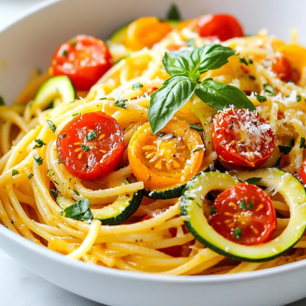 Um eine leckere Tomaten-Zucchini-Pasta zu machen, brauchst du folgende Hauptzutaten: - 225 g Spaghetti oder andere Pasta nach Wahl - 2 mittlere Zucchini, spiralisiert oder in Scheiben geschnitten - 2 Tassen Kirschtomaten, halbiert - 3 Knoblauchzehen, fein gehackt - 3 Esslöffel Olivenöl - 1 Teelöffel getrockneter Oregano - Salz und Pfeffer nach Geschmack Diese Zutaten ergeben eine bunte und gesunde Mahlzeit. Die Kombination aus Zucchini und Kirschtomaten bringt viel Geschmack und Farbe auf den Teller. Es gibt einige zusätzliche Zutaten, die du verwenden kannst, um deine Pasta zu verfeinern: - 1 Teelöffel zerstoßene rote Pfefferflocken (für etwas Schärfe) - Frische Basilikumblätter zum Garnieren - Geriebener Parmesan (optional) Wenn du keine Kirschtomaten hast, kannst du auch normale Tomaten verwenden. Für eine vegane Option, lass den Parmesan weg. Diese Zutaten machen deine Pasta noch köstlicher. Die Garnierung macht das Essen besonders schön. Hier sind einige Ideen: - Mehr frische Basilikumblätter - Ein Spritzer Olivenöl für extra Geschmack - Gehackte Nüsse oder Samen für Crunch Diese Beläge und Garnierungen sorgen für mehr Geschmack und Textur. Sie machen deine Tomaten-Zucchini-Pasta nicht nur lecker, sondern auch schön anzusehen. {{ingredient_image_2}} Beginne mit der Pasta. Koche 225 g Spaghetti in einem großen Topf mit gesalzenem Wasser. Halte dich an die Packungsanweisung, um die Pasta al dente zu kochen. Wenn die Pasta fertig ist, hebe einen Esslöffel Nudelbrühe auf. Gieße die Pasta ab und stelle sie beiseite. Jetzt kommt das Gemüse. Erhitze 3 Esslöffel Olivenöl in einer großen Pfanne bei mittlerer Hitze. Füge 3 fein gehackte Knoblauchzehen hinzu und brate sie etwa 1 Minute an. Der Knoblauch sollte aromatisch sein. Gib dann 2 mittlere Zucchini, spiralisiert oder in Scheiben geschnitten, und 2 Tassen halbierte Kirschtomaten in die Pfanne. Brate das Gemüse 5-7 Minuten lang, bis es zart, aber knackig ist. Mische die Aromen. Rühre 1 Teelöffel getrockneten Oregano und, falls gewünscht, 1 Teelöffel zerstoßene rote Pfefferflocken ein. Schmecke das Gemüse mit Salz und Pfeffer ab. Jetzt ist es Zeit, die Pasta hinzuzufügen. Gib die gekochte Pasta in die Pfanne und vermenge alles gut. Wenn es zu trocken ist, füge einen Esslöffel der Nudelbrühe hinzu. Serviere die Pasta in Schalen und garniere sie mit frischen Basilikumblättern und geriebenem Parmesan, wenn du magst. Um die beste Pasta zu kochen, verwenden Sie viel Wasser. Ein großer Topf hilft, die Pasta gleichmäßig zu garen. Fügen Sie einen Teelöffel Salz hinzu, wenn das Wasser kocht. Kochen Sie die Pasta genau nach Packungsanweisung. Al dente bedeutet, dass die Pasta fest ist, aber nicht hart. Behalten Sie einen Esslöffel Nudelbrühe, um die Sauce später zu verfeinern. Für die Zucchini gibt es zwei Möglichkeiten. Sie können sie spiralisiert oder in Scheiben schneiden. Spiralisiert ist eine tolle Option, wenn Sie eine nudelartige Textur möchten. Schneiden Sie die Zucchini in gleichmäßige Stücke, damit sie gleichmäßig garen. Braten Sie die Zucchini nur so lange, dass sie zart, aber noch knackig bleibt. So bleibt der Geschmack frisch und lebendig. Die Gewürze machen den Unterschied! Oregano gibt der Pasta einen tollen Geschmack. Wenn Sie es schärfer mögen, fügen Sie zerstoßene rote Pfefferflocken hinzu. Salz und Pfeffer sollten Sie nach Ihrem Geschmack anpassen. Frischer Basilikum am Ende bringt eine schöne Note. Fühlen Sie sich frei, mit den Gewürzen zu experimentieren. Jeder hat andere Vorlieben, und das Kochen soll Spaß machen! Pro Tipps Pasta richtig kochen: Achten Sie darauf, die Pasta in reichlich gesalzenem Wasser zu kochen, um den besten Geschmack zu erzielen. Al dente ist der Schlüssel für die perfekte Textur. Frisches Gemüse verwenden: Für das beste Ergebnis sollten Sie frische, reife Kirschtomaten und Zucchini verwenden. Diese Zutaten sorgen für einen intensiven Geschmack und eine ansprechende Farbe. Variationen ausprobieren: Fühlen Sie sich frei, andere Gemüsesorten hinzuzufügen, wie Paprika oder Spinat, um das Gericht noch abwechslungsreicher zu gestalten. Perfekte Garnitur: Ein Spritzer frisches Olivenöl und frische Kräuter wie Basilikum oder Petersilie geben der Pasta das gewisse Etwas und machen sie noch schmackhafter. {{image_4}} Wenn du eine vegane Version der Tomaten-Zucchini-Pasta machen möchtest, lass den Parmesan weg. Stattdessen kannst du Nährhefe hinzufügen. Sie gibt einen tollen, käsigen Geschmack. Du kannst auch mehr Gemüse wie Paprika oder Spinat hinzufügen. Diese Zutaten machen das Gericht noch bunter und gesünder. Um die Pasta proteinreicher zu machen, füge Kichererbsen oder Linsen hinzu. Diese Hülsenfrüchte sind einfach zu kochen und passen gut zu den Aromen der Pasta. Du kannst sie zusammen mit dem Gemüse anbraten. Auch Tofu oder Tempeh sind gute Optionen. Schneide sie in kleine Würfel und brate sie mit dem Knoblauch an. Nutze saisonales Gemüse, um die Pasta zu variieren. Im Frühling sind Spargel und Erbsen lecker. Im Sommer passen Auberginen und Paprika gut. Im Herbst kannst du Kürbis oder Brokkoli verwenden. Im Winter sind Grünkohl und Wirsing toll. Diese Gemüsesorten bringen frische Aromen in dein Gericht. Um Reste der Tomaten-Zucchini-Pasta zu lagern, verwenden Sie einen luftdichten Behälter. Lassen Sie die Pasta auf Raumtemperatur abkühlen, bevor Sie sie einfüllen. Lagern Sie die Reste im Kühlschrank, um die Frische zu erhalten. Diese Methode hilft, den Geschmack und die Textur zu bewahren. Wenn Sie die Pasta aufwärmen, verwenden Sie eine Pfanne oder die Mikrowelle. In der Pfanne fügen Sie einen Spritzer Olivenöl hinzu. Erhitzen Sie die Pasta bei mittlerer Hitze und rühren Sie gut um. In der Mikrowelle decken Sie die Pasta ab und erhitzen Sie sie in kurzen Intervallen. Mischen Sie sie nach jedem Intervall, damit sie gleichmäßig warm wird. Im Kühlschrank hält sich die Pasta bis zu drei Tage. Achten Sie darauf, sie gut zu verpacken. Wenn Sie die Pasta länger aufbewahren möchten, frieren Sie sie ein. In einem gefrierfesten Behälter bleibt sie bis zu drei Monate frisch. Denken Sie daran, vor dem Verzehr die Pasta langsam im Kühlschrank aufzutauen. Die Zubereitung der Tomaten-Zucchini-Pasta dauert etwa 25 Minuten. Davon entfallen 10 Minuten auf die Vorbereitung und 15 Minuten auf das Kochen. So können Sie schnell ein gesundes Gericht auf den Tisch bringen. Ja, Sie können andere Pastasorten verwenden. Ob Vollkorn, Reis- oder glutenfreie Pasta, alles ist möglich. Achten Sie darauf, die Kochzeit entsprechend anzupassen. Jede Pasta bringt ihren eigenen Geschmack mit. Experimentieren Sie ruhig mit verschiedenen Sorten. Die Tomaten-Zucchini-Pasta ist nicht automatisch glutenfrei, da klassische Pasta aus Weizen besteht. Verwenden Sie jedoch glutenfreie Pasta, um diese Option zu genießen. So bleibt das Gericht für alle verträglich. Diese Tomaten-Zucchini-Pasta ist einfach und lecker. Wir haben die Hauptzutaten, Alternativen und tolle Garnierungen besprochen. Ich habe auch gezeigt, wie man die Pasta perfekt kocht und das Gemüse zubereitet. Zudem erläuterte ich verschiedene Variationen und wie man Reste lagert. Egal, ob du es vegan magst oder mehr Protein willst, diese Pasta passt sich dir an. Mit diesen Tipps kannst du es leicht nachkochen. Probiere es aus und genieße jede Gabel!