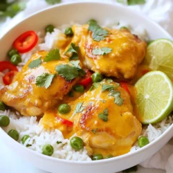 Für Kokosnuss-Hühnchen und Reis brauchst du: - 2 Tassen Jasminreis - 1 Dose (400 ml) Kokosmilch - 1 Tasse Hühnerbrühe - 450 g Hähnchenschenkel, ohne Haut, in Stücke - 1 mittelgroße Zwiebel, fein gehackt - 3 Knoblauchzehen, gehackt - 1 Esslöffel frischer Ingwer, gerieben - 2 Esslöffel Sojasauce - 1 Esslöffel Fischsauce (optional) - 1 Esslöffel brauner Zucker - 1 Teelöffel gemahlener Kurkuma - 1/2 Teelöffel gemahlener Kreuzkümmel - 1/2 Teelöffel schwarzer Pfeffer - 1 Esslöffel Olivenöl - 1 rote Paprika, in Scheiben - 1 Tasse gefrorene Erbsen - Frischer Koriander zum Garnieren - Limettenschnitze zum Servieren Die Hauptzutaten bieten viele Nährstoffe. Jasminreis ist eine gute Kohlenhydratquelle. Kokosmilch enthält gesunde Fette. Hähnchen bietet viel Protein. Zwiebeln und Knoblauch fördern die Gesundheit. Paprika und Erbsen bringen Vitamine und Ballaststoffe. Dies macht das Gericht nahrhaft und lecker. Frische Zutaten bringen den besten Geschmack. Wähle reife Paprika und frische Kräuter. Wenn du getrocknete Gewürze verwendest, achte auf das Haltbarkeitsdatum. Sie verlieren schnell ihren Geschmack. Verwende frische Knoblauchzehen und Ingwer für mehr Aroma. So bleibt dein Kokosnuss-Hühnchen und Reis besonders schmackhaft. {{ingredient_image_2}} Zuerst müssen wir alles bereitstellen. Sammeln Sie alle Zutaten in einer großen Schüssel. Schneiden Sie das Hähnchen in kleine Stücke. Hacken Sie die Zwiebel und den Knoblauch fein. Reiben Sie den Ingwer und schneiden Sie die Paprika in Scheiben. Diese Schritte machen das Kochen einfacher und schneller. Erhitzen Sie das Olivenöl in einem großen Topf auf mittlerer Hitze. Fügen Sie die Zwiebel hinzu und braten Sie sie an, bis sie weich ist. Das dauert etwa fünf Minuten. Rühren Sie dann den Knoblauch und den Ingwer ein. Nach ein bis zwei Minuten geben Sie die Hähnchenstücke in den Topf. Würzen Sie sie mit Kurkuma, Kreuzkümmel und Pfeffer. Braten Sie das Hähnchen goldbraun, etwa fünf bis sieben Minuten. Jetzt gießen Sie die Kokosmilch und die Hühnerbrühe hinzu. Fügen Sie die Sojasauce, die Fischsauce und den braunen Zucker hinzu. Rühren Sie alles gut um. Geben Sie dann den Jasminreis in den Topf und stellen Sie sicher, dass er in der Flüssigkeit schwimmt. Lassen Sie die Mischung aufkochen, dann reduzieren Sie die Hitze und decken den Topf ab. Kochen Sie das Gericht etwa 15 Minuten lang. Nach 15 Minuten fügen Sie die geschnittene Paprika und die gefrorenen Erbsen hinzu. Decken Sie den Topf wieder ab und kochen Sie weitere fünf bis zehn Minuten. Der Reis sollte nun weich sein und die Flüssigkeit aufgesogen haben. Nehmen Sie den Topf vom Herd und lassen Sie ihn fünf Minuten ruhen. Lockern Sie den Reis mit einer Gabel auf. Servieren Sie das Kokosnuss-Hühnchen und den Reis in Schüsseln. Garnieren Sie das Gericht mit frischem Koriander und Limettenschnitzen. Genießen Sie die Aromen! Um das beste Kokosnuss-Hühnchen und Reis zu machen, achte auf die folgenden Tipps: - Reis gut waschen: Wasche den Jasminreis mit kaltem Wasser, um überschüssige Stärke zu entfernen. Das hilft, den Reis locker zu machen. - Zwiebel goldbraun braten: Brate die Zwiebel, bis sie goldbraun ist. So erhält das Gericht mehr Geschmack. - Hähnchen richtig anbraten: Brate das Hähnchen scharf an. So wird es außen knusprig und bleibt innen saftig. Hier sind einige Fehler, die du vermeiden solltest: - Zu viel Flüssigkeit: Verwende die richtige Menge Kokosmilch und Hühnerbrühe. Zu viel Flüssigkeit macht den Reis matschig. - Reis nicht einweichen: Lass den Reis nicht einweichen, bevor du ihn kochst. Das sorgt für die beste Textur. - Deckel während des Kochens abnehmen: Halte den Deckel während des Kochens geschlossen. So bleibt der Dampf im Topf. Möchtest du den Geschmack verbessern? Hier sind meine besten Tipps: - Frische Kräuter verwenden: Frischer Koriander gibt dem Gericht einen tollen Geschmack. - Limettensaft hinzufügen: Spritze etwas Limettensaft über das fertige Gericht. Das bringt Frische. - Gewürze anpassen: Experimentiere mit mehr Gewürzen. Zum Beispiel, füge etwas Chili für Schärfe hinzu. Mit diesen Tipps machst du dein Kokosnuss-Hühnchen und Reis noch besser! Pro Tipps Reis richtig kochen: Stellen Sie sicher, dass der Reis vollständig in der Flüssigkeit eingetaucht ist, um gleichmäßiges Garen zu gewährleisten. Aromen intensivieren: Wenn Sie mehr Geschmack wünschen, lassen Sie das Hähnchen vor dem Kochen einige Stunden in der Sojasauce marinieren. Gemüsevariationen: Fügen Sie zusätzliches Gemüse wie Brokkoli oder Karotten hinzu, um das Gericht noch nahrhafter zu gestalten. Koriander frisch halten: Für den besten Geschmack verwenden Sie frischen Koriander kurz vor dem Servieren, um seine Aromen zu bewahren. {{image_4}} Wenn Sie eine vegetarische oder vegane Option suchen, nutzen Sie Tofu oder Tempeh. Schneiden Sie den Tofu in Würfel und braten Sie ihn goldbraun. Verwenden Sie Gemüsebrühe anstelle von Hühnerbrühe. Fügen Sie mehr Gemüse wie Karotten oder Zucchini hinzu. Diese Optionen machen das Gericht leicht und lecker. Experimentieren Sie mit verschiedenen Gewürzen. Fügen Sie zum Beispiel geräucherten Paprika für eine rauchige Note hinzu. Oder probieren Sie frischen Koriander für mehr Frische. Curry-Pulver kann auch eine interessante Wendung geben. Jedes Gewürz bringt seinen eigenen Geschmack ins Gericht. Nutzen Sie frische, saisonale Zutaten für mehr Geschmack. Im Frühling können Sie Spargel oder Erbsen verwenden. Im Sommer sind Zucchini und Tomaten großartig. Im Herbst passen Kürbis und Süßkartoffeln gut dazu. Im Winter können Sie Wurzelgemüse wie Karotten oder Pastinaken verwenden. Saisonale Zutaten machen das Gericht bunt und nahrhaft. Um die Reste von Kokosnuss-Hühnchen und Reis frisch zu halten, bewahren Sie sie in einem luftdichten Behälter auf. Lassen Sie das Gericht zuerst auf Raumtemperatur abkühlen, bevor Sie es in den Kühlschrank stellen. So verhindern Sie, dass sich Kondenswasser bildet, das die Textur beeinträchtigen kann. Stellen Sie sicher, dass Sie die Reste innerhalb von zwei Stunden nach dem Kochen aufbewahren, um die Sicherheit zu gewährleisten. Beim Aufwärmen ist es wichtig, die Frische zu bewahren. Verwenden Sie die Mikrowelle oder einen Topf. Wenn Sie die Mikrowelle nutzen, decken Sie den Behälter mit einem feuchten Papiertuch ab. Das hilft, das Gericht feucht zu halten. Erwärmen Sie es in kurzen Zeitintervallen, um ein Überkochen zu vermeiden. Wenn Sie einen Topf verwenden, fügen Sie einen Schuss Hühnerbrühe oder Wasser hinzu, um den Reis aufzulockern. Erhitzen Sie das Gericht bei mittlerer Hitze und rühren Sie regelmäßig um. Kokosnuss-Hühnchen und Reis halten sich im Kühlschrank etwa drei bis vier Tage. Wenn Sie die Reste länger aufbewahren möchten, frieren Sie das Gericht ein. In einem gut verschlossenen Behälter hält es sich bis zu drei Monate im Gefrierschrank. Achten Sie darauf, das Gericht gut zu beschriften, damit Sie genau wissen, was sich im Gefrierfach befindet. Zum Auftauen stellen Sie das gefrorene Gericht einfach über Nacht in den Kühlschrank oder verwenden Sie die Mikrowelle im Auftau-Modus. Die Zubereitung von Kokosnuss-Hühnchen und Reis dauert etwa 40 Minuten. Dies umfasst 15 Minuten für die Vorbereitung und 25 Minuten zum Kochen. Es ist einfach und schnell, sodass du ein leckeres Gericht in kurzer Zeit genießen kannst. Ja, du kannst das Rezept anpassen! Du kannst das Hähnchen gegen Tofu oder Gemüse ersetzen, wenn du vegetarisch kochen möchtest. Auch die Gewürze kannst du nach deinem Geschmack ändern. Probiere verschiedene Kräuter oder schärfere Gewürze aus, um neue Aromen zu entdecken. Zu Kokosnuss-Hühnchen und Reis passen viele Gemüsesorten. Rote Paprika und Erbsen sind schon im Rezept. Du kannst auch Brokkoli, Zucchini oder Karotten hinzufügen. Diese Gemüse bringen Farbe und Nährstoffe. Experimentiere mit deinem Lieblingsgemüse für mehr Vielfalt in deinem Gericht. In diesem Artikel haben wir die wichtigsten Zutaten für Kokosnuss-Hühnchen und Reis besprochen. Wir haben gelernt, wie man diese Zutaten zubereitet und welche Nährstoffe sie bieten. Außerdem erhielten Sie Tipps zur perfekten Zubereitung und Möglichkeiten für Variationen. Lassen Sie frische und trockene Zutaten für den besten Geschmack zusammenkommen. Denken Sie daran, Reste gut aufzubewahren. Probieren Sie verschiedene Gewürze aus, um den Geschmack zu verbessern. Ihre Küche kann nun voller Aromen sein. Genießen Sie die Zubereitung und das Essen!