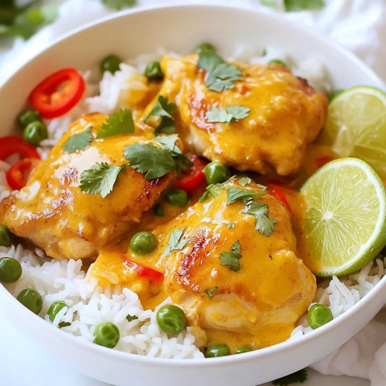 Für Kokosnuss-Hühnchen und Reis brauchst du: - 2 Tassen Jasminreis - 1 Dose (400 ml) Kokosmilch - 1 Tasse Hühnerbrühe - 450 g Hähnchenschenkel, ohne Haut, in Stücke - 1 mittelgroße Zwiebel, fein gehackt - 3 Knoblauchzehen, gehackt - 1 Esslöffel frischer Ingwer, gerieben - 2 Esslöffel Sojasauce - 1 Esslöffel Fischsauce (optional) - 1 Esslöffel brauner Zucker - 1 Teelöffel gemahlener Kurkuma - 1/2 Teelöffel gemahlener Kreuzkümmel - 1/2 Teelöffel schwarzer Pfeffer - 1 Esslöffel Olivenöl - 1 rote Paprika, in Scheiben - 1 Tasse gefrorene Erbsen - Frischer Koriander zum Garnieren - Limettenschnitze zum Servieren Die Hauptzutaten bieten viele Nährstoffe. Jasminreis ist eine gute Kohlenhydratquelle. Kokosmilch enthält gesunde Fette. Hähnchen bietet viel Protein. Zwiebeln und Knoblauch fördern die Gesundheit. Paprika und Erbsen bringen Vitamine und Ballaststoffe. Dies macht das Gericht nahrhaft und lecker. Frische Zutaten bringen den besten Geschmack. Wähle reife Paprika und frische Kräuter. Wenn du getrocknete Gewürze verwendest, achte auf das Haltbarkeitsdatum. Sie verlieren schnell ihren Geschmack. Verwende frische Knoblauchzehen und Ingwer für mehr Aroma. So bleibt dein Kokosnuss-Hühnchen und Reis besonders schmackhaft. {{ingredient_image_2}} Zuerst müssen wir alles bereitstellen. Sammeln Sie alle Zutaten in einer großen Schüssel. Schneiden Sie das Hähnchen in kleine Stücke. Hacken Sie die Zwiebel und den Knoblauch fein. Reiben Sie den Ingwer und schneiden Sie die Paprika in Scheiben. Diese Schritte machen das Kochen einfacher und schneller. Erhitzen Sie das Olivenöl in einem großen Topf auf mittlerer Hitze. Fügen Sie die Zwiebel hinzu und braten Sie sie an, bis sie weich ist. Das dauert etwa fünf Minuten. Rühren Sie dann den Knoblauch und den Ingwer ein. Nach ein bis zwei Minuten geben Sie die Hähnchenstücke in den Topf. Würzen Sie sie mit Kurkuma, Kreuzkümmel und Pfeffer. Braten Sie das Hähnchen goldbraun, etwa fünf bis sieben Minuten. Jetzt gießen Sie die Kokosmilch und die Hühnerbrühe hinzu. Fügen Sie die Sojasauce, die Fischsauce und den braunen Zucker hinzu. Rühren Sie alles gut um. Geben Sie dann den Jasminreis in den Topf und stellen Sie sicher, dass er in der Flüssigkeit schwimmt. Lassen Sie die Mischung aufkochen, dann reduzieren Sie die Hitze und decken den Topf ab. Kochen Sie das Gericht etwa 15 Minuten lang. Nach 15 Minuten fügen Sie die geschnittene Paprika und die gefrorenen Erbsen hinzu. Decken Sie den Topf wieder ab und kochen Sie weitere fünf bis zehn Minuten. Der Reis sollte nun weich sein und die Flüssigkeit aufgesogen haben. Nehmen Sie den Topf vom Herd und lassen Sie ihn fünf Minuten ruhen. Lockern Sie den Reis mit einer Gabel auf. Servieren Sie das Kokosnuss-Hühnchen und den Reis in Schüsseln. Garnieren Sie das Gericht mit frischem Koriander und Limettenschnitzen. Genießen Sie die Aromen! Um das beste Kokosnuss-Hühnchen und Reis zu machen, achte auf die folgenden Tipps: - Reis gut waschen: Wasche den Jasminreis mit kaltem Wasser, um überschüssige Stärke zu entfernen. Das hilft, den Reis locker zu machen. - Zwiebel goldbraun braten: Brate die Zwiebel, bis sie goldbraun ist. So erhält das Gericht mehr Geschmack. - Hähnchen richtig anbraten: Brate das Hähnchen scharf an. So wird es außen knusprig und bleibt innen saftig. Hier sind einige Fehler, die du vermeiden solltest: - Zu viel Flüssigkeit: Verwende die richtige Menge Kokosmilch und Hühnerbrühe. Zu viel Flüssigkeit macht den Reis matschig. - Reis nicht einweichen: Lass den Reis nicht einweichen, bevor du ihn kochst. Das sorgt für die beste Textur. - Deckel während des Kochens abnehmen: Halte den Deckel während des Kochens geschlossen. So bleibt der Dampf im Topf. Möchtest du den Geschmack verbessern? Hier sind meine besten Tipps: - Frische Kräuter verwenden: Frischer Koriander gibt dem Gericht einen tollen Geschmack. - Limettensaft hinzufügen: Spritze etwas Limettensaft über das fertige Gericht. Das bringt Frische. - Gewürze anpassen: Experimentiere mit mehr Gewürzen. Zum Beispiel, füge etwas Chili für Schärfe hinzu. Mit diesen Tipps machst du dein Kokosnuss-Hühnchen und Reis noch besser! Pro Tipps Reis richtig kochen: Stellen Sie sicher, dass der Reis vollständig in der Flüssigkeit eingetaucht ist, um gleichmäßiges Garen zu gewährleisten. Aromen intensivieren: Wenn Sie mehr Geschmack wünschen, lassen Sie das Hähnchen vor dem Kochen einige Stunden in der Sojasauce marinieren. Gemüsevariationen: Fügen Sie zusätzliches Gemüse wie Brokkoli oder Karotten hinzu, um das Gericht noch nahrhafter zu gestalten. Koriander frisch halten: Für den besten Geschmack verwenden Sie frischen Koriander kurz vor dem Servieren, um seine Aromen zu bewahren. {{image_4}} Wenn Sie eine vegetarische oder vegane Option suchen, nutzen Sie Tofu oder Tempeh. Schneiden Sie den Tofu in Würfel und braten Sie ihn goldbraun. Verwenden Sie Gemüsebrühe anstelle von Hühnerbrühe. Fügen Sie mehr Gemüse wie Karotten oder Zucchini hinzu. Diese Optionen machen das Gericht leicht und lecker. Experimentieren Sie mit verschiedenen Gewürzen. Fügen Sie zum Beispiel geräucherten Paprika für eine rauchige Note hinzu. Oder probieren Sie frischen Koriander für mehr Frische. Curry-Pulver kann auch eine interessante Wendung geben. Jedes Gewürz bringt seinen eigenen Geschmack ins Gericht. Nutzen Sie frische, saisonale Zutaten für mehr Geschmack. Im Frühling können Sie Spargel oder Erbsen verwenden. Im Sommer sind Zucchini und Tomaten großartig. Im Herbst passen Kürbis und Süßkartoffeln gut dazu. Im Winter können Sie Wurzelgemüse wie Karotten oder Pastinaken verwenden. Saisonale Zutaten machen das Gericht bunt und nahrhaft. Um die Reste von Kokosnuss-Hühnchen und Reis frisch zu halten, bewahren Sie sie in einem luftdichten Behälter auf. Lassen Sie das Gericht zuerst auf Raumtemperatur abkühlen, bevor Sie es in den Kühlschrank stellen. So verhindern Sie, dass sich Kondenswasser bildet, das die Textur beeinträchtigen kann. Stellen Sie sicher, dass Sie die Reste innerhalb von zwei Stunden nach dem Kochen aufbewahren, um die Sicherheit zu gewährleisten. Beim Aufwärmen ist es wichtig, die Frische zu bewahren. Verwenden Sie die Mikrowelle oder einen Topf. Wenn Sie die Mikrowelle nutzen, decken Sie den Behälter mit einem feuchten Papiertuch ab. Das hilft, das Gericht feucht zu halten. Erwärmen Sie es in kurzen Zeitintervallen, um ein Überkochen zu vermeiden. Wenn Sie einen Topf verwenden, fügen Sie einen Schuss Hühnerbrühe oder Wasser hinzu, um den Reis aufzulockern. Erhitzen Sie das Gericht bei mittlerer Hitze und rühren Sie regelmäßig um. Kokosnuss-Hühnchen und Reis halten sich im Kühlschrank etwa drei bis vier Tage. Wenn Sie die Reste länger aufbewahren möchten, frieren Sie das Gericht ein. In einem gut verschlossenen Behälter hält es sich bis zu drei Monate im Gefrierschrank. Achten Sie darauf, das Gericht gut zu beschriften, damit Sie genau wissen, was sich im Gefrierfach befindet. Zum Auftauen stellen Sie das gefrorene Gericht einfach über Nacht in den Kühlschrank oder verwenden Sie die Mikrowelle im Auftau-Modus. Die Zubereitung von Kokosnuss-Hühnchen und Reis dauert etwa 40 Minuten. Dies umfasst 15 Minuten für die Vorbereitung und 25 Minuten zum Kochen. Es ist einfach und schnell, sodass du ein leckeres Gericht in kurzer Zeit genießen kannst. Ja, du kannst das Rezept anpassen! Du kannst das Hähnchen gegen Tofu oder Gemüse ersetzen, wenn du vegetarisch kochen möchtest. Auch die Gewürze kannst du nach deinem Geschmack ändern. Probiere verschiedene Kräuter oder schärfere Gewürze aus, um neue Aromen zu entdecken. Zu Kokosnuss-Hühnchen und Reis passen viele Gemüsesorten. Rote Paprika und Erbsen sind schon im Rezept. Du kannst auch Brokkoli, Zucchini oder Karotten hinzufügen. Diese Gemüse bringen Farbe und Nährstoffe. Experimentiere mit deinem Lieblingsgemüse für mehr Vielfalt in deinem Gericht. In diesem Artikel haben wir die wichtigsten Zutaten für Kokosnuss-Hühnchen und Reis besprochen. Wir haben gelernt, wie man diese Zutaten zubereitet und welche Nährstoffe sie bieten. Außerdem erhielten Sie Tipps zur perfekten Zubereitung und Möglichkeiten für Variationen. Lassen Sie frische und trockene Zutaten für den besten Geschmack zusammenkommen. Denken Sie daran, Reste gut aufzubewahren. Probieren Sie verschiedene Gewürze aus, um den Geschmack zu verbessern. Ihre Küche kann nun voller Aromen sein. Genießen Sie die Zubereitung und das Essen!