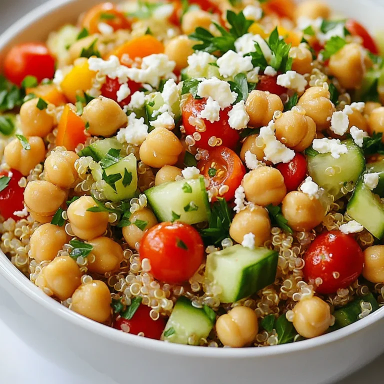 - 1 Tasse gekochter Quinoa - 1 Dose (425 g) Kichererbsen, abgetropft und abgespült - 1 Tasse Kirschtomaten, halbiert - 1 Gurke, gewürfelt - 1 rote Paprika, gewürfelt - 1/2 rote Zwiebel, fein gehackt - 1/4 Tasse frische Petersilie, gehackt - Saft von 1 Zitrone - 2 Esslöffel Olivenöl - 1 Teelöffel Kreuzkümmel - Salz und Pfeffer nach Geschmack Gekochter Quinoa und Kichererbsen sind die Hauptdarsteller in diesem Salat. Quinoa bringt eine nussige Note und viel Protein. Kichererbsen sind ebenfalls proteinreich und geben dem Salat eine tolle Textur. Frisches Gemüse macht den Salat bunt und knackig. Kirschtomaten fügen eine süße Note hinzu, während Gurke und rote Paprika für Frische sorgen. Rote Zwiebel gibt einen kleinen Zwiebelgeschmack, der gut harmoniert. Petersilie bringt Farbe und einen frischen Geschmack ins Spiel. Das Dressing ist einfach und lecker. Zitronensaft gibt einen spritzigen Kick. Olivenöl sorgt für eine schöne, glatte Konsistenz. Kreuzkümmel fügt eine würzige Note hinzu. Salz und Pfeffer runden alles ab. Diese Zutaten sind nicht nur gesund, sondern auch leicht zu finden. Sie machen den Salat zu einer perfekten Wahl für jede Mahlzeit. {{ingredient_image_2}} Zuerst mischen wir den gekochten Quinoa mit den Kichererbsen. Nimm eine große Rührschüssel. Gib die Tasse Quinoa und die Dose Kichererbsen hinein. Mische gut, bis alles gleichmäßig verteilt ist. Als Nächstes bereite das Gemüse vor. Halbiere die Kirschtomaten und würfle die Gurke und die rote Paprika. Hacke die rote Zwiebel fein. Füge dann alles zusammen mit der gehackten Petersilie zur Schüssel hinzu. Mische die Zutaten vorsichtig, um den Quinoa und die Kichererbsen nicht zu zerdrücken. Jetzt machen wir das Dressing. Nimm eine kleine Schüssel. Gib den Zitronensaft, das Olivenöl, den Kreuzkümmel, Salz und Pfeffer hinein. Verquirle alles gut. Das Dressing sollte gut vermischt sein, bevor du es über den Salat gießt. Gieße das Dressing über die Salatzutaten. Mische vorsichtig, bis alles gleichmäßig bedeckt ist. Wenn du Feta-Käse magst, streue ihn jetzt über den Salat. Mache einen leichten Toss, damit der Feta gut verteilt wird. Lass den Salat etwa 10 Minuten rasten. So ziehen die Aromen gut durch. Danach ist dein gesunder, proteinreicher Salat bereit zum Servieren! - Quinoa im Voraus kochen: Kochen Sie Quinoa einen Tag vorher. So sparen Sie Zeit. Gekochte Quinoa hält sich gut im Kühlschrank. Sie bleibt frisch und lecker. - Verwendung von frischen Kräutern: Frische Kräuter machen den Salat lebendig. Petersilie, Basilikum oder Schnittlauch sind tolle Optionen. Sie bringen Farbe und Geschmack in den Salat. - Präsentation in Einmachgläsern: Servieren Sie den Salat in Einmachgläsern. Es sieht toll aus und ist praktisch. Jeder bekommt eine Portion. Das macht das Essen einfach und sauber. - Garnierungen für zusätzlichen Geschmack: Garnieren Sie den Salat mit Zitronenspalten oder extra Petersilie. Es bietet einen schönen Kontrast und einen Frischekick. Diese kleinen Extras machen viel aus. - Portionen für größere Gruppen: Wenn Sie für viele Leute kochen, verdoppeln Sie die Zutaten. Der Salat ist einfach zu skalieren. So können Sie sicherstellen, dass jeder genug hat. Pro Tipps Frische Zutaten wählen: Verwenden Sie frisches Gemüse und Kräuter, um den Geschmack des Salats zu intensivieren. Quinoa richtig kochen: Achten Sie darauf, die Quinoa vor dem Kochen gründlich zu spülen, um Bitterstoffe zu entfernen. Dressing vorher zubereiten: Bereiten Sie das Dressing im Voraus zu, damit die Aromen gut durchziehen können. Variationen ausprobieren: Experimentieren Sie mit anderen Gemüsesorten oder Hülsenfrüchten, um neue Geschmackskombinationen zu entdecken. {{image_4}} Um den Salat noch sättigender zu machen, füge Tofu oder Tempeh hinzu. Diese Optionen sind eine großartige Proteinquelle. Du kannst sie einfach anbraten oder marinieren. Schneide sie in kleine Stücke und mische sie dann in den Salat. Nüsse und Samen sind ebenfalls eine perfekte Wahl. Mandeln, Walnüsse oder Sonnenblumenkerne bringen einen knusprigen Biss. Sie erhöhen den Nährstoffgehalt und geben mehr Textur. Streue einfach eine Handvoll Nüsse oder Samen über den Salat. Olivenöl-Dressings sind beliebt, aber du kannst auch andere Optionen ausprobieren. Ein Joghurt-Dressing macht den Salat cremiger. Für etwas Exotik nutze ein asiatisches Dressing mit Sojasauce und Sesamöl. Mediterrane Dressings mit Zitronensaft und Kräutern sind frisch und lecker. Sie passen gut zu den Aromen im Salat. Experimentiere mit verschiedenen Kombinationen, um deinen Favoriten zu finden. Verwende saisonales Gemüse, um den Salat abwechslungsreich zu halten. Im Frühling sind Spargel und Radieschen toll. Im Sommer kannst du Zucchini und frische Erbsen nutzen. Im Herbst sind Kürbis und Rüben perfekt. Für Feiertagsfrühstücke oder Barbecues kannst du den Salat anpassen. Füge frische Früchte wie Äpfel oder Granatapfelkerne hinzu. Diese sorgen für eine süße Note und eine festliche Farbe. Um den Salat frisch zu halten, sollten Sie ihn in einem luftdichten Behälter aufbewahren. Verwenden Sie Glasbehälter, da sie keine Chemikalien abgeben. Legen Sie ein Papiertuch oben hinein. Es nimmt die Feuchtigkeit auf und hält den Salat knackig. Lagern Sie den Salat im Kühlschrank. So bleibt er für einige Tage frisch. Der Salat ist im Kühlschrank etwa drei bis vier Tage haltbar. Achten Sie darauf, die Zutaten nicht zu lange stehen zu lassen. Wenn der Salat matschig oder unappetitlich aussieht, ist es besser, ihn wegzuwerfen. Feta-Käse kann die Haltbarkeit verringern. Daher sollten Sie ihn separat lagern, falls möglich. Für ein Mittagessen zum Mitnehmen füllen Sie den Salat in ein Einmachglas. Beginnen Sie mit dem Dressing am Boden. Dann schichten Sie die schwereren Zutaten, wie Kichererbsen und Quinoa. Fügen Sie die frischen Zutaten oben hinzu. So bleibt alles frisch bis zur Essenszeit. Diese Art der Vorbereitung macht auch das Essen einfach und Spaß. Quinoa und Kichererbsen sind echte Kraftpakete. Quinoa ist ein vollständiges Protein. Es hat alle neun Aminosäuren. Das macht es perfekt für Vegetarier. Kichererbsen sind reich an Ballaststoffen. Sie helfen, die Verdauung gesund zu halten. Beide Zutaten sind auch reich an Vitaminen und Mineralien. Sie fördern die Gesundheit des Herzens und unterstützen den Stoffwechsel. Ja, du kannst den Salat im Voraus machen! Ich empfehle, den Quinoa und die Kichererbsen am Vortag zu kochen. Das spart Zeit am Tag der Zubereitung. Bereite das Gemüse und das Dressing ebenfalls früher vor. Bewahre den Salat dann im Kühlschrank auf. Mische alles erst kurz vor dem Servieren. So bleibt der Salat frisch und knackig. Es gibt viele Möglichkeiten, den Salat proteinreicher zu gestalten. Du kannst Tofu oder Tempeh hinzufügen. Diese pflanzlichen Proteine sind lecker und nahrhaft. Auch Nüsse oder Samen sind eine gute Wahl. Mandeln, Walnüsse oder Chiasamen geben zusätzlichen Crunch. Du kannst auch mehr Kichererbsen oder Quinoa verwenden. So wird der Salat noch sättigender und nahrhafter. Dieser Salat bietet gesunde Zutaten wie Quinoa und Kichererbsen. Frisches Gemüse wie Tomaten und Gurken sorgt für Farbe und Geschmack. Das Dressing aus Zitronensaft und Gewürzen rundet alles ab. Ihr habt nun ein Rezept, das leicht variierbar ist. Mit zusätzlichen Proteinen oder saisonalem Gemüse könnt ihr euren eigenen Twist geben. Den Salat im Voraus zuzubereiten oder in Einmachgläsern zu servieren, macht es einfach. Dieser Salat ist nicht nur gesund, sondern auch flexibel und lecker. Probiert verschiedene Variationen aus und findet eure Lieblingskombination!