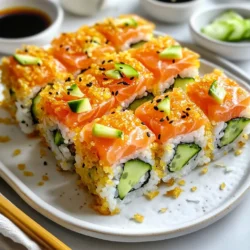 - 2 Tassen Sushi-Reis - 2 1/2 Tassen Wasser - 1/4 Tasse Reisessig - 2 Esslöffel Zucker - 1 Esslöffel Salz - 1/2 Pfund Sushi-Qualität Lachs, gewürfelt - 1 reife Avocado, in Scheiben geschnitten - 1 Gurke, in Streifen geschnitten (Julienne) - 1 Tasse Panko-Brösel - 1 Esslöffel Sesamöl - Sojasauce, zum Dippen - Wasabi und eingelegter Ingwer, zum Servieren Die Hauptzutaten sind einfach zu finden. Sushi-Reis ist ein Muss. Er gibt dem Gericht die richtige Textur. Reisessig, Zucker und Salz sorgen für den perfekten Geschmack. Du kannst auch frischen Lachs, Avocado und Gurke verwenden, um die Sushi-Stücke zu belegen. - Sushi-Matte - Scharfes Messer - Servierteller - Frische Kräuter (z. B. Koriander oder Schnittlauch) Eine Sushi-Matte hilft dir, die Stücke gleichmäßig zu rollen. Ein scharfes Messer sorgt dafür, dass die Schnitte sauber sind. Frische Kräuter geben deinem Gericht Farbe und einen frischen Geschmack. Achte darauf, frischen Lachs zu kaufen. Er sollte fest und glänzend sein. Die Avocado muss reif, aber nicht überreif sein. Die Gurke sollte knackig und frisch aussehen. Wenn die Zutaten frisch sind, schmeckt dein Crispy Rice Sushi viel besser. {{ingredient_image_2}} Zuerst spülst du den Sushi-Reis unter kaltem Wasser. Das entfernt die überschüssige Stärke. Du solltest weiter spülen, bis das Wasser klar ist. Dann gibst du den Reis zusammen mit 2,5 Tassen Wasser in einen Reiskocher oder Topf. Koche den Reis gemäß den Anweisungen. Wenn das Wasser kocht, reduziere die Hitze und decke den Topf ab. Lass den Reis 20 Minuten köcheln. Nach dem Kochen nimmst du den Reis vom Herd und lässt ihn 10 Minuten ruhen. In einer kleinen Schüssel mischst du 1/4 Tasse Reisessig, 2 Esslöffel Zucker und 1 Esslöffel Salz. Rühre, bis sich alles aufgelöst hat. Hebe diese Mischung vorsichtig unter den Reis. Dadurch wird der Reis gut gewürzt. Verteile den gewürzten Reis gleichmäßig auf einem Backblech. Lass ihn auf Raumtemperatur abkühlen. Wenn der Reis abgekühlt ist, drücke ihn in eine Form, etwa 1,5 cm dick. Stelle die Form für 30 Minuten in den Kühlschrank. Erhitze eine beschichtete Pfanne bei mittlerer Hitze und gib 1 Esslöffel Sesamöl hinzu. Schneide den gekühlten Reis in Stücke, etwa 5 cm groß. Wälze jedes Stück in 1 Tasse Panko-Bröseln, bis es gleichmäßig bedeckt ist. Lege die panierten Reisstücke vorsichtig in die heiße Pfanne. Brate sie 2-3 Minuten auf jeder Seite, bis sie goldbraun und knusprig sind. Nimm sie heraus und lege sie auf ein Küchenpapier, um überschüssiges Öl abtropfen zu lassen. Jetzt kannst du die knusprigen Reisstücke belegen. Lege einen Würfel Lachs, eine Scheibe Avocado und einige Gurkenstreifen auf jedes Stück. Garniere sie nach Wunsch mit Sojasauce, Wasabi und eingelegtem Ingwer. Um die perfekte Konsistenz des Reises zu erzielen, spüle den Sushi-Reis gut unter kaltem Wasser. Das entfernt Stärke, die den Reis klebrig macht. Koche den Reis genau nach den Anweisungen. Lass ihn nach dem Kochen 10 Minuten ruhen. Diese Ruhezeit macht den Reis lockerer und flauschiger. Das Wälzen in Panko-Bröseln ist einfach. Schneide den abgekühlten Reis in gleichmäßige Stücke. Drücke jedes Stück leicht zusammen, um es stabil zu halten. Tauche es in die Panko-Brösel. Wälze es gut, bis es gleichmäßig bedeckt ist. Diese Technik sorgt für eine knusprige Textur. Präsentiere dein Crispy Rice Sushi auf einem schönen Servierteller. Lege die Sushi-Stücke nebeneinander und achte auf Ordnung. Füge frische Kräuter wie Koriander oder Schnittlauch hinzu. Diese verleihen Farbe und Frische. Serviere Sojasauce, Wasabi und eingelegten Ingwer dazu. So hat jeder Gast etwas zum Dippen. Pro Tipps Reis richtig waschen: Spüle den Sushi-Reis gründlich, bis das Wasser klar ist, um überschüssige Stärke zu entfernen und eine bessere Textur zu erhalten. Reis richtig abkühlen: Lasse den gewürzten Reis auf Raumtemperatur abkühlen, bevor du ihn formst, damit er die richtige Konsistenz behält. Panko-Brösel gleichmäßig verwenden: Achte darauf, dass die Panko-Brösel gleichmäßig um jeden Reisklotz verteilt sind, um eine schöne, knusprige Kruste zu erzielen. Frisch servieren: Serviere die Crispy Rice Sushi sofort nach dem Braten, um die Knusprigkeit zu erhalten und die Aromen frisch zu genießen. {{image_4}} Crispy Rice Sushi ist sehr vielseitig. Du kannst mit verschiedenen Füllungen experimentieren. Probiere zum Beispiel Thunfisch oder Garnelen. Diese Fische passen gut zu dem knusprigen Reis. Auch Gemüse kann eine tolle Wahl sein. Denke an Paprika oder Karotten. Sie bringen Farbe und Crunch. Für eine vegetarische Variante nutze Tofu oder Tempeh. Diese Optionen sind proteinreich und lecker. Du kannst auch verschiedene Gemüsesorten verwenden. Zucchini, Spinat oder sogar Mango geben frische Aromen. Kombiniere sie mit Avocado für eine cremige Textur. Das macht dein Sushi besonders und gesund. Saucen machen den Geschmack noch besser. Sojasauce ist klassisch, aber du kannst mehr ausprobieren. Mische Sojasauce mit Honig und Ingwer für eine süßliche Note. Diese Mischung passt gut zu Lachs und Gemüse. Eine Erdnusssauce funktioniert auch gut. Sie gibt deinem Sushi einen nussigen Geschmack. Du kannst sogar scharfe Saucen hinzufügen, wenn du es würziger magst. Du solltest deine Reste in einem luftdichten Behälter aufbewahren. Das hält sie frisch und verhindert Gerüche im Kühlschrank. Achte darauf, dass der Reis nicht zu warm ist, wenn du ihn lagerst. So bleibt die Textur besser. Wenn du die Reste wieder aufwärmen möchtest, nutze eine Pfanne. Erhitze sie ohne Öl bei mittlerer Hitze. Lege die Reisstücke hinein und brate sie 1-2 Minuten auf jeder Seite. So werden sie wieder knusprig. Vermeide die Mikrowelle, da sie den Crunch zerstört. Crispy Rice Sushi bleibt bis zu zwei Tage frisch im Kühlschrank. Nach dieser Zeit kann der Reis weich und die Füllung fade werden. Es ist am besten, Sushi frisch zu genießen, um den besten Geschmack zu haben. Crispy Rice Sushi bleibt im Kühlschrank etwa zwei Tage frisch. Die Knusprigkeit kann jedoch leiden. Bewahre die Stücke in einem luftdichten Behälter auf. Stelle sie nicht neben feuchten Lebensmitteln. So vermeidest du ein Durchweichen. Wenn du die Sushi-Stücke länger aufbewahren möchtest, friere sie ein. Beachte jedoch, dass die Textur beim Auftauen anders sein kann. Ja, du kannst die Füllung nach deinem Geschmack anpassen. Du kannst Lachs durch Thunfisch oder Garnelen ersetzen. Auch Gemüse wie Paprika oder Karotten eignen sich gut. Wenn du eine vegetarische Option wünschst, probiere mit Tofu oder eingelegtem Gemüse. Experimentiere mit verschiedenen Soßen wie Teriyaki oder scharfer Mayo für zusätzlichen Geschmack. Crispy Rice Sushi findet man in vielen Sushi-Restaurants. Frage nach der speziellen „Crispy Rice“-Variante auf der Speisekarte. Oft gibt es kreative Varianten mit verschiedenen Füllungen. Einige Restaurants bieten auch „Crispy Rice“-Sushi als Vorspeise an. Schau in Online-Bewertungen nach, um die besten Orte in deiner Nähe zu finden. Crispy Rice Sushi ist eine leckere und einfache Speise. Wir haben die besten Zutaten, Tipps und Variationen besprochen. Frischer Sushi-Reis und knusprige Panko-Brösel sind ein Muss. Du kannst die Füllungen anpassen und von vegetarischen Optionen profitieren. Vergiss nicht die Lagerungshinweise, um die Knusprigkeit zu bewahren. Die Zubereitung macht Spaß und bringt Freude. Experimentiere mit neuen Aromen und genieße deine Kreationen. So schaffst du ein leckeres Gericht für jeden Anlass.