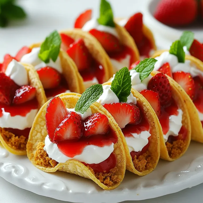 Für die perfekten Erdbeer-Crunch-Cheesecake-Tacos brauchst du folgende Zutaten: - 1 Tasse Graham-Cracker-Brösel - 1/2 Tasse ungesalzene Butter, geschmolzen - 2 Tassen Frischkäse, weichgestellt - 1 Tasse Puderzucker - 1 Teelöffel Vanilleextrakt - 1/2 Tasse Schlagsahne - 1 Tasse frische Erdbeeren, gewürfelt - 1/4 Tasse Erdbeersauce - 12 Mini-Tacoschalen - Schlagsahne zum Garnieren - Frische Minzblätter zum Dekorieren Diese Zutaten geben dir die Basis für einen köstlichen Dessertgenuss. Graham-Cracker-Brösel sind die geheimen Helden deiner Tacos. Sie bringen eine knusprige Textur und einen süßen Geschmack. Um sie zuzubereiten, zerbrich die Graham-Cracker in kleine Stücke und mahle sie dann zu feinen Bröseln. Mische sie mit geschmolzener Butter, um eine leckere Kruste zu schaffen. Diese Mischung formst du dann in die Tacoschalen. Der Geschmack wird so viel besser. Erdbeeren sind der Star dieser Tacos. Wähle frische, reife Erdbeeren aus. Sie sollten rot und saftig sein. Wenn du die Erdbeersauce kaufst, achte darauf, dass sie aus echten Erdbeeren besteht. Du kannst auch deine eigene Sauce machen. Koche Erdbeeren mit etwas Zucker, bis sie weich sind. Püriere sie dann. Diese fruchtige Note macht dein Dessert lebendig und lecker. {{ingredient_image_2}} Zuerst musst du die Graham-Cracker-Brösel vorbereiten. Nimm eine Rührschüssel und gib die Brösel hinein. Füge die geschmolzene Butter hinzu. Rühre gut, bis alle Brösel mit Butter bedeckt sind. Jetzt drücke die Mischung in jede Mini-Tacoschale. Achte darauf, dass der Boden und die Seiten gut bedeckt sind. Backe die Schalen bei 175°C für 5-7 Minuten. Sie sollten goldbraun werden. Lass sie danach vollständig abkühlen. Für die Füllung kommt der Frischkäse in eine große Schüssel. Schlage ihn mit einem Handmixer cremig. Füge nach und nach den Puderzucker und den Vanilleextrakt hinzu. Mische alles, bis die Masse glatt ist. In einer anderen Schüssel schlägst du die Schlagsahne, bis weiche Spitzen entstehen. Hebe die geschlagene Sahne vorsichtig unter die Cheesecake-Mischung. So bleibt die Füllung schön luftig und leicht. Wenn die Tacoschalen abgekühlt sind, fülle sie mit der Cheesecake-Mischung. Du kannst einen Spritzbeutel verwenden oder einfach einen Löffel nehmen. Danach verteile die gewürfelten Erdbeeren gleichmäßig auf der Füllung. Das gibt den Tacos einen frischen Geschmack. Träufle die Erdbeersauce großzügig darüber. Das macht die Tacos süß und sieht toll aus. Toppe jeden Taco mit einem Klecks Schlagsahne und einem frischen Minzblatt. Stelle die Tacos für mindestens 30 Minuten in den Kühlschrank. Dadurch wird die Füllung fest und die Aromen verbinden sich. Um die beste Cheesecake-Konsistenz zu erreichen, achte auf folgende Punkte: - Frischkäse: Wähle weichen, raumtemperierten Frischkäse. So wird die Mischung glatt. - Sahne: Schlage die Sahne, bis weiche Spitzen entstehen. Übermixen führt zu einer schweren Füllung. - Unterheben: Mische die geschlagene Sahne vorsichtig unter die Cheesecake-Masse. Bewege den Löffel sanft, damit die Luft bleibt. Die Dekoration macht deine Tacos besonders. Hier sind einige Ideen: - Erdbeersauce: Träufle sie über die fertigen Tacos für mehr Farbe und Geschmack. - Minzblätter: Frische Minze sorgt für einen schönen Kontrast und frischen Geschmack. - Graham-Cracker: Zerbröselte Graham-Cracker geben einen zusätzlichen Crunch. Streue sie über die Tacos. Einige Fehler können die Freude am Kochen mindern. Hier sind Tipps, um sie zu vermeiden: - Zu viel Sahne schlagen: Wenn die Sahne zu lange geschlagen wird, wird sie butterig. Schlage nur bis weiche Spitzen erscheinen. - Zu warme Tacos: Lass die Tacos nach dem Backen vollständig abkühlen. Sonst wird die Füllung flüssig. - Überladen der Tacos: Fülle die Tacos nicht zu voll. Ein wenig Platz hilft, sie sauber zu essen. Pro Tipps Frischkäse vorbereiten: Stellen Sie sicher, dass der Frischkäse gut weichgestellt ist, um eine glatte und cremige Füllung zu erhalten. Lassen Sie ihn mindestens eine Stunde bei Raumtemperatur stehen. Variationen der Obstfüllung: Experimentieren Sie mit anderen Früchten wie Himbeeren oder Blaubeeren für eine bunte und geschmacklich vielfältige Tacoschicht. Graham-Cracker-Knuspersicht: Für zusätzlichen Crunch können Sie die Graham-Cracker-Brösel mit gerösteten Nüssen oder Kokosraspeln mischen, bevor Sie sie in die Tacoschalen drücken. Serviertemperatur: Diese Tacos schmecken am besten, wenn sie gut gekühlt sind. Planen Sie genügend Zeit ein, um sie im Kühlschrank zu lassen, bevor Sie sie servieren. {{image_4}} Du kannst viele Früchte verwenden. Himbeeren sind eine tolle Wahl. Sie geben einen frischen Geschmack. Blaubeeren passen auch gut dazu. Sie sind süß und saftig. Mango für einen tropischen Twist ist ebenfalls möglich. Jede dieser Früchte bringt einen neuen Geschmack. Du kannst auch eine Mischung aus verschiedenen Früchten probieren. Das macht deine Tacos bunt und lecker. Wenn du glutenfrei kochen möchtest, gibt es einfache Wege. Verwende glutenfreie Graham-Cracker oder Mandelmehl. Das sorgt für einen ähnlichen Crunch. Achte darauf, dass die Tortillas auch glutenfrei sind. Viele Marken bieten glutenfreie Mini-Tacos an. So kannst du die Tacos ohne Gluten genießen und sie bleiben köstlich. Füge verschiedene Aromen hinzu, um die Tacos zu variieren. Eine Prise Zimt in der Cheesecake-Mischung kann sehr lecker sein. Schokoladenstückchen in der Füllung geben eine süße Überraschung. Du kannst auch etwas Limettensaft hinzufügen. Das bringt eine frische Note. Probiere neue Geschmäcker aus und finde deine Lieblingskombination! Um die Erdbeer-Crunch-Cheesecake-Tacos frisch zu halten, lege sie in einen luftdichten Behälter. Das schützt sie vor Feuchtigkeit und Gerüchen. Stelle sicher, dass die Tacos nicht übereinander liegen, um Quetschungen zu vermeiden. Wenn du die Tacos mit Schlagsahne garniert hast, lagere sie getrennt. So bleiben sie knusprig und frisch. Im Kühlschrank halten sich die Tacos bis zu drei Tage. Nach dieser Zeit können sie weich werden. Achte darauf, sie gut abzudecken. So bleiben die Aromen länger erhalten. Wenn du sie länger aufbewahren möchtest, friere sie ein. Um die Tacos einzufrieren, lege sie in einen gefrierfesten Behälter. Friere sie ohne Garnitur ein. So bleibt die Textur optimal. Beim Wiederaufwärmen lasse sie zuerst im Kühlschrank auftauen. Danach kannst du sie kurz im Ofen aufbacken. So werden sie wieder knusprig. Füge frische Schlagsahne und Erdbeersauce hinzu, bevor du sie servierst. Ja, du kannst die Tacos im Voraus zubereiten. Du kannst die Tacoschalen und die Füllung getrennt lagern. Bereite die Schalen bis zu zwei Tage vorher zu. Die Füllung kann einen Tag vorher gemacht werden. So sparst du Zeit, wenn du sie servierst. Du kannst verschiedene Früchte verwenden. Heidelbeeren oder Himbeeren passen gut. Für die Füllung kannst du auch Quark statt Frischkäse nehmen. Ersetze die Erdbeersauce durch andere Fruchtsaucen wie Mango oder Pfirsich für einen neuen Geschmack. Die Tacos halten sich im Kühlschrank etwa zwei bis drei Tage. Achte darauf, sie gut abzudecken, damit sie frisch bleiben. Du kannst die Schalen auch separat lagern, um die Knusprigkeit zu erhalten. Der Erdbeer-Crunch-Cheesecake-Taco ist ein toller Snack. Wir haben die besten Zutaten ausgewählt, wie Graham-Cracker-Brösel und frische Erdbeeren. Die Schritt-für-Schritt-Anleitung hilft dir, schnell loszulegen. Achte auf die Tipps, um den Cheesecake perfekt hinzubekommen. Denk auch an Variationen für mehr Geschmack! Lagere deine Tacos richtig, um die Frische zu bewahren. Mit diesen Tipps und Tricks machst du jedes Mal einen tollen Dessert. Viel Spaß beim Ausprobieren!