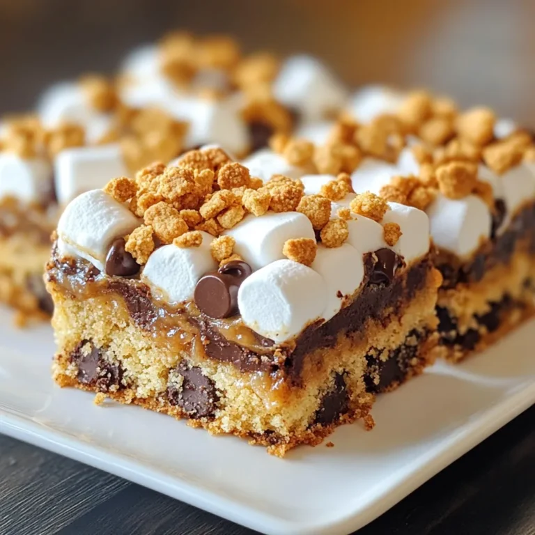 Für die S'mores Cookie Bars brauchst du: - 1 Tasse ungesalzene Butter, weich - 1 Tasse brauner Zucker, gepackt - ½ Tasse Kristallzucker - 2 große Eier - 2 Teelöffel Vanilleextrakt - 2 Tassen Weizenmehl - 1 Teelöffel Backpulver - ½ Teelöffel Salz - 1 Tasse Schokoladenstückchen - 1 Tasse Mini-Marshmallows - 1 Tasse Graham-Cracker (Kekse), zerbröselt Die Maßangaben sind wichtig, um den besten Geschmack zu erreichen. Du kannst auch Alternativen nutzen. Zum Beispiel: - Verwende Kokosöl anstelle von Butter für einen anderen Geschmack. - Ersetze den braunen Zucker mit Honig oder Agavendicksaft, wenn du es süßer magst. - Nutze glutenfreies Mehl, wenn du glutenfrei backen willst. Hochwertige Zutaten machen den Unterschied. Ich empfehle: - Kaufe echte Vanilleextrakte statt Vanillin. - Nutze Schokoladenstückchen mit hohem Kakaoanteil für mehr Geschmack. - Achte auf frische Marshmallows, sie schmelzen besser und geben eine tolle Konsistenz. Mit diesen Zutaten und Tipps wirst du leckere S'mores Cookie Bars zaubern! {{ingredient_image_2}} Heize deinen Ofen auf 175°C vor. Bereite eine 23x33 cm große Backform vor. Lege die Form mit Backpapier aus. Lass das Papier an den Seiten etwas überstehen. So kannst du die Riegel später leicht herausnehmen. Nimm eine große Schüssel. Gib die weiche Butter, den braunen Zucker und den Kristallzucker hinein. Schlage alles mit einem Handmixer oder Holzlöffel cremig. Die Mischung sollte glatt und fluffig werden. Füge die Eier einzeln hinzu und rühre gut um. Am Ende kommt der Vanilleextrakt dazu. Nimm eine separate Schüssel. Vermische das Mehl, Backpulver und Salz gut. Gib die trockenen Zutaten nach und nach in die feuchte Mischung. Rühre, bis alles gerade so vermengt ist. Sei vorsichtig und rühre nicht zu lange. Falte die Schokoladenstückchen und zerbröselten Graham-Cracker in den Teig. Gib die Hälfte des Cookie-Teigs in die Backform und drücke ihn gleichmäßig an. Verteile die Mini-Marshmallows gleichmäßig darüber. Gib dann den restlichen Teig darauf und verstreiche ihn vorsichtig. Backe die Riegel im vorgeheizten Ofen für 20–25 Minuten. Die Ränder sollten goldbraun sein. Ein Zahnstocher sollte fast sauber herauskommen. Die Marshmallows dürfen ein wenig auslaufen. Lass die Cookie-Riegel in der Form vollständig abkühlen. Wenn sie abgekühlt sind, hebe die Riegel mit dem Backpapier heraus. Schneide sie in Quadrate. Serviere sie warm, vielleicht mit Vanilleeis an der Seite. So sind sie besonders lecker! Die Backzeit für S'mores Cookie Bars ist entscheidend. Backe sie 20 bis 25 Minuten bei 175°C. Achte darauf, dass die Ränder goldbraun sind. Ein Zahnstocher sollte fast sauber herauskommen. Die Mitte kann leicht klebrig sein, das ist in Ordnung. So bleibt der Cookie weich und lecker. Ein häufiger Fehler ist, den Teig zu lange zu rühren. Rühre nur, bis die trockenen Zutaten gerade eingearbeitet sind. Übermixen kann die Konsistenz verändern. Achte darauf, die Marshmallows gleichmäßig zu verteilen. Wenn sie nicht gut verteilt sind, können sie in der Mitte bleiben. Das sorgt für ungleichmäßige Süße. Serviere die S'mores Cookie Bars warm. Eine Kugel Vanilleeis passt perfekt dazu. Garniere sie mit zerbröselten Graham-Crackern. Ein Schokoladensirup gibt den letzten Schliff. Du kannst die Riegel auch in kleine Stücke schneiden und in einer schönen Schüssel anrichten. So sehen sie einladend aus. Pro Tips Butter richtig temperieren: Stelle sicher, dass die Butter weich ist, aber nicht geschmolzen. Dies sorgt für eine perfekte Textur des Teigs. Marshmallows gleichmäßig verteilen: Achte darauf, die Mini-Marshmallows gleichmäßig zu verteilen, um sicherzustellen, dass jeder Bissen die süße Leckerei enthält. Teig nicht übermixen: Rühre den Teig nur so lange, bis die Zutaten gerade kombiniert sind, um zähe Riegel zu vermeiden. Abkühlen lassen: Lass die Riegel vollständig in der Form abkühlen, damit sie beim Schneiden nicht auseinanderfallen. {{image_4}} S'mores Cookie Bars können auch glutenfrei sein. Verwende glutenfreies Mehl anstelle von Weizenmehl. Achte darauf, dass die Graham-Cracker ebenfalls glutenfrei sind. So bleibt der Geschmack gleich und alle können genießen. Das Rezept erlaubt viele Schokoladenvariationen. Du kannst Zartbitterschokolade für ein intensiveres Aroma nutzen. Milchschokolade sorgt für eine süßere Note. Misch einfach beide Sorten für einen tollen Geschmack. Füge Nüsse oder Erdnussbutterstückchen hinzu, um die Bars noch schmackhafter zu machen. Walnüsse oder Mandeln geben einen tollen Crunch. Erdnussbutterstückchen bringen eine cremige Textur und einen tollen Geschmack. Experimentiere mit deinen Lieblingszutaten! Um S'mores Cookie Bars frisch zu halten, lege sie in einen luftdichten Behälter. Du kannst Schichten von Riegeln mit Backpapier trennen. Dies verhindert, dass sie zusammenkleben. Stelle den Behälter an einen kühlen, trockenen Ort. So bleiben die Bars lange lecker. S'mores Cookie Bars halten sich bei Raumtemperatur etwa 4 bis 5 Tage. Wenn du sie im Kühlschrank lagerst, halten sie bis zu 1 Woche. Achte darauf, sie gut verpackt zu halten. So verlierst du keine Frische oder Geschmack. Wenn du die Riegel wieder warm genießen möchtest, heize den Ofen auf 150°C vor. Lege die Riegel auf ein Backblech und erwärme sie 5 bis 10 Minuten. Du kannst auch die Mikrowelle nutzen. Erwärme einen Riegel 10 bis 15 Sekunden, um ihn warm und weich zu machen. Serviere sie mit Vanilleeis für einen extra Genuss! Um die Cookie Bars zu peppen, füge Nüsse oder Erdnussbutter hinzu. Diese Zutaten geben einen tollen Crunch. Du kannst auch mehr Schokoladenstückchen verwenden. Dunkle Schokolade bringt einen intensiveren Geschmack. Eine Prise Meersalz obendrauf kann den süßen Geschmack ausbalancieren. Ja, du kannst die Riegel in einer anderen Form backen. Eine runde Form funktioniert gut, aber achte auf die Backzeit. Die Riegel brauchen vielleicht länger oder kürzer. Achte darauf, dass die Riegel goldbraun sind und ein Zahnstocher sauber herauskommt. Falls du keine Graham-Cracker hast, probiere andere Kekse. Digestive-Kekse oder Haferkekse sind gute Alternativen. Du kannst auch Kekse selbst backen, wenn du das magst. Achte darauf, dass die Kekse gut zerbröselt sind. Ja, S'mores Cookie Bars sind perfekt für besondere Anlässe. Sie sind einfach zu machen und kommen bei jedem gut an. Du kannst sie auf Partys oder bei Familienfeiern servieren. Das warme, süße Aroma zieht jeden an. Die Zutaten und Schritte zur Herstellung der S'mores Cookie Riegel sind klar und einfach. Wir haben besprochen, welche Zutaten du brauchst, wie du sie zubereitest und welche Tipps dir helfen, es richtig zu machen. Vergiss nicht, auch kreative Variationen und Lagerungsmethoden auszuprobieren. Diese Riegel sind nicht nur lecker, sondern passen auch zu vielen Anlässen. Viel Spaß beim Backen!