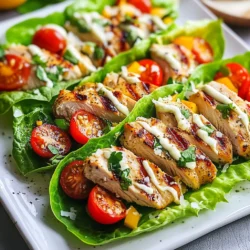 Für das Rezept benötigst du: - 2 große Hähnchenbrustfilets, gegrillt und in Scheiben geschnitten - 1 Tasse Römersalat, Blätter getrennt - 1 Tasse Kirschtomaten, halbiert - 1/4 Tasse Parmesan, gehobelt - 1/2 Tasse Caesar-Dressing (fertig oder hausgemacht) Diese Zutaten geben den Wraps den vollen Geschmack. Das gegrillte Hähnchen sorgt für eine saftige Basis. Der Römersalat gibt einen knackigen Biss. Zusätzlich benötigst du: - 1 Esslöffel Olivenöl - Salz und Pfeffer nach Geschmack Olivenöl bringt gesunde Fette und Geschmack. Salz und Pfeffer sind einfach, aber wichtig, um die Aromen zu verstärken. Du kannst deine Wraps mit folgenden Garnituren aufpeppen: - Frische Petersilie, gehackt - Croutons (optional, für zusätzlichen Crunch) Die gehackte Petersilie bringt Farbe und Frische. Croutons fügen einen tollen Crunch hinzu. Experimentiere mit diesen Zutaten, um deinen Wraps einen persönlichen Touch zu geben! {{ingredient_image_2}} Zuerst erhitzt du den Grill auf mittelhohe Temperatur. Grille die Hähnchenbrustfilets für 6-8 Minuten pro Seite. Das Fleisch sollte durchgegart sein und der Saft klar sein. Danach lasse die Filets ein paar Minuten ruhen. Schneide sie dann in mundgerechte Stücke. Diese Schritte sorgen für zartes und saftiges Hähnchen. Nimm eine große Schüssel und gib die geschnittenen Hähnchenstücke hinein. Mische sie mit Olivenöl, Salz und Pfeffer. Das gibt dem Hähnchen mehr Geschmack. Bereite jetzt einen sauberen Untergrund vor. Lege die Römersalatblätter darauf. Platziere einige Hähnchenstücke in der Mitte jedes Blattes. Füge die halbierten Kirschtomaten und den Parmesan als Topping hinzu. Träufele Caesar-Dressing über die Füllung. Falls du möchtest, streue einige Croutons darüber. Diese geben einen extra Crunch. Zuletzt verziere die Wraps mit frisch gehackter Petersilie. So sehen sie noch besser aus. Richte die Salatwraps auf einer großen Platte an. Du kannst zusätzliches Caesar-Dressing zum Dippen bereitstellen. Es schmeckt einfach besser! Optional kannst du auch bunte Gemüsestreifen wie Paprika hinzufügen. Das sorgt für mehr Farbe und macht das Gericht ansprechender. Genieße dein köstliches und gesundes Gericht! Die beste Grilltemperatur für Hähnchen liegt bei mittelhoch, etwa 200 Grad Celsius. Diese Temperatur sorgt dafür, dass das Hähnchen außen schön knusprig wird, während es innen saftig bleibt. Grille das Hähnchen etwa 6-8 Minuten pro Seite. Achte darauf, dass der Fleischsaft klar ist. Das zeigt, dass es gar ist. Lass das Hähnchen nach dem Grillen kurz ruhen, bevor du es in Stücke schneidest. So bleibt der Saft im Fleisch. Wenn du das Caesar-Dressing ändern möchtest, probiere Joghurt oder Avocado. Beide geben einen tollen Geschmack und sind gesünder. Du kannst auch eine Mischung aus Zitronensaft, Olivenöl und Senf verwenden. Diese Kombination bringt Frische und Tiefe in die Wraps. Für einen scharfen Kick füge etwas Sriracha oder scharfe Sauce hinzu. So wird das Gericht spannend und lecker. Um die Zubereitung zu beschleunigen, grille das Hähnchen im Voraus. Du kannst es auch am Vortag zubereiten und im Kühlschrank aufbewahren. Wenn du die Wraps zusammenstellst, musst du nur noch das Hähnchen aufwärmen. Bereite auch die Salatblätter und die Toppings im Voraus vor. So hast du alles griffbereit, wenn du hungerst. Das spart Zeit und macht das Kochen einfacher. Pro Tipps Hähnchen marinieren: Marinieren Sie das Hähnchen für mindestens 30 Minuten vor dem Grillen, um zusätzlichen Geschmack und Zartheit zu erzielen. Frische Zutaten: Verwenden Sie frische Kirschtomaten und Parmesan, um die Aromen zu intensivieren und eine ansprechende Präsentation zu gewährleisten. Wraps richtig füllen: Achten Sie darauf, die Wraps nicht zu überfüllen, damit sie sich leichter rollen und essen lassen. Vorsicht beim Dressing: Träufeln Sie das Caesar-Dressing vorsichtig über die Füllung, um zu verhindern, dass die Wraps durchweichen. {{image_4}} Wenn du eine vegetarische Variante der Chicken Caesar Lettuce Wraps machen möchtest, ersetze das Hähnchen. Nutze gegrillte Zucchini oder Auberginen als Hauptzutat. Diese Gemüsesorten sind herzhaft und voller Geschmack. Du kannst auch gebratene Kichererbsen verwenden. Sie geben einen tollen Crunch und viel Protein. Du kannst die Wraps bunter und gesünder machen, indem du mehr Gemüse hinzufügst. Schneide Paprika, Karotten oder Gurken in dünne Streifen. Diese Gemüse geben Farbe und sind knackig. Sie passen gut zu dem Caesar-Dressing und dem Hähnchen. Füge die Gemüsestreifen einfach in die Wraps mit dem Hähnchen. Das Dressing ist wichtig für den Geschmack. Probiere verschiedene Dressings, um Abwechslung zu schaffen. Ein Joghurt-Dressing ist leichter und gesünder. Ein Ranch-Dressing kann ebenfalls gut passen. Experimentiere mit verschiedenen Kräutern und Gewürzen, um dein eigenes Dressing zu kreieren. So personalisierst du die Wraps ganz nach deinem Geschmack. Bewahre die Reste der Chicken Caesar Lettuce Wraps in einem luftdichten Behälter auf. Stelle sicher, dass die Wraps nicht übereinanderliegen. Das schützt die frischen Salatblätter vor dem Welken. Wenn du die Wraps wieder aufwärmen möchtest, entferne das Salatblatt. Erwärme das Hähnchen in der Mikrowelle oder in einer Pfanne. Füge frische Salatblätter hinzu, bevor du die Wraps erneut servierst. Das hält sie knackig und lecker. Im Kühlschrank halten sich die Wraps etwa 2 bis 3 Tage. Achte darauf, dass sie gut verpackt sind. Nach dieser Zeit kann der Geschmack und die Textur leiden. Es ist am besten, sie frisch zu genießen! Chicken Caesar Lettuce Wraps sind eine gesunde Wahl. Sie enthalten frisches Gemüse und mageres Hähnchen. Eine Portion hat etwa 300 Kalorien. Der Römersalat hat wenig Kalorien und ist nahrhaft. Wenn du weniger Dressing verwendest, senkst du die Kalorienzahl weiter. Fühle dich frei, die Zutaten nach deinem Geschmack anzupassen. So bleibst du im Kalorienrahmen. Ja, du kannst die Wraps im Voraus machen. Grille das Hähnchen und bereite alles vor. Lagere die Zutaten getrennt im Kühlschrank. So bleiben die Wraps frisch. Fülle die Salatblätter erst kurz vor dem Servieren. Das verhindert, dass sie matschig werden. Diese Methode spart Zeit und macht das Essen stressfreier. Für Meal Prep kannst du eine große Portion machen. Bereite das Hähnchen und das Gemüse vor. Fülle die Wraps in einzelnen Behältern. Achte darauf, das Dressing separat zu lagern. So bleibt alles frisch und lecker. Du kannst auch verschiedene Gemüsearten hinzufügen. Das macht die Wraps bunt und interessant. In diesem Blogbeitrag habe ich die wichtigsten Zutaten und Tipps für Chicken Caesar Lettuce Wraps erklärt. Wir haben die Hauptzutaten, Gewürze und die besten Garnituren besprochen. Ich habe dir gezeigt, wie du das Hähnchen zubereitest und die Wraps zusammenstellst. Außerdem gab es hilfreiche Tipps zur Grilltemperatur und Aufbewahrung. Für mehr Abwechslung kannst du vegetarische Optionen oder unterschiedliche Dressings testen. Diese Wraps sind einfach und lecker. Probiere sie aus und finde deine perfekte Variante!